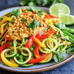 - Zucchini (4 medium, spiralized) - Bell peppers (1 cup, sliced) - Carrots (1 cup, julienned or shredded) - Snap peas (1 cup) - Sesame oil (1 tablespoon) - Garlic (2 cloves, minced) - Creamy peanut butter (1/4 cup) - Soy sauce or tamari (2 tablespoons) - Lime juice (1 tablespoon) - Honey or agave syrup (1 tablespoon) - Sriracha (1 teaspoon, adjust to taste) - Garnishes: Chopped roasted peanuts, fresh cilantro, lime wedges When making my Thai Peanut Zoodle Stir Fry, I focus on fresh and simple ingredients. The zoodles are the star. They add a fun twist and keep the dish light. Spiralizing zucchini is easy and quick. You can use a spiralizer or even a vegetable peeler. Next, I love adding colorful bell peppers. They bring a sweet crunch. Carrots add both color and texture. I prefer using julienned or shredded carrots for this dish. Snap peas give a nice pop and a hint of sweetness. For the pantry items, sesame oil is key. It gives a rich flavor to the stir fry. Fresh garlic adds a lovely aroma and taste. Creamy peanut butter creates a smooth sauce. I use soy sauce or tamari for a savory kick. Lime juice brightens everything up. Honey or agave syrup balances the flavors. I often add sriracha for a little heat. Don't forget the garnishes! Chopped roasted peanuts give a crunchy finish. Fresh cilantro adds a burst of freshness. Lime wedges are perfect for squeezing over the top. All these ingredients come together to make a meal that is both tasty and quick to prepare. - Start by spiralizing 4 medium zucchinis into zoodles. - Slice 1 cup of bell peppers. You can mix colors for fun. - Julienning or shredding 1 cup of carrots adds crunch. - Rinse 1 cup of snap peas and set them aside. - Gather your sauces: peanut butter, soy sauce, lime juice, honey, and sriracha. - Measure each sauce and seasoning carefully. - Heat 1 tablespoon of sesame oil in a large skillet over medium heat. - Add 2 cloves of minced garlic and sauté for about 30 seconds. - Toss in the sliced bell peppers, carrots, and snap peas. - Stir-fry the veggies for 3-4 minutes until they turn bright and slightly tender. - In a small bowl, mix together 1/4 cup of peanut butter, 2 tablespoons of soy sauce, 1 tablespoon of lime juice, 1 tablespoon of honey, and 1 teaspoon of sriracha. - If the sauce is too thick, add a splash of water to loosen it. - Add the spiralized zoodles to the skillet with the veggies. - Pour the peanut sauce over everything and toss gently. - Cook for 2-3 minutes until the zoodles are warm and coated. - Remove from heat and garnish with chopped roasted peanuts and fresh cilantro. - Serve right away with lime wedges on the side for a zesty kick. To stir-fry veggies well, start with a hot pan. A large non-stick skillet or wok works best. Add sesame oil and let it heat. Once hot, toss in minced garlic and sauté it briefly. This step builds flavor. Next, add your sliced bell peppers, carrots, and snap peas. Stir-fry them for about 3-4 minutes. The goal is to keep their colors bright and a slight crunch. To keep zoodles firm, avoid overcooking them. Add them at the end of cooking. Toss them in with the veggies for just 2-3 minutes. This way, they heat through without getting soggy. To change the spice level, use sriracha carefully. Start with a teaspoon. Taste the sauce and add more if you like heat. This gives you control over the spice. If you want to cut calories, use less peanut butter. You can also swap honey for a low-calorie sweetener. Adjust the sweetness to fit your taste. Making zoodles in advance saves time. Spiralize your zucchinis the day before. Store them in an airtight container in the fridge. For quick chopping, use a food processor. It speeds up slicing bell peppers and shredding carrots. This way, you save time and energy when cooking. {{image_2}} You can add tofu or tempeh to make this dish vegetarian. These proteins soak up the peanut sauce well. If you want more flavor, consider adding shrimp or chicken. Cook them first, then mix with the veggies and sauce. Both options boost the protein and make the meal heartier. Feel free to swap in seasonal vegetables. Think broccoli, asparagus, or zucchini flowers. You can also add greens like spinach or kale. These greens add color and nutrients to your stir fry. Just toss them in during the last minute of cooking to keep them fresh and crisp. To make your dish gluten-free, use tamari instead of soy sauce. This easy swap keeps all the flavor while avoiding gluten. If you're vegan, replace honey with agave or maple syrup. Both options work great in the sauce, ensuring you enjoy that sweet flavor without animal products. To store leftovers, place the zoodle stir fry in an airtight container. This keeps it fresh and prevents odor transfer. You can store it in the fridge for up to three days. Enjoy the dish cold or reheated! Yes, you can freeze this dish. However, I recommend freezing only the veggies and sauce. Zoodles can become mushy after thawing. For best results, freeze the stir fry in portions. Use freezer-safe bags or containers to avoid freezer burn. To reheat, use a stovetop to keep the texture intact. Heat over medium heat, adding a splash of water if needed. This keeps the zoodles from getting too soft. You can also use the microwave. Heat in short bursts, stirring in between to prevent uneven cooking. What are the health benefits of zoodles? Zoodles, or zucchini noodles, are low in calories and carbs. They provide fiber, which helps digestion. They are rich in vitamins A and C, which support your immune system. Eating zoodles can help you feel full without the extra calories. They are a great choice for a healthy meal. Can I use non-peanut butter alternatives for allergies? Yes, you can use sunbutter or almond butter as a substitute. These options still give a creamy texture. They add a nice flavor while being safe for those with peanut allergies. Just be sure to check for any other allergens in these alternatives. What can I substitute for sesame oil? You can use olive oil or avocado oil instead. Both options work well for stir-frying. They add a nice flavor without changing the dish too much. If you want to keep a nutty taste, try using toasted walnut oil. Alternatives to soy sauce in this recipe. Tamari is a great gluten-free option for soy sauce. Coconut aminos also work well if you want a soy-free choice. They both provide a salty flavor that blends nicely with the peanut sauce. What pairs well with Thai Peanut Zoodle Stir Fry? This dish goes well with jasmine rice or quinoa for added texture. You can also serve it with fresh spring rolls for a light touch. A side salad with cucumber and carrots enhances the meal. Suggestions for appetizers or sides to complete the meal. Try serving crispy wontons or veggie dumplings as a starter. They add crunch and fun to your meal. A light soup, like miso, works well for a warm start. In this blog post, we explored a delicious Thai Peanut Zoodle Stir Fry. We discussed fresh ingredients and essential pantry staples. We outlined step-by-step cooking instructions. I shared tips for perfecting your stir-frying skills and gave variations for different diets. Lastly, we covered how to store your dish and answered common questions. This dish is not only tasty but also healthy. Enjoy creating your own unique version!
