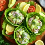 To make Cucumber Dill Tuna Salad Wraps, gather these main ingredients: - 2 cans of tuna in water, drained - 1 cup Greek yogurt - 2 tablespoons Dijon mustard - 1 tablespoon lemon juice - 1 small cucumber, finely diced - ¼ cup red onion, finely chopped - ¼ cup fresh dill, chopped - Salt and black pepper to taste - 4 large lettuce leaves (Romaine or butter lettuce) These ingredients create a creamy, fresh salad that packs a punch of flavor. The Greek yogurt gives a nice tang. The tuna provides protein, while the cucumber adds crunch. Fresh dill brings a burst of flavor. You can enhance your wraps with some optional garnishes: - Sliced tomatoes - Sliced avocado These add-ons not only improve the taste but also add visual appeal. Sliced tomatoes offer sweetness, while avocado adds creaminess. This recipe is quite flexible. If you have dietary needs, here are some substitutions: - Swap Greek yogurt with a dairy-free yogurt for a vegan option. - Use canned chicken instead of tuna for a different protein. - Replace lettuce leaves with collard greens for a sturdier wrap. Consider these options to fit your diet. Enjoy making it your own! First, gather your ingredients. You need two cans of tuna, drained. In a medium bowl, add the tuna, one cup of Greek yogurt, two tablespoons of Dijon mustard, and one tablespoon of lemon juice. Mix these well. This creates a creamy base for your salad. Next, fold in one small cucumber, finely diced, and a quarter cup of red onion, finely chopped. Add a quarter cup of fresh dill for flavor. Mix gently. This keeps the tuna chunky and delicious. Finally, season with salt and black pepper to taste. Taste it and adjust as needed. Now, take a large lettuce leaf. Romaine or butter lettuce works best. Place the leaf on a clean surface or plate. Spoon a generous amount of your tuna salad mixture onto the center. If you want extra flavor, add sliced tomatoes and avocado on top. Then, fold the sides of the lettuce leaf over the filling. Roll it up from the bottom to form a wrap. If it feels loose, use a toothpick to hold it. Repeat this process with the remaining leaves and tuna salad mixture. Arrange your wraps on a nice platter. For a pop of color, garnish with extra dill. You can also add lemon wedges on the side. This adds a fresh touch and brightens the meal. Serving it this way makes it look appealing and ready to enjoy! To make your tuna salad shine, use fresh herbs. I love adding plenty of dill for a bright taste. Fresh dill gives a crisp and clean flavor that pairs well with tuna. You can also adjust the lemon juice to your liking. A bit more juice adds zing and keeps it fresh. Don't forget to taste as you mix. This will help you find the perfect balance. Store any leftover tuna salad in an airtight container. Keep it in the fridge for up to three days. If you add tomatoes or avocado, eat it right away. These ingredients do not store well. You can also freeze the salad for later. Just be aware that the texture may change. You can prep this tuna salad ahead of time. Mix the salad and keep it in the fridge for quick meals. Just wait to assemble the wraps until you are ready to eat. This keeps the lettuce crisp and fresh. If you want to save time, wash and cut your lettuce leaves in advance. This way, you can grab and go! {{image_2}} You can switch the tuna for other proteins. Canned chicken works great. It has a mild taste. You can also try canned salmon for a richer flavor. For a vegetarian option, use chickpeas. Just mash them up well. Each choice gives you a unique taste. Lettuce is not your only option. You can use collard greens or Swiss chard. They add a nice crunch and flavor. Tortillas work too if you want a different wrap. Whole grain or spinach wraps can add color. Each green brings a new twist to your meal. Add more flavor easily! Chopped celery gives a nice crunch. You can mix in capers for a briny taste. If you like spice, try jalapeños or red pepper flakes. For sweetness, add diced apples or grapes. These changes let you create your own special wrap. Each serving of Cucumber Dill Tuna Salad Wrap contains about 200 calories. The main ingredients add healthy fats and proteins, which help maintain energy levels. If you add tomatoes and avocado, the calories may rise slightly but also increase nutrients. The ingredients in this wrap offer several health benefits: - Tuna is a great source of lean protein. It helps build and repair muscles. - Greek yogurt provides calcium and probiotics, which aid digestion. - Cucumber is hydrating and low in calories, making it a great snack. - Dill may help with digestion and adds flavor without extra calories. - Lettuce is low in calories and high in fiber, which can keep you full longer. The macronutrient profile for one serving includes: - Protein: Approximately 25 grams from tuna and yogurt. - Carbohydrates: Around 10 grams, mainly from vegetables. - Fats: About 7 grams, mostly from the yogurt and optional avocado. This balanced profile makes the wraps a smart meal choice for lunch or dinner. Yes, you can use canned chicken. It works well in this recipe. Just drain and mix it like you would with tuna. The taste will be different, but still tasty. The Greek yogurt and mustard will keep it moist and flavorful. You can store the tuna salad in the fridge for up to three days. Make sure to keep it in an airtight container. The flavors actually blend better after a day. Just stir it well before eating again. If it looks or smells off, it’s best to toss it. Several sides go well with the wraps. Here are a few ideas: - Fresh fruit salad - Veggie sticks with hummus - A light soup, like tomato or cucumber - Whole grain crackers These sides add more color and nutrition to your meal. Enjoy the wraps with something crunchy or refreshing for balance! This article covered how to make tasty cucumber dill tuna salad wraps. We explored the main ingredients, optional garnishes, and helpful tips for easy prep and storage. I shared fun variations and key nutritional info to help you enjoy this dish. Remember, mixing flavors and trying different proteins can keep it fresh. These wraps are not just simple but also a healthy choice. Now, it’s time to create your own version and enjoy!