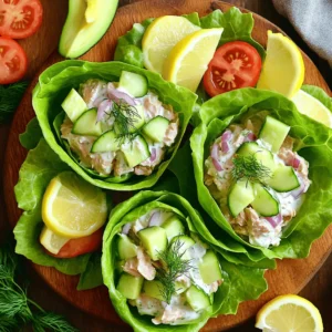 To make Cucumber Dill Tuna Salad Wraps, gather these main ingredients: - 2 cans of tuna in water, drained - 1 cup Greek yogurt - 2 tablespoons Dijon mustard - 1 tablespoon lemon juice - 1 small cucumber, finely diced - ¼ cup red onion, finely chopped - ¼ cup fresh dill, chopped - Salt and black pepper to taste - 4 large lettuce leaves (Romaine or butter lettuce) These ingredients create a creamy, fresh salad that packs a punch of flavor. The Greek yogurt gives a nice tang. The tuna provides protein, while the cucumber adds crunch. Fresh dill brings a burst of flavor. You can enhance your wraps with some optional garnishes: - Sliced tomatoes - Sliced avocado These add-ons not only improve the taste but also add visual appeal. Sliced tomatoes offer sweetness, while avocado adds creaminess. This recipe is quite flexible. If you have dietary needs, here are some substitutions: - Swap Greek yogurt with a dairy-free yogurt for a vegan option. - Use canned chicken instead of tuna for a different protein. - Replace lettuce leaves with collard greens for a sturdier wrap. Consider these options to fit your diet. Enjoy making it your own! First, gather your ingredients. You need two cans of tuna, drained. In a medium bowl, add the tuna, one cup of Greek yogurt, two tablespoons of Dijon mustard, and one tablespoon of lemon juice. Mix these well. This creates a creamy base for your salad. Next, fold in one small cucumber, finely diced, and a quarter cup of red onion, finely chopped. Add a quarter cup of fresh dill for flavor. Mix gently. This keeps the tuna chunky and delicious. Finally, season with salt and black pepper to taste. Taste it and adjust as needed. Now, take a large lettuce leaf. Romaine or butter lettuce works best. Place the leaf on a clean surface or plate. Spoon a generous amount of your tuna salad mixture onto the center. If you want extra flavor, add sliced tomatoes and avocado on top. Then, fold the sides of the lettuce leaf over the filling. Roll it up from the bottom to form a wrap. If it feels loose, use a toothpick to hold it. Repeat this process with the remaining leaves and tuna salad mixture. Arrange your wraps on a nice platter. For a pop of color, garnish with extra dill. You can also add lemon wedges on the side. This adds a fresh touch and brightens the meal. Serving it this way makes it look appealing and ready to enjoy! To make your tuna salad shine, use fresh herbs. I love adding plenty of dill for a bright taste. Fresh dill gives a crisp and clean flavor that pairs well with tuna. You can also adjust the lemon juice to your liking. A bit more juice adds zing and keeps it fresh. Don't forget to taste as you mix. This will help you find the perfect balance. Store any leftover tuna salad in an airtight container. Keep it in the fridge for up to three days. If you add tomatoes or avocado, eat it right away. These ingredients do not store well. You can also freeze the salad for later. Just be aware that the texture may change. You can prep this tuna salad ahead of time. Mix the salad and keep it in the fridge for quick meals. Just wait to assemble the wraps until you are ready to eat. This keeps the lettuce crisp and fresh. If you want to save time, wash and cut your lettuce leaves in advance. This way, you can grab and go! {{image_2}} You can switch the tuna for other proteins. Canned chicken works great. It has a mild taste. You can also try canned salmon for a richer flavor. For a vegetarian option, use chickpeas. Just mash them up well. Each choice gives you a unique taste. Lettuce is not your only option. You can use collard greens or Swiss chard. They add a nice crunch and flavor. Tortillas work too if you want a different wrap. Whole grain or spinach wraps can add color. Each green brings a new twist to your meal. Add more flavor easily! Chopped celery gives a nice crunch. You can mix in capers for a briny taste. If you like spice, try jalapeños or red pepper flakes. For sweetness, add diced apples or grapes. These changes let you create your own special wrap. Each serving of Cucumber Dill Tuna Salad Wrap contains about 200 calories. The main ingredients add healthy fats and proteins, which help maintain energy levels. If you add tomatoes and avocado, the calories may rise slightly but also increase nutrients. The ingredients in this wrap offer several health benefits: - Tuna is a great source of lean protein. It helps build and repair muscles. - Greek yogurt provides calcium and probiotics, which aid digestion. - Cucumber is hydrating and low in calories, making it a great snack. - Dill may help with digestion and adds flavor without extra calories. - Lettuce is low in calories and high in fiber, which can keep you full longer. The macronutrient profile for one serving includes: - Protein: Approximately 25 grams from tuna and yogurt. - Carbohydrates: Around 10 grams, mainly from vegetables. - Fats: About 7 grams, mostly from the yogurt and optional avocado. This balanced profile makes the wraps a smart meal choice for lunch or dinner. Yes, you can use canned chicken. It works well in this recipe. Just drain and mix it like you would with tuna. The taste will be different, but still tasty. The Greek yogurt and mustard will keep it moist and flavorful. You can store the tuna salad in the fridge for up to three days. Make sure to keep it in an airtight container. The flavors actually blend better after a day. Just stir it well before eating again. If it looks or smells off, it’s best to toss it. Several sides go well with the wraps. Here are a few ideas: - Fresh fruit salad - Veggie sticks with hummus - A light soup, like tomato or cucumber - Whole grain crackers These sides add more color and nutrition to your meal. Enjoy the wraps with something crunchy or refreshing for balance! This article covered how to make tasty cucumber dill tuna salad wraps. We explored the main ingredients, optional garnishes, and helpful tips for easy prep and storage. I shared fun variations and key nutritional info to help you enjoy this dish. Remember, mixing flavors and trying different proteins can keep it fresh. These wraps are not just simple but also a healthy choice. Now, it’s time to create your own version and enjoy!