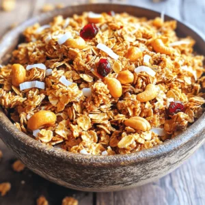 To make Coconut Cashew Granola, you need a few key ingredients. Here is what you will need: - 3 cups rolled oats - 1 cup cashews, roughly chopped - 1 cup unsweetened shredded coconut - 1/2 cup honey or maple syrup - 1/3 cup coconut oil, melted - 1 teaspoon vanilla extract - 1 teaspoon ground cinnamon - 1/2 teaspoon sea salt Each ingredient plays an important role. The rolled oats form the base and give texture. The cashews add crunch and healthy fats. Shredded coconut provides flavor and chewiness. Honey or maple syrup adds sweetness and helps the granola stick. Coconut oil helps with browning and richness. Vanilla extract gives a warm, inviting taste. Ground cinnamon adds spice, while sea salt enhances all the flavors. You can customize your granola with optional ingredients. Here are some fun add-ins: - 1/2 cup dried cranberries or raisins - 1/2 cup nuts like almonds or walnuts - 1/2 cup seeds like pumpkin or sunflower - 1/2 cup chocolate chips for sweetness These add-ins let you make the granola your own. Dried fruit adds a chewy texture and sweetness. Nuts and seeds boost the crunch and nutrition. Chocolate chips give a sweet treat. Coconut Cashew Granola is not just tasty; it's also good for you. Here are some benefits: - Rolled oats: High in fiber, they help with digestion and keep you full. - Cashews: Packed with healthy fats, protein, and minerals like magnesium. - Shredded coconut: Contains healthy fats and fiber, supporting heart health. - Honey or maple syrup: Natural sweeteners provide quick energy without refined sugars. This granola offers a great mix of nutrients. Enjoy it for breakfast or as a snack. It’s a tasty way to fuel your day. To start, you need to prepare your oven and ingredients. First, preheat your oven to 350°F (175°C). This heats the air to cook your granola evenly. Next, line a baking sheet with parchment paper. This helps the granola not stick. In a large bowl, mix these dry ingredients: - 3 cups rolled oats - 1 cup cashews, roughly chopped - 1 cup unsweetened shredded coconut - 1 teaspoon ground cinnamon - 1/2 teaspoon sea salt Stir these well. This step makes sure each bite has great flavor. In another bowl, whisk together your wet ingredients until smooth: - 1/2 cup honey or maple syrup - 1/3 cup coconut oil, melted - 1 teaspoon vanilla extract Pour the wet mix over the dry mix. Stir until everything is coated. Spread the granola mixture onto your lined baking sheet in an even layer. This helps it bake evenly. Bake it in the oven for 20 to 25 minutes. Stir halfway through to avoid burning. The granola should turn golden brown and smell great. When it is done baking, take it out and let it cool on the baking sheet. The granola will become crunchy as it cools. If you want to add dried fruit, like cranberries or raisins, do it now. Once cool, store your granola in an airtight container. It will stay fresh for up to two weeks at room temperature. Enjoy it with yogurt, or snack right from the jar! To make your granola crunchy, use enough oil and sweetener. The coconut oil gives it a rich flavor and helps it crisp. Keep an eye on the baking time. Stir halfway through for even browning. Let it cool completely before breaking it up. This cooling step is key for crunchiness. One mistake is using too much or too little liquid. If it's too wet, your granola won’t get crunchy. Make sure to measure your honey or syrup accurately. Another common error is not stirring the mixture well. If the oats aren’t coated, they won’t bake evenly. Lastly, don’t skip the cooling time. Granola needs this to harden. For best results, use dry measuring cups for oats and nuts. Use a liquid measuring cup for honey or syrup. Always pack brown sugar tightly if you use it. Use a kitchen scale for accuracy, especially for ingredients like nuts. This helps keep your granola consistent each time you make it. {{image_2}} You can switch up the nuts and seeds in your granola. Try almonds, walnuts, or pecans. Each nut gives a unique taste and texture. You can also add sunflower seeds or pumpkin seeds for extra crunch. Mix and match to find your favorite combo. This granola is easy to make vegan. Just use maple syrup instead of honey. For a gluten-free option, ensure your oats are certified gluten-free. This way, everyone can enjoy a tasty bite. You can also use coconut aminos instead of soy sauce if you need a savory twist. If you like it sweeter, add more honey or maple syrup. You can also mix in some brown sugar or coconut sugar. For less sweetness, reduce the syrup. Taste as you go to find your perfect balance. This granola is all about what you love! I love keeping my coconut cashew granola fresh and tasty. To do this, store it in an airtight container. This will keep out moisture and air. You can use glass jars or plastic bins. Make sure the lid fits tightly. Keep the container in a cool, dry place, away from sunlight. This helps keep the flavors strong and the texture crunchy. This granola can stay good for up to two weeks. After that, it may lose flavor and crunch. Watch for signs of spoilage. If you see moisture or clumps, it's time to toss it. A stale smell or off taste is also a warning sign. Always trust your senses when checking for freshness. If you want to keep your granola longer, consider freezing it. Place the cooled granola in a freezer-safe bag. Remove as much air as you can before sealing. You can store it in the freezer for up to three months. When you're ready to eat it, just take out what you need. Let it thaw at room temperature. This way, you can enjoy your homemade granola anytime! You can enjoy Coconut Cashew Granola in many ways. It tastes great with yogurt or milk. You can also eat it as a quick snack. Try adding fresh fruit on top for extra flavor. I love to sprinkle it on smoothie bowls for a crunchy touch. Yes, you can swap some ingredients. If you don’t have cashews, use almonds or walnuts. Maple syrup can replace honey for a vegan option. You can also use sunflower oil instead of coconut oil. Just keep the ratios the same for best results. To make granola clusters, follow these tips. First, press the granola mixture down tightly on the baking sheet. This helps it stick. Bake it without stirring for part of the time. Once cooled, break it into clusters. Enjoy those crunchy bites! Homemade granola is often healthier than store-bought. You control the ingredients and the sugar level. Store-bought granola may have extra additives and preservatives. By making your own, you can focus on whole foods and natural sweeteners. It's a delicious way to eat better! Coconut cashew granola is easy to make and fun to customize. We covered key ingredients, step-by-step instructions, and helpful tips. You can add your favorite nuts to change the flavor. Remember to store it well for the best taste. Homemade granola is fresh and often healthier than store-bought options. Enjoy your creation in yogurt or as a snack. With a few tweaks, your granola can fit any diet. I hope this guide helps you make the best granola possible. Happy snacking!