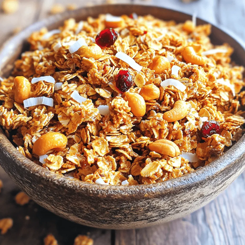 To make Coconut Cashew Granola, you need a few key ingredients. Here is what you will need: - 3 cups rolled oats - 1 cup cashews, roughly chopped - 1 cup unsweetened shredded coconut - ½ cup honey or maple syrup - ⅓ cup coconut oil, melted - 1 teaspoon vanilla extract - 1 teaspoon ground cinnamon - ½ teaspoon sea salt Each ingredient plays an important role. The rolled oats form the base and give texture. The cashews add crunch and healthy fats. Shredded coconut provides flavor and chewiness. Honey or maple syrup adds sweetness and helps the granola stick. Coconut oil helps with browning and richness. Vanilla extract gives a warm, inviting taste. Ground cinnamon adds spice, while sea salt enhances all the flavors. You can customize your granola with optional ingredients. Here are some fun add-ins: - ½ cup dried cranberries or raisins - ½ cup nuts like almonds or walnuts - ½ cup seeds like pumpkin or sunflower - ½ cup chocolate chips for sweetness These add-ins let you make the granola your own. Dried fruit adds a chewy texture and sweetness. Nuts and seeds boost the crunch and nutrition. Chocolate chips give a sweet treat. Coconut Cashew Granola is not just tasty; it's also good for you. Here are some benefits: - Rolled oats: High in fiber, they help with digestion and keep you full. - Cashews: Packed with healthy fats, protein, and minerals like magnesium. - Shredded coconut: Contains healthy fats and fiber, supporting heart health. - Honey or maple syrup: Natural sweeteners provide quick energy without refined sugars. This granola offers a great mix of nutrients. Enjoy it for breakfast or as a snack. It’s a tasty way to fuel your day. To start, you need to prepare your oven and ingredients. First, preheat your oven to 350°F (175°C). This heats the air to cook your granola evenly. Next, line a baking sheet with parchment paper. This helps the granola not stick. In a large bowl, mix these dry ingredients: - 3 cups rolled oats - 1 cup cashews, roughly chopped - 1 cup unsweetened shredded coconut - 1 teaspoon ground cinnamon - ½ teaspoon sea salt Stir these well. This step makes sure each bite has great flavor. In another bowl, whisk together your wet ingredients until smooth: - ½ cup honey or maple syrup - ⅓ cup coconut oil, melted - 1 teaspoon vanilla extract Pour the wet mix over the dry mix. Stir until everything is coated. Spread the granola mixture onto your lined baking sheet in an even layer. This helps it bake evenly. Bake it in the oven for 20 to 25 minutes. Stir halfway through to avoid burning. The granola should turn golden brown and smell great. When it is done baking, take it out and let it cool on the baking sheet. The granola will become crunchy as it cools. If you want to add dried fruit, like cranberries or raisins, do it now. Once cool, store your granola in an airtight container. It will stay fresh for up to two weeks at room temperature. Enjoy it with yogurt, or snack right from the jar! To make your granola crunchy, use enough oil and sweetener. The coconut oil gives it a rich flavor and helps it crisp. Keep an eye on the baking time. Stir halfway through for even browning. Let it cool completely before breaking it up. This cooling step is key for crunchiness. One mistake is using too much or too little liquid. If it's too wet, your granola won’t get crunchy. Make sure to measure your honey or syrup accurately. Another common error is not stirring the mixture well. If the oats aren’t coated, they won’t bake evenly. Lastly, don’t skip the cooling time. Granola needs this to harden. For best results, use dry measuring cups for oats and nuts. Use a liquid measuring cup for honey or syrup. Always pack brown sugar tightly if you use it. Use a kitchen scale for accuracy, especially for ingredients like nuts. This helps keep your granola consistent each time you make it. {{image_2}} You can switch up the nuts and seeds in your granola. Try almonds, walnuts, or pecans. Each nut gives a unique taste and texture. You can also add sunflower seeds or pumpkin seeds for extra crunch. Mix and match to find your favorite combo. This granola is easy to make vegan. Just use maple syrup instead of honey. For a gluten-free option, ensure your oats are certified gluten-free. This way, everyone can enjoy a tasty bite. You can also use coconut aminos instead of soy sauce if you need a savory twist. If you like it sweeter, add more honey or maple syrup. You can also mix in some brown sugar or coconut sugar. For less sweetness, reduce the syrup. Taste as you go to find your perfect balance. This granola is all about what you love! I love keeping my coconut cashew granola fresh and tasty. To do this, store it in an airtight container. This will keep out moisture and air. You can use glass jars or plastic bins. Make sure the lid fits tightly. Keep the container in a cool, dry place, away from sunlight. This helps keep the flavors strong and the texture crunchy. This granola can stay good for up to two weeks. After that, it may lose flavor and crunch. Watch for signs of spoilage. If you see moisture or clumps, it's time to toss it. A stale smell or off taste is also a warning sign. Always trust your senses when checking for freshness. If you want to keep your granola longer, consider freezing it. Place the cooled granola in a freezer-safe bag. Remove as much air as you can before sealing. You can store it in the freezer for up to three months. When you're ready to eat it, just take out what you need. Let it thaw at room temperature. This way, you can enjoy your homemade granola anytime! You can enjoy Coconut Cashew Granola in many ways. It tastes great with yogurt or milk. You can also eat it as a quick snack. Try adding fresh fruit on top for extra flavor. I love to sprinkle it on smoothie bowls for a crunchy touch. Yes, you can swap some ingredients. If you don’t have cashews, use almonds or walnuts. Maple syrup can replace honey for a vegan option. You can also use sunflower oil instead of coconut oil. Just keep the ratios the same for best results. To make granola clusters, follow these tips. First, press the granola mixture down tightly on the baking sheet. This helps it stick. Bake it without stirring for part of the time. Once cooled, break it into clusters. Enjoy those crunchy bites! Homemade granola is often healthier than store-bought. You control the ingredients and the sugar level. Store-bought granola may have extra additives and preservatives. By making your own, you can focus on whole foods and natural sweeteners. It's a delicious way to eat better! Coconut cashew granola is easy to make and fun to customize. We covered key ingredients, step-by-step instructions, and helpful tips. You can add your favorite nuts to change the flavor. Remember to store it well for the best taste. Homemade granola is fresh and often healthier than store-bought options. Enjoy your creation in yogurt or as a snack. With a few tweaks, your granola can fit any diet. I hope this guide helps you make the best granola possible. Happy snacking!