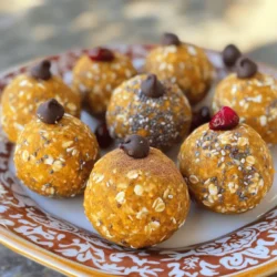 - 1 cup rolled oats - ½ cup nut butter (peanut, almond, or sunflower) - ½ cup pumpkin puree - ¼ cup honey or maple syrup - 1 teaspoon vanilla extract - 1 teaspoon pumpkin spice blend - ¼ teaspoon sea salt - ¼ cup chia seeds or flaxseeds - ¼ cup mini chocolate chips or dried cranberries (optional) Gathering the right ingredients is key. First, you need rolled oats. They add a nice texture and fiber. Next, choose a nut butter you like. Peanut, almond, or sunflower all work well. Pumpkin puree gives the balls flavor and moisture. For sweetness, you can use honey or maple syrup. They both bring natural sweetness. Vanilla extract adds a warm note. The pumpkin spice blend is what makes this recipe special. It gives that cozy fall flavor. A touch of sea salt helps balance the sweetness. Chia seeds or flaxseeds add healthy fats and fiber. Lastly, mini chocolate chips or dried cranberries are optional but fun. They give a sweet surprise in every bite. Make sure to have everything ready before you start. This makes the process smooth and easy. Enjoy creating these tasty energy balls! 1. Mixing the base ingredients Start by taking a large mixing bowl. Add 1 cup of rolled oats. Then, scoop in ½ cup of nut butter. You can use peanut, almond, or sunflower butter. Next, add ½ cup of pumpkin puree. Follow this with ¼ cup of honey or maple syrup. Then, pour in 1 teaspoon of vanilla extract. Add 1 teaspoon of pumpkin spice blend and ¼ teaspoon of sea salt. Mix everything well until it forms a sticky mixture. 2. Incorporating seeds and optional add-ins Now, fold in ¼ cup of chia seeds or flaxseeds. If you want, add ¼ cup of mini chocolate chips or dried cranberries. Mix again until all ingredients are evenly distributed. This step adds great texture and flavor. 3. Forming and chilling the energy balls Take about a tablespoon of the mixture and roll it into a ball using your hands. Repeat until you use all the mixture. You should have about 12-15 energy balls. Place them on a parchment-lined baking sheet. Chill the energy balls in the fridge for at least 30 minutes to help them firm up. - Consistency of the mixture The mixture should be sticky but not too wet. If it feels too dry, add a bit more nut butter or pumpkin puree. If it's too wet, add more oats. You want a good balance for easy rolling. - Recommended chilling time Chill the energy balls for at least 30 minutes. This helps them hold their shape. If you have time, chilling them longer can improve the texture even more. To keep your pumpkin spice energy balls fresh, store them in the fridge. Use an airtight container. They will stay good for up to a week. Chilling helps keep their shape and flavor. If you want to store them for a longer time, freezing is the way to go. Place the energy balls in a single layer on a baking sheet. Freeze until firm, then transfer them to a freezer bag. They can last for up to three months in the freezer. When you’re ready to eat, just thaw them in the fridge overnight. You can serve these energy balls as a tasty snack or a light dessert. Their sweet, spiced flavor makes them a hit at any time. Try them as a quick breakfast before school or work. Pair these energy balls with a nice drink. A hot cup of tea or coffee works well. You can also enjoy them with a glass of almond milk or a smoothie. The flavor combinations are endless, so get creative! {{image_2}} You can easily change the sweeteners in this recipe. Instead of honey or maple syrup, use agave syrup. It works well and keeps the balls sweet. For nut butter, pick what you like. You can use peanut, almond, or sunflower butter. Each gives a unique taste. Want to spice it up? Add some cinnamon or nutmeg to the mix. You might even try a dash of ginger for extra warmth. Experimenting with flavors makes this recipe fun and personal. These energy balls fit many diets. They can be made vegan by using maple syrup and nut butter. Just make sure to skip any honey. For those needing a gluten-free snack, use certified gluten-free oats. If you have nut allergies, don't worry! You can use sunflower butter instead of nut butter. This keeps the recipe safe and tasty for everyone. Plus, the seeds add a nice crunch. Oats are a great source of fiber. They help keep you full and support digestion. Oats also provide energy, which is perfect for busy days. Pumpkin is packed with vitamins. It has vitamin A, which is good for your vision. Pumpkin also contains antioxidants that help fight off illness. Plus, it adds a nice flavor to your energy balls. Nut butter is rich in healthy fats and protein. It gives you energy and helps repair muscles. Choose peanut, almond, or sunflower butter based on your taste and dietary needs. Each nut butter has its own unique nutrients. Each pumpkin spice energy ball has about 100 calories. This makes them a great snack choice. They are lower in calories than many store-bought snacks, like chips or candy bars. Comparing them to regular cookies, these energy balls are much healthier. Most cookies contain added sugars and unhealthy fats. Energy balls are tasty but also keep you feeling good. Enjoy them as a quick snack or a healthy treat! Yes, you can make these energy balls ahead of time. I suggest you prepare them on the weekend. This way, you have a healthy snack ready for the week. Store them in an airtight container in the fridge. They stay fresh, and you can grab one quickly. Pumpkin spice energy balls last about one week in the fridge. If you want to keep them longer, freeze them. They can last for up to three months in the freezer. Just make sure to use a freezer-safe container. Thaw them in the fridge before enjoying. Absolutely! You can switch up the nut butter to try new flavors. Almond butter works great. You can also add dried fruits, like raisins or apricots. Want a chocolate kick? Add more mini chocolate chips. Experiment and find your favorite mix! These energy balls are perfect for many occasions. Serve them at parties as a fun snack. They also make a great treat for school lunches. If you have a picnic, pack them for a quick bite. They are also a good snack for movie nights! In this post, we explored the simple ingredients and steps to make pumpkin spice energy balls. I shared tips for texture and storing these treats for later. These bites are great for snacking or sharing at events. You can swap out ingredients to suit your tastes or dietary needs. Overall, these energy balls provide a tasty and healthy option for any occasion. Enjoy making them a part of your routine for a quick boost!