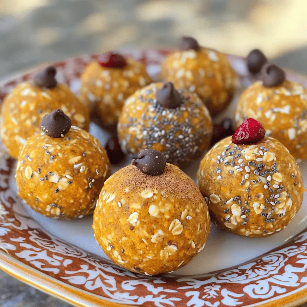 - 1 cup rolled oats - ½ cup nut butter (peanut, almond, or sunflower) - ½ cup pumpkin puree - ¼ cup honey or maple syrup - 1 teaspoon vanilla extract - 1 teaspoon pumpkin spice blend - ¼ teaspoon sea salt - ¼ cup chia seeds or flaxseeds - ¼ cup mini chocolate chips or dried cranberries (optional) Gathering the right ingredients is key. First, you need rolled oats. They add a nice texture and fiber. Next, choose a nut butter you like. Peanut, almond, or sunflower all work well. Pumpkin puree gives the balls flavor and moisture. For sweetness, you can use honey or maple syrup. They both bring natural sweetness. Vanilla extract adds a warm note. The pumpkin spice blend is what makes this recipe special. It gives that cozy fall flavor. A touch of sea salt helps balance the sweetness. Chia seeds or flaxseeds add healthy fats and fiber. Lastly, mini chocolate chips or dried cranberries are optional but fun. They give a sweet surprise in every bite. Make sure to have everything ready before you start. This makes the process smooth and easy. Enjoy creating these tasty energy balls! 1. Mixing the base ingredients Start by taking a large mixing bowl. Add 1 cup of rolled oats. Then, scoop in ½ cup of nut butter. You can use peanut, almond, or sunflower butter. Next, add ½ cup of pumpkin puree. Follow this with ¼ cup of honey or maple syrup. Then, pour in 1 teaspoon of vanilla extract. Add 1 teaspoon of pumpkin spice blend and ¼ teaspoon of sea salt. Mix everything well until it forms a sticky mixture. 2. Incorporating seeds and optional add-ins Now, fold in ¼ cup of chia seeds or flaxseeds. If you want, add ¼ cup of mini chocolate chips or dried cranberries. Mix again until all ingredients are evenly distributed. This step adds great texture and flavor. 3. Forming and chilling the energy balls Take about a tablespoon of the mixture and roll it into a ball using your hands. Repeat until you use all the mixture. You should have about 12-15 energy balls. Place them on a parchment-lined baking sheet. Chill the energy balls in the fridge for at least 30 minutes to help them firm up. - Consistency of the mixture The mixture should be sticky but not too wet. If it feels too dry, add a bit more nut butter or pumpkin puree. If it's too wet, add more oats. You want a good balance for easy rolling. - Recommended chilling time Chill the energy balls for at least 30 minutes. This helps them hold their shape. If you have time, chilling them longer can improve the texture even more. To keep your pumpkin spice energy balls fresh, store them in the fridge. Use an airtight container. They will stay good for up to a week. Chilling helps keep their shape and flavor. If you want to store them for a longer time, freezing is the way to go. Place the energy balls in a single layer on a baking sheet. Freeze until firm, then transfer them to a freezer bag. They can last for up to three months in the freezer. When you’re ready to eat, just thaw them in the fridge overnight. You can serve these energy balls as a tasty snack or a light dessert. Their sweet, spiced flavor makes them a hit at any time. Try them as a quick breakfast before school or work. Pair these energy balls with a nice drink. A hot cup of tea or coffee works well. You can also enjoy them with a glass of almond milk or a smoothie. The flavor combinations are endless, so get creative! {{image_2}} You can easily change the sweeteners in this recipe. Instead of honey or maple syrup, use agave syrup. It works well and keeps the balls sweet. For nut butter, pick what you like. You can use peanut, almond, or sunflower butter. Each gives a unique taste. Want to spice it up? Add some cinnamon or nutmeg to the mix. You might even try a dash of ginger for extra warmth. Experimenting with flavors makes this recipe fun and personal. These energy balls fit many diets. They can be made vegan by using maple syrup and nut butter. Just make sure to skip any honey. For those needing a gluten-free snack, use certified gluten-free oats. If you have nut allergies, don't worry! You can use sunflower butter instead of nut butter. This keeps the recipe safe and tasty for everyone. Plus, the seeds add a nice crunch. Oats are a great source of fiber. They help keep you full and support digestion. Oats also provide energy, which is perfect for busy days. Pumpkin is packed with vitamins. It has vitamin A, which is good for your vision. Pumpkin also contains antioxidants that help fight off illness. Plus, it adds a nice flavor to your energy balls. Nut butter is rich in healthy fats and protein. It gives you energy and helps repair muscles. Choose peanut, almond, or sunflower butter based on your taste and dietary needs. Each nut butter has its own unique nutrients. Each pumpkin spice energy ball has about 100 calories. This makes them a great snack choice. They are lower in calories than many store-bought snacks, like chips or candy bars. Comparing them to regular cookies, these energy balls are much healthier. Most cookies contain added sugars and unhealthy fats. Energy balls are tasty but also keep you feeling good. Enjoy them as a quick snack or a healthy treat! Yes, you can make these energy balls ahead of time. I suggest you prepare them on the weekend. This way, you have a healthy snack ready for the week. Store them in an airtight container in the fridge. They stay fresh, and you can grab one quickly. Pumpkin spice energy balls last about one week in the fridge. If you want to keep them longer, freeze them. They can last for up to three months in the freezer. Just make sure to use a freezer-safe container. Thaw them in the fridge before enjoying. Absolutely! You can switch up the nut butter to try new flavors. Almond butter works great. You can also add dried fruits, like raisins or apricots. Want a chocolate kick? Add more mini chocolate chips. Experiment and find your favorite mix! These energy balls are perfect for many occasions. Serve them at parties as a fun snack. They also make a great treat for school lunches. If you have a picnic, pack them for a quick bite. They are also a good snack for movie nights! In this post, we explored the simple ingredients and steps to make pumpkin spice energy balls. I shared tips for texture and storing these treats for later. These bites are great for snacking or sharing at events. You can swap out ingredients to suit your tastes or dietary needs. Overall, these energy balls provide a tasty and healthy option for any occasion. Enjoy making them a part of your routine for a quick boost!