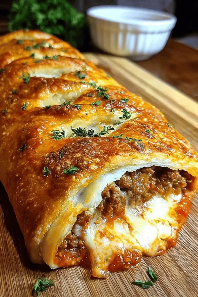Discover the ultimate comfort food with this Cheesy Beef Stromboli recipe! Packed with savory beef, gooey cheese, and a crispy golden crust, this dish is perfect for family dinners or game day snacking. It's easy to make and can be customized with your favorite toppings, making it a versatile option for any occasion. Get ready to impress your loved ones with this mouthwatering delight that everyone will love!
