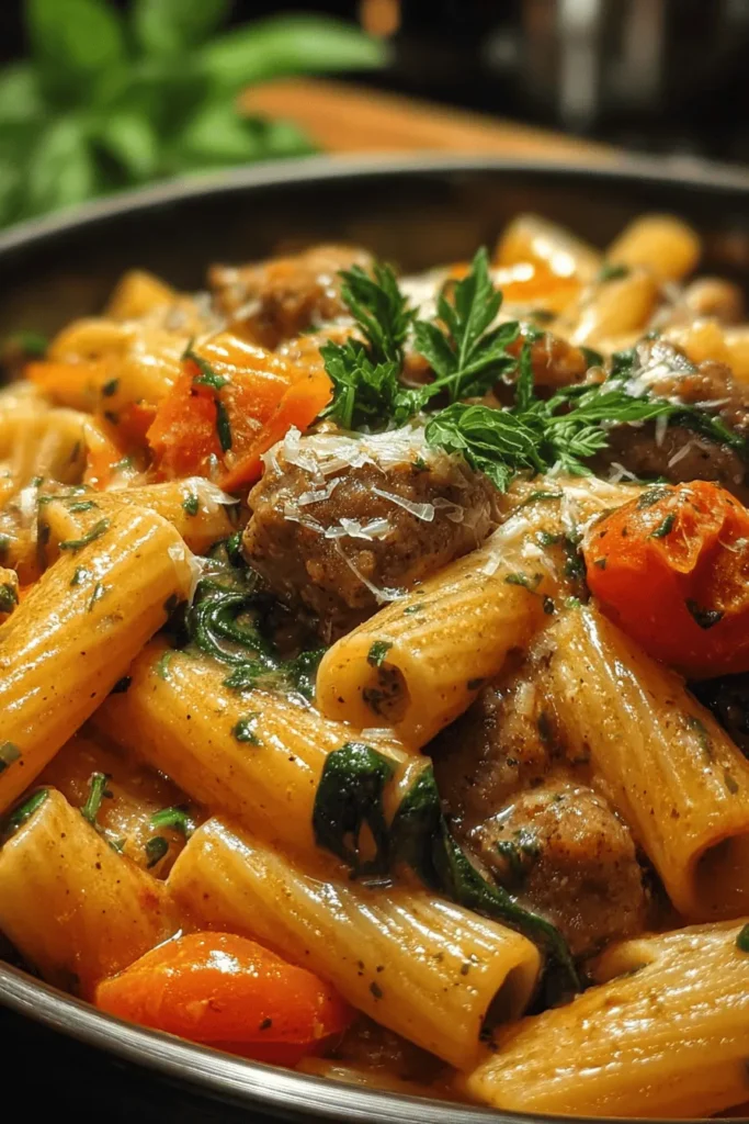 Indulge in a creamy sausage rigatoni dish loaded with fresh spinach and juicy tomatoes. This delightful recipe combines rich flavors and comforting textures, perfect for a cozy family dinner or a special gathering. With simple ingredients and easy preparation, you'll have a delicious meal on the table in no time. Discover the joy of cooking with this mouthwatering pasta recipe that everyone will love! Save and try it today!