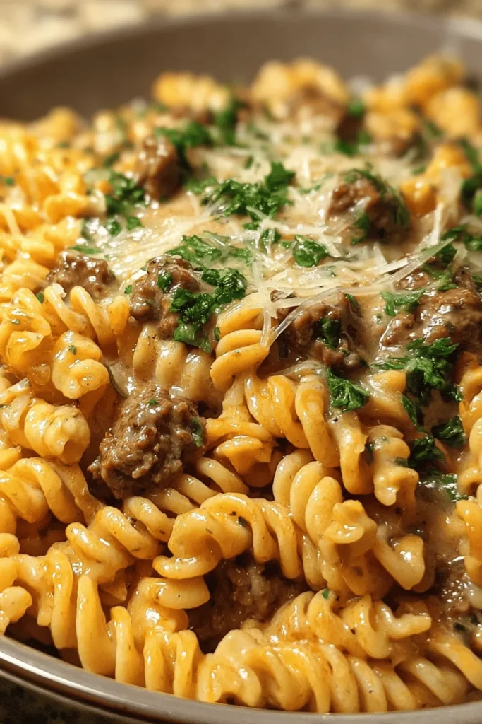 Indulge in a deliciously creamy Beef and Rotini dish, perfectly tossed in a rich garlic Parmesan sauce. This comforting recipe is easy to make and is perfect for busy weeknights or gatherings. With tender beef, al dente rotini, and a savory sauce, this meal will please the whole family. Get ready to savor each bite and enjoy the ultimate comfort food experience. Pin this recipe for your next dinner inspiration!