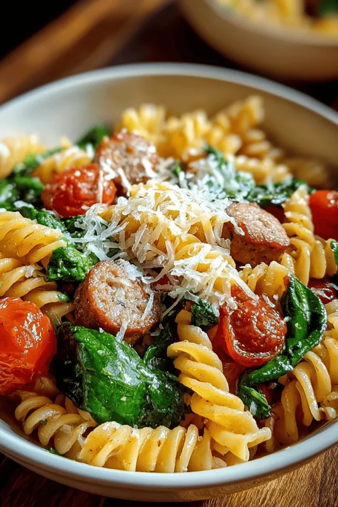 Discover the irresistible flavors of our Tomato Spinach Sausage Pasta recipe! This dish combines savory Italian sausage, fresh spinach, and juicy tomatoes for a hearty meal that’s ready in under 30 minutes. Perfect for busy weeknights or a cozy weekend dinner, it's a family favorite that’s both satisfying and nutritious. Enjoy it with a sprinkle of Parmesan cheese for an extra touch. Try this recipe today and elevate your pasta game!