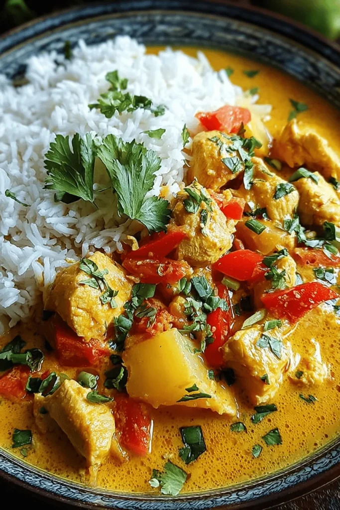 Discover the mouthwatering taste of Tropical Bliss Coconut Chicken Curry! This easy-to-make recipe brings the vibrant flavors of the tropics right to your kitchen. With tender chicken simmered in a rich coconut milk sauce and infused with aromatic spices, it’s the perfect dish for a cozy dinner or a tropical-themed gathering. Delight your taste buds and impress your guests with this exotic meal that whisks you away to a paradise of flavors. Try it today!