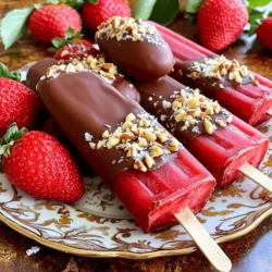 - 2 cups fresh strawberries, hulled and halved - 1 cup coconut milk (or any milk of your choice) - 2 tablespoons honey or maple syrup (adjust to taste) - 1 teaspoon vanilla extract - 100g dark chocolate, chopped - 1 tablespoon coconut oil - 1/4 cup crushed nuts (almonds, pistachios, or hazelnuts for topping, optional) Fresh strawberries make the base for these popsicles. You want ripe, sweet berries. They should shine and smell sweet. Coconut milk adds creaminess and pairs well with strawberries. If you prefer, use almond or oat milk instead. For sweetness, I like honey or maple syrup. You can adjust the amount based on your taste. The vanilla extract brings warmth and depth. Next, we have dark chocolate. Choose one that you love. It coats the popsicles and gives a nice contrast to the fruit. The coconut oil helps the chocolate melt smoothly. Lastly, the crushed nuts are optional but add great crunch and flavor. Almonds, pistachios, or hazelnuts work well. You can skip them if you want a simpler treat. Now that you have your ingredients, you’re ready to create a delicious dessert! Start with fresh strawberries. Remove the green tops and cut them in half. This makes them easier to blend. Place the hulled strawberries in a blender. Add one cup of coconut milk, two tablespoons of honey or maple syrup, and one teaspoon of vanilla extract. Blend these ingredients until smooth. You want a nice, creamy mixture. Next, grab your popsicle molds. Pour the strawberry mixture into the molds. Fill each one about three-quarters full. This space helps the popsicles expand as they freeze. Be careful not to overfill them, or it will be messy. Now, insert the popsicle sticks into each mold. Make sure they stand straight. Place the molds in the freezer. Let them freeze for about four to six hours. They need to be solid to remove them easily. To release them, run warm water over the outside of the molds. This trick helps loosen the popsicles. For the chocolate coating, gather 100 grams of chopped dark chocolate and one tablespoon of coconut oil. Place these in a heatproof bowl. Melt the mixture in the microwave. Do this in 20-second intervals. Stir after each interval until smooth. You want it fully melted and ready to dip. Now comes the fun part—dipping! Take each popsicle and dip it halfway into the melted chocolate. Let any excess chocolate drip off. If you like, roll the dipped part in crushed nuts for extra crunch. Then, lay the popsicles on a baking sheet lined with parchment paper. Return them to the freezer for about 10 to 15 minutes. This sets the chocolate nicely. Fresh strawberries are key for these popsicles. Look for berries that are bright red, firm, and free from blemishes. The best strawberries taste sweet and juicy. Ripe strawberries have more flavor, making your popsicles better. Choose organic strawberries if you can, as they often have a richer taste. Adjust the sweetness to fit your taste. Use honey or maple syrup to sweeten your popsicles. Start with the 2 tablespoons suggested in the recipe. If you prefer a sweeter treat, add more. Just mix well and taste. Remember, the sweetness can change the final flavor. To get a smooth, even coat of chocolate, melt dark chocolate with coconut oil. This mix helps the chocolate flow better. Heat it in short bursts in the microwave. Stir often to avoid burning. When dipping your popsicles, let the excess chocolate drip off. This keeps your popsicles neat and tasty. {{image_2}} You can switch up the chocolate for your popsicles. Instead of dark chocolate, try milk chocolate for a sweeter taste. White chocolate adds a creamy flavor, while ruby chocolate brings a unique berry-like taste. Each type can change how your popsicles taste. Experiment with them to find your favorite. Mixing fruits can make your popsicles even more fun. Try adding bananas or mango to the strawberry mix. You can also add a few drops of flavor extracts, like almond or coconut. These small changes create new tastes. Each combination can surprise your taste buds. If you're looking for healthier popsicles, there are easy swaps. Use a low-sugar sweetener like stevia instead of honey or maple syrup. For a dairy-free option, stick with coconut milk or almond milk. You can even add Greek yogurt for creaminess without much sugar. These options keep your popsicles tasty while making them better for you. To keep your chocolate dipped strawberry popsicles fresh, store them in an airtight container. This helps prevent freezer burn. If you do not have one, wrap each popsicle in plastic wrap. This adds an extra layer of protection. Make sure to label the container with the date to track freshness. You can store these popsicles in the freezer for up to two months. After that, they may lose taste and texture. To enjoy them at their best, try to eat them within this time frame. When you are ready to enjoy your popsicles, remove them from the freezer. Let them sit for about 5 minutes to soften slightly. This makes them easier to bite into. If you want them cold and firm, enjoy them right away! Yes, you can use frozen strawberries! Just remember to thaw them first. This helps in blending. Frozen strawberries may make your popsicles a bit softer. But they still taste great. You can easily make these popsicles vegan. Just swap honey for maple syrup. Use coconut milk or any plant-based milk. This keeps the popsicles creamy and delicious. To remove popsicles, run warm water over the outside of the molds. This warms the sides and helps loosen the popsicles. They should slide out easily after a few seconds. To prevent cracking, add coconut oil to the chocolate. This keeps it smooth and flexible. Make sure the popsicles are cold when you dip them in chocolate. This helps the chocolate set nicely without cracking. You now have a simple guide to make tasty strawberry popsicles. Using fresh strawberries and creamy coconut milk, you can create a fun treat. Remember to customize the sweetness and experiment with toppings like nuts. Storing them right will keep them fresh, and you can enjoy different variations too. With these steps, you'll impress family and friends with your skills. Get ready to enjoy your homemade popsicles!