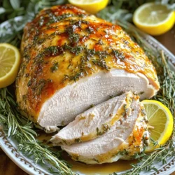 - 1 (3-4 lb) turkey breast, bone-in, skin-on - 4 cloves garlic, minced - 1 tablespoon fresh rosemary, finely chopped - 1 tablespoon fresh thyme, finely chopped - 1 tablespoon fresh parsley, finely chopped - 1 teaspoon dried oregano - 1 teaspoon paprika - 2 tablespoons olive oil - 1 teaspoon salt - ½ teaspoon black pepper - 1 lemon, zested and juiced - 1 cup low-sodium chicken broth You can add more depth to your turkey with these extras: - 1 teaspoon garlic powder for a stronger garlic taste - 1 teaspoon onion powder for sweetness - A pinch of red pepper flakes for heat These optional ingredients can brighten your dish. They help create a more complex flavor profile. To make cooking smooth, gather these tools: - Roasting pan with a rack - Mixing bowl for the herb paste - Meat thermometer to check doneness - Basting brush for juicy results Having the right tools makes the process easy. You can focus on making a tasty meal. Start by preheating your oven to 350°F (175°C). This helps the turkey cook evenly. Take your turkey breast and pat it dry with paper towels. This step is key to getting crispy skin. Next, gently lift the skin away from the meat. Make sure not to remove it completely. This pocket is where the magic happens. In a mixing bowl, combine these ingredients: - 4 cloves garlic, minced - 1 tablespoon fresh rosemary, finely chopped - 1 tablespoon fresh thyme, finely chopped - 1 tablespoon fresh parsley, finely chopped - 1 teaspoon dried oregano - 1 teaspoon paprika - 2 tablespoons olive oil - 1 teaspoon salt - ½ teaspoon black pepper - Zest and juice from 1 lemon Mix these until they form a nice paste. This is your garlic herb paste. It’ll add great flavor to the turkey. Rub the garlic herb paste under the skin and over the turkey breast. This ensures every bite is full of flavor. Place the turkey breast on a roasting rack in a pan. Pour 1 cup of low-sodium chicken broth into the bottom of the pan. This keeps moisture in as it cooks. Roast your turkey for 1 hour and 15 minutes. Make sure the internal temperature reaches 165°F (75°C). Halfway through, baste the turkey with the juices in the pan. This step helps keep the meat juicy. After roasting, let it rest for 15-20 minutes before slicing. This resting time helps the juices settle. Enjoy your flavorful turkey breast! When picking a turkey breast, look for one that is fresh. A good turkey breast should feel firm and heavy. Check the skin for any tears or discoloration. If you can, choose a bone-in, skin-on turkey breast. This type gives more flavor and moisture. Set your oven to 350°F (175°C) for the best results. Roast the turkey breast for about 1 hour and 15 minutes. Use a meat thermometer to check the thickest part of the breast. It must reach 165°F (75°C) to be safe to eat. Baste the turkey halfway through cooking to keep it juicy. If your turkey breast is dry, you may have roasted it too long. Always check the temperature early to avoid this. If the skin browns too much, cover it with foil to slow cooking. For uneven cooking, make sure your oven is preheated and use a roasting rack for even heat. {{image_2}} You can change the herbs to suit your taste. Use basil for a sweet touch. Sage adds a warm flavor that’s great for fall. Try cilantro for a fresh, zesty kick. Each herb brings a unique taste to the turkey. Both methods work well for this dish. The oven gives a crisp skin and rich flavor. Roasting takes about 1 hour and 15 minutes. A slow cooker cooks the turkey low and slow. It will be very tender and juicy. Cooking in the slow cooker can take 4 to 6 hours. Pair the turkey with classic sides for the best meal. Mashed potatoes go well with turkey. Green beans add a nice crunch. Cranberry sauce offers a sweet contrast. You can also serve a fresh salad for a light touch. Enjoy your feast with family and friends! To keep your Garlic Herb Roasted Turkey Breast fresh, let it cool first. Once cool, slice the turkey into pieces. Place the pieces in an airtight container. Store it in the fridge for up to three days. Make sure to seal the container well to prevent drying out. Reheating turkey can be tricky. You want it warm, not dry. The best way is to use the oven. Preheat it to 325°F (160°C). Place the turkey on a baking sheet. Add a splash of broth to keep it moist. Cover it with foil to trap steam. Heat for about 15-20 minutes. Check the temperature; it should reach 165°F (75°C). You can also use a microwave. Place slices on a plate and cover with a damp paper towel. Heat in short bursts, checking often. Freezing is great for long-term storage. Wrap the turkey tightly in plastic wrap or foil. Place it in a freezer-safe bag or container. Remove as much air as possible. It can last up to three months in the freezer. When ready to eat, thaw it in the fridge overnight. Reheat it using the methods above for best flavor. Garlic Herb Roasted Turkey Breast takes about 1 hour and 15 minutes to cook. You need to preheat your oven to 350°F (175°C). It’s important to check the internal temperature. It should reach 165°F (75°C) for safe eating. Use a meat thermometer for best results. Start with a 3-4 pound turkey breast for even cooking. Yes, you can use dried herbs in place of fresh. Use about one-third of the amount when using dried herbs. For example, if a recipe calls for 1 tablespoon of fresh rosemary, use 1 teaspoon of dried. Dried herbs pack a strong flavor, so use them wisely. Fresh herbs provide a brighter taste, but dried ones work well in a pinch. This turkey pairs well with many sides. Try mashed potatoes, green beans, or roasted carrots. A fresh salad or cranberry sauce also adds a nice touch. For a hearty meal, serve with stuffing or sweet potatoes. Don’t forget a nice gravy made from the pan drippings for extra flavor! This blog post has guided you through making Garlic Herb Roasted Turkey Breast. We covered the key ingredients and tools, plus step-by-step instructions for perfect results. You learned tips for choosing your turkey and cooking it right. Explore variations for different flavors and side dishes that complement your meal. Finally, we answered common questions about cooking time and storage. With this knowledge, you can cook a flavorful turkey that will impress everyone. Enjoy your cooking adventure!