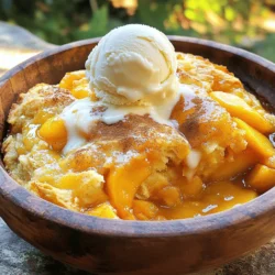 To make a great Peach Cobbler Dump Cake, gather these main items: - 2 cups canned peaches, drained (or 4 cups fresh peaches, sliced) - 1 teaspoon cinnamon - 1 box yellow cake mix (16.25 oz) - 1 cup unsalted butter, melted - 1/2 cup brown sugar - 1/2 teaspoon vanilla extract These ingredients blend well to create a sweet, warm dessert. The peaches add natural sweetness, while the cinnamon gives a cozy flavor. You can enhance your dump cake with these optional ingredients: - 1/4 cup chopped pecans Adding pecans gives a nice crunch and a nutty taste. You can also serve it with vanilla ice cream or whipped cream for extra indulgence. If you need to swap ingredients, here are some ideas: - Use fresh peaches instead of canned for a fresher taste. - Replace the yellow cake mix with a gluten-free cake mix for a gluten-free version. - Use coconut oil in place of unsalted butter for a dairy-free option. These substitutions keep the charm of the dish while catering to different diets. Always feel free to get creative! First, gather all your ingredients. You will need: - 2 cups canned peaches, drained (or 4 cups fresh peaches, sliced) - 1 teaspoon cinnamon - 1 box yellow cake mix (16.25 oz) - 1 cup unsalted butter, melted - 1/2 cup brown sugar - 1/2 teaspoon vanilla extract - 1/4 cup chopped pecans (optional) Next, preheat your oven to 350°F (175°C). Grease a 9x13 inch baking dish with non-stick spray or butter. In a medium bowl, mix the drained peaches with cinnamon and vanilla. Spread this peach mix evenly in the bottom of your baking dish. Now, sprinkle the yellow cake mix over the peaches. Make sure to cover all the peaches. Pour the melted butter evenly over the cake mix. This step is key! The butter helps create that lovely cobbler topping. If you want, sprinkle the brown sugar and chopped pecans on top for extra flavor and crunch. Bake in your preheated oven for about 45 minutes. Look for a golden brown top that is bubbling. After baking, let the cobbler cool for at least 10 minutes. This helps set the layers. Serve it warm in individual bowls. I love topping it with a scoop of vanilla ice cream or a dollop of whipped cream. For a fun touch, add a slice of fresh peach on top! Enjoy your delicious dessert! To make the best peach cobbler dump cake, start with ripe, juicy peaches. You can use fresh or canned peaches. If using fresh, slice them thin. This helps them cook well. Always drain canned peaches to avoid excess liquid. Next, mix the peaches with cinnamon and vanilla. This adds great flavor. You want to cover the bottom of your dish evenly with this mix. When adding the cake mix, sprinkle it evenly. Don’t press it down. The melted butter should soak through. This helps form that lovely, cobbler-like top. Bake until golden brown and bubbling. This usually takes about 45 minutes. One common mistake is not preheating the oven. This can lead to uneven baking. Also, avoid using a dish that is too small. Your dump cake needs room to rise and bubble. Another mistake is not letting it cool before serving. It will be very hot and gooey right out of the oven. Let it rest for at least 10 minutes. This helps it set up nicely. To boost flavor, add brown sugar on top before baking. This gives a sweet, caramel touch. If you like crunch, sprinkle chopped pecans on top. They add a nice texture. For a fun twist, try adding coconut flakes or a splash of almond extract. Serve the dump cake warm with a scoop of vanilla ice cream. The cold ice cream melts slightly, creating a sweet sauce. This makes each bite even more special. {{image_2}} You can use many fruits in your dump cake. Instead of peaches, try using apples, cherries, or blueberries. Each fruit gives a unique flavor. For apples, sprinkle cinnamon for a warm taste. If you choose cherries, add a bit of almond extract. These small changes can change the entire dessert! If you need gluten-free options, use a gluten-free cake mix. Many brands make tasty mixes that work well in this recipe. For those who avoid dairy, use plant-based butter. This swap keeps the cake rich and delicious without the dairy. You can still enjoy the peach cobbler flavor. Change your dump cake with the seasons. In fall, add pumpkin spice for a cozy feel. In summer, mix in fresh berries for a light twist. You can even add nuts or coconut for extra texture. These tweaks keep your dessert exciting and fresh all year long! To keep your Peach Cobbler Dump Cake fresh, store the leftovers in an airtight container. You can leave it at room temperature for up to two days. If you have more leftover cake, place it in the fridge. It can last up to one week in the fridge. Just make sure it is covered well. When you are ready to enjoy your cake again, preheat your oven to 350°F (175°C). Place a serving in an oven-safe dish and cover it with foil. Heat for about 15-20 minutes. You can also microwave it for quick reheating. Heat it for 30 seconds, then check. Add more time if needed. You can freeze Peach Cobbler Dump Cake for later. First, let it cool completely. Cut it into portions and wrap each piece in plastic wrap. Then, place the wrapped pieces in a freezer-safe bag. You can freeze it for up to three months. When you want to eat it, thaw it overnight in the fridge. Reheat it in the oven or microwave to enjoy the taste again! A dump cake is a simple dessert. You just dump ingredients in a pan. No mixing is needed! It combines fruit with cake mix and butter. It bakes into a tasty, cobbler-like treat. You can prep this cake the night before. Just layer the peaches and cake mix in the pan. Cover it with plastic wrap and store it in the fridge. When you are ready, pour on the butter and bake it. Yes, you can use fresh peaches! Just slice about four cups. Fresh peaches add a bright flavor. Make sure to peel them before you slice. The rest of the recipe stays the same. To make it healthier, try these tips: - Use a sugar-free cake mix. - Substitute applesauce for some butter. - Add oats for fiber. These swaps keep the taste while cutting calories. Serve it warm for the best taste. I love to add a scoop of vanilla ice cream on top. Whipped cream is also a great choice. You can garnish with a slice of fresh peach for a nice touch! Peach Cobbler Dump Cake is simple and fun to make. We covered main ingredients, optional ones, and how to swap ingredients for your taste. I shared easy steps for prep, baking, and serving. Tips helped you avoid common mistakes and improve flavor. You also learned about fruit variations and storage methods. Now you can enjoy a delicious dessert that fits your needs. Go ahead, get creative, and make this recipe your own!