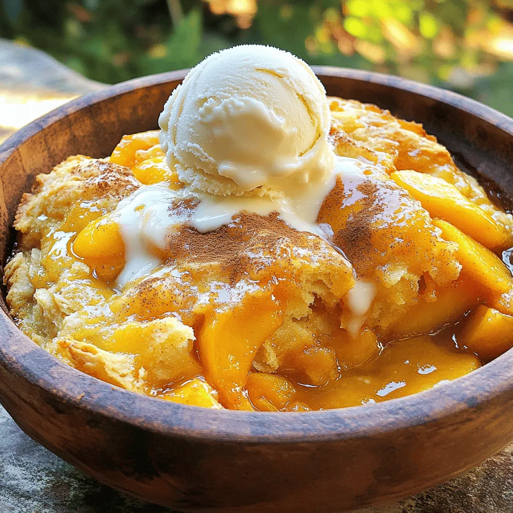 To make a great Peach Cobbler Dump Cake, gather these main items: - 2 cups canned peaches, drained (or 4 cups fresh peaches, sliced) - 1 teaspoon cinnamon - 1 box yellow cake mix (16.25 oz) - 1 cup unsalted butter, melted - ½ cup brown sugar - ½ teaspoon vanilla extract These ingredients blend well to create a sweet, warm dessert. The peaches add natural sweetness, while the cinnamon gives a cozy flavor. You can enhance your dump cake with these optional ingredients: - ¼ cup chopped pecans Adding pecans gives a nice crunch and a nutty taste. You can also serve it with vanilla ice cream or whipped cream for extra indulgence. If you need to swap ingredients, here are some ideas: - Use fresh peaches instead of canned for a fresher taste. - Replace the yellow cake mix with a gluten-free cake mix for a gluten-free version. - Use coconut oil in place of unsalted butter for a dairy-free option. These substitutions keep the charm of the dish while catering to different diets. Always feel free to get creative! First, gather all your ingredients. You will need: - 2 cups canned peaches, drained (or 4 cups fresh peaches, sliced) - 1 teaspoon cinnamon - 1 box yellow cake mix (16.25 oz) - 1 cup unsalted butter, melted - ½ cup brown sugar - ½ teaspoon vanilla extract - ¼ cup chopped pecans (optional) Next, preheat your oven to 350°F (175°C). Grease a 9x13 inch baking dish with non-stick spray or butter. In a medium bowl, mix the drained peaches with cinnamon and vanilla. Spread this peach mix evenly in the bottom of your baking dish. Now, sprinkle the yellow cake mix over the peaches. Make sure to cover all the peaches. Pour the melted butter evenly over the cake mix. This step is key! The butter helps create that lovely cobbler topping. If you want, sprinkle the brown sugar and chopped pecans on top for extra flavor and crunch. Bake in your preheated oven for about 45 minutes. Look for a golden brown top that is bubbling. After baking, let the cobbler cool for at least 10 minutes. This helps set the layers. Serve it warm in individual bowls. I love topping it with a scoop of vanilla ice cream or a dollop of whipped cream. For a fun touch, add a slice of fresh peach on top! Enjoy your delicious dessert! To make the best peach cobbler dump cake, start with ripe, juicy peaches. You can use fresh or canned peaches. If using fresh, slice them thin. This helps them cook well. Always drain canned peaches to avoid excess liquid. Next, mix the peaches with cinnamon and vanilla. This adds great flavor. You want to cover the bottom of your dish evenly with this mix. When adding the cake mix, sprinkle it evenly. Don’t press it down. The melted butter should soak through. This helps form that lovely, cobbler-like top. Bake until golden brown and bubbling. This usually takes about 45 minutes. One common mistake is not preheating the oven. This can lead to uneven baking. Also, avoid using a dish that is too small. Your dump cake needs room to rise and bubble. Another mistake is not letting it cool before serving. It will be very hot and gooey right out of the oven. Let it rest for at least 10 minutes. This helps it set up nicely. To boost flavor, add brown sugar on top before baking. This gives a sweet, caramel touch. If you like crunch, sprinkle chopped pecans on top. They add a nice texture. For a fun twist, try adding coconut flakes or a splash of almond extract. Serve the dump cake warm with a scoop of vanilla ice cream. The cold ice cream melts slightly, creating a sweet sauce. This makes each bite even more special. {{image_2}} You can use many fruits in your dump cake. Instead of peaches, try using apples, cherries, or blueberries. Each fruit gives a unique flavor. For apples, sprinkle cinnamon for a warm taste. If you choose cherries, add a bit of almond extract. These small changes can change the entire dessert! If you need gluten-free options, use a gluten-free cake mix. Many brands make tasty mixes that work well in this recipe. For those who avoid dairy, use plant-based butter. This swap keeps the cake rich and delicious without the dairy. You can still enjoy the peach cobbler flavor. Change your dump cake with the seasons. In fall, add pumpkin spice for a cozy feel. In summer, mix in fresh berries for a light twist. You can even add nuts or coconut for extra texture. These tweaks keep your dessert exciting and fresh all year long! To keep your Peach Cobbler Dump Cake fresh, store the leftovers in an airtight container. You can leave it at room temperature for up to two days. If you have more leftover cake, place it in the fridge. It can last up to one week in the fridge. Just make sure it is covered well. When you are ready to enjoy your cake again, preheat your oven to 350°F (175°C). Place a serving in an oven-safe dish and cover it with foil. Heat for about 15-20 minutes. You can also microwave it for quick reheating. Heat it for 30 seconds, then check. Add more time if needed. You can freeze Peach Cobbler Dump Cake for later. First, let it cool completely. Cut it into portions and wrap each piece in plastic wrap. Then, place the wrapped pieces in a freezer-safe bag. You can freeze it for up to three months. When you want to eat it, thaw it overnight in the fridge. Reheat it in the oven or microwave to enjoy the taste again! A dump cake is a simple dessert. You just dump ingredients in a pan. No mixing is needed! It combines fruit with cake mix and butter. It bakes into a tasty, cobbler-like treat. You can prep this cake the night before. Just layer the peaches and cake mix in the pan. Cover it with plastic wrap and store it in the fridge. When you are ready, pour on the butter and bake it. Yes, you can use fresh peaches! Just slice about four cups. Fresh peaches add a bright flavor. Make sure to peel them before you slice. The rest of the recipe stays the same. To make it healthier, try these tips: - Use a sugar-free cake mix. - Substitute applesauce for some butter. - Add oats for fiber. These swaps keep the taste while cutting calories. Serve it warm for the best taste. I love to add a scoop of vanilla ice cream on top. Whipped cream is also a great choice. You can garnish with a slice of fresh peach for a nice touch! Peach Cobbler Dump Cake is simple and fun to make. We covered main ingredients, optional ones, and how to swap ingredients for your taste. I shared easy steps for prep, baking, and serving. Tips helped you avoid common mistakes and improve flavor. You also learned about fruit variations and storage methods. Now you can enjoy a delicious dessert that fits your needs. Go ahead, get creative, and make this recipe your own!