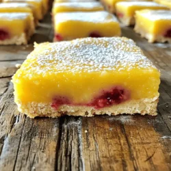 To make these delightful bars, you need the following key ingredients: - 1 cup all-purpose flour - 1/4 cup powdered sugar - 1/2 cup unsalted butter, softened - 1/4 teaspoon salt - 2 large eggs - 1 cup granulated sugar - 1/4 cup freshly squeezed lemon juice - Zest of 1 lemon - 1 cup fresh raspberries These ingredients create a tasty treat that is both sweet and tangy. The flour and butter make a nice crust, while the eggs and sugar give the filling a smooth texture. Fresh lemon juice and zest add a bright flavor, and raspberries give a burst of color and taste. You can add some optional ingredients to make your bars even better: - Extra powdered sugar for dusting This optional dusting gives a lovely finish to the bars. It adds a touch of sweetness and makes the bars look even more appealing. Having the right tools makes cooking easier. For this recipe, you will need: - 8x8 inch baking dish - Parchment paper - Mixing bowls - Whisk - Spatula Using parchment paper helps lift the bars out easily. A whisk is great for mixing the filling smoothly. These tools will help you create perfect Raspberry Lemonade Bars every time. First, you need to preheat your oven to 350°F (175°C). This step is key to getting the bars baked just right. Next, grab an 8x8 inch baking dish. Line it with parchment paper. Leave some paper hanging over the sides. This will help you lift the bars out later. In a medium bowl, mix together these four ingredients: - 1 cup all-purpose flour - 1/4 cup powdered sugar - 1/2 cup unsalted butter, softened - 1/4 teaspoon salt Stir them well until the mix forms a crumbly dough. Then, press this dough into the bottom of your lined baking dish. Make sure to spread it evenly. Bake this crust for about 15 minutes, or until it turns a light golden color. While the crust bakes, you can prepare the filling. In another bowl, whisk together: - 2 large eggs - 1 cup granulated sugar - 1/4 cup freshly squeezed lemon juice - Zest of 1 lemon Mix these until they are smooth and combined. Next, gently fold in 1 cup of fresh raspberries. Be careful not to crush them too much. You want to keep some whole for a nice texture. Once the crust is ready, pour the raspberry-lemon filling over it. Return the dish to the oven and bake for an extra 20-25 minutes. The filling should be set and slightly golden on top when done. After baking, let the bars cool completely in the dish on a wire rack. When cool, use the parchment paper to lift the bars out and cut them into squares. If you like, you can dust the tops with extra powdered sugar before serving. To make a great crust, use cold butter. It keeps the crust flaky. Mix the flour, powdered sugar, and salt well. This helps the flavors blend. Press the dough firmly into the baking dish. Make sure it’s even. Bake until it’s lightly golden. This gives a perfect base for your filling. For a smooth filling, whisk the eggs well. Mix in the granulated sugar until it’s blended. Add the lemon juice and zest next. This gives a bright flavor. Gently fold in the raspberries. Be careful not to mash them. You want some berries whole for texture. This makes every bite exciting. When serving, cut the bars into neat squares. Dust them with powdered sugar for a sweet touch. Use a sharp knife for clean edges. Arrange them on a colorful plate. This makes for a pretty display. You can also add fresh raspberries on top. This adds a nice pop of color. Enjoy with a glass of lemonade for a refreshing treat! {{image_2}} You can switch up the fruit in these bars. Try using blueberries or strawberries. Each fruit gives a unique taste. I love the sweet and tart mix of peach and lemon. You can blend fruits too. For instance, mix raspberries with blackberries for a berry blast! To make these bars gluten-free, swap all-purpose flour with almond or coconut flour. These flours add flavor and texture. You may need to adjust the amounts. Almond flour is heavier, so use less. Coconut flour absorbs more moisture, so add extra liquid. Want to spice things up? Add fresh mint or basil for a herbal twist. You can also mix in a pinch of cinnamon for warmth. If you like spicy, try a dash of cayenne pepper. These small changes can make a big impact on taste! To keep your Raspberry Lemonade Bars fresh, store them in an airtight container. They will stay good at room temperature for up to two days. If you want to keep them longer, place them in the fridge. They can last about a week when chilled. Always make sure to cover them well to prevent them from drying out. You can freeze these bars for longer storage. First, cut them into squares. Wrap each piece tightly in plastic wrap. Then, place them in a freezer-safe bag or container. They will stay fresh in the freezer for up to three months. When you’re ready to enjoy them, just thaw them in the fridge overnight. If you want to warm your Raspberry Lemonade Bars, use the oven. Preheat your oven to 300°F (150°C). Place the bars on a baking sheet and heat for about 10 minutes. This will make them warm and soft without losing their flavor. Avoid using the microwave, as it can make the bars soggy. Enjoy your delicious treat! Yes, you can use frozen raspberries. They work well in this recipe. Just remember to thaw them first. Drain any extra water to keep the filling from being too runny. This way, your bars stay firm and tasty. To add more tartness, increase the lemon juice. Try adding an extra tablespoon. You can also add a bit more lemon zest. This will boost the lemon flavor and balance the sweetness of the raspberries. The best way to cut the bars is using a sharp knife. First, let the bars cool completely. Use the parchment paper to lift them out. Then, run the knife under hot water for clean cuts. Wipe the knife dry between cuts for neat squares. Raspberry Lemonade Bars last up to five days in the fridge. Store them in an airtight container. If you want to keep them longer, you can freeze them for up to three months. Just make sure to wrap them tightly before freezing. Raspberry Lemonade Bars are easy to make and delicious. We covered key ingredients, step-by-step baking, and helpful tips. You can also try different fruit or gluten-free options. Remember to store them right for the best taste. These bars are great for sharing or enjoying at home. I hope you feel inspired to create your own tasty treats. Enjoy the sweet and tangy flavors!