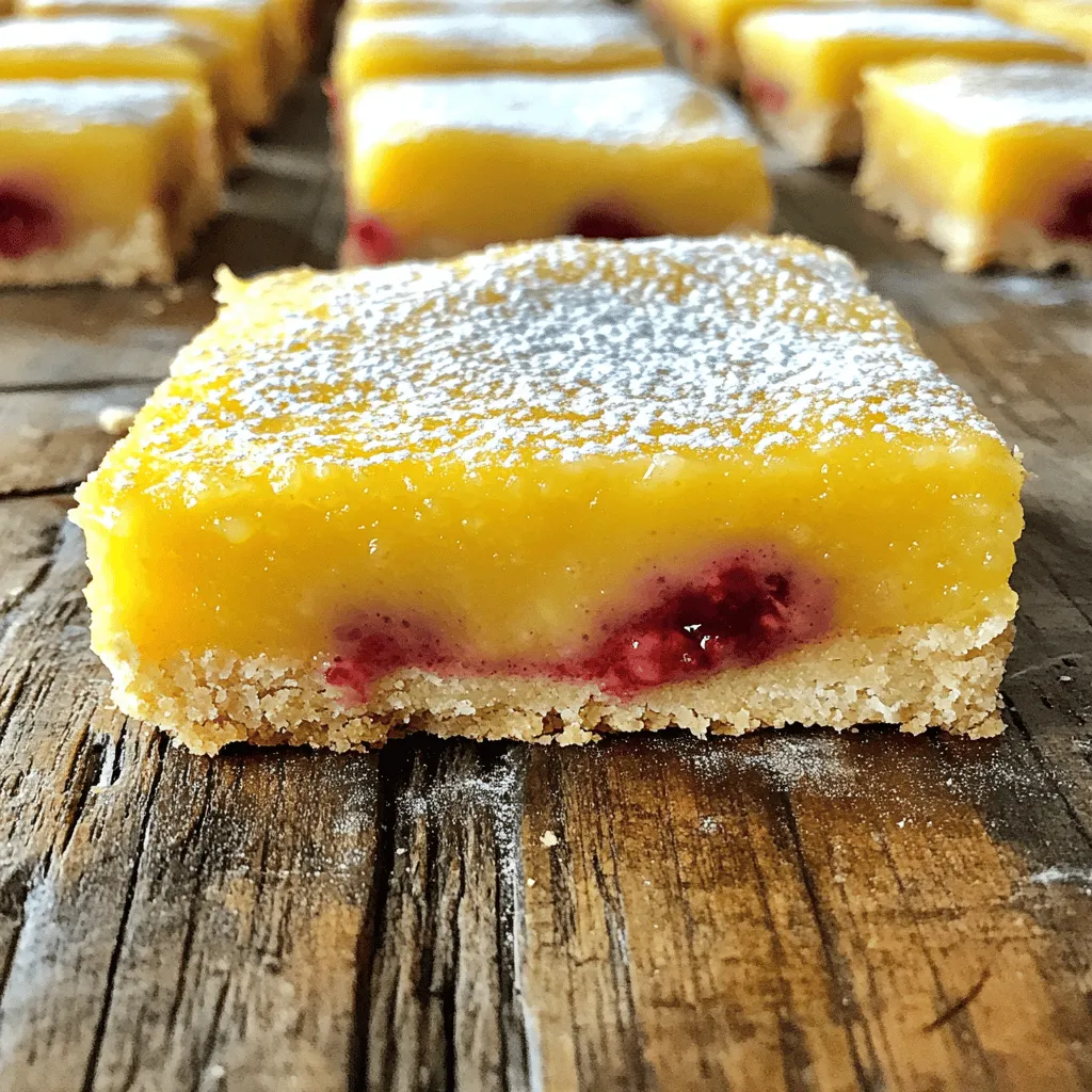 To make these delightful bars, you need the following key ingredients: - 1 cup all-purpose flour - ¼ cup powdered sugar - ½ cup unsalted butter, softened - ¼ teaspoon salt - 2 large eggs - 1 cup granulated sugar - ¼ cup freshly squeezed lemon juice - Zest of 1 lemon - 1 cup fresh raspberries These ingredients create a tasty treat that is both sweet and tangy. The flour and butter make a nice crust, while the eggs and sugar give the filling a smooth texture. Fresh lemon juice and zest add a bright flavor, and raspberries give a burst of color and taste. You can add some optional ingredients to make your bars even better: - Extra powdered sugar for dusting This optional dusting gives a lovely finish to the bars. It adds a touch of sweetness and makes the bars look even more appealing. Having the right tools makes cooking easier. For this recipe, you will need: - 8x8 inch baking dish - Parchment paper - Mixing bowls - Whisk - Spatula Using parchment paper helps lift the bars out easily. A whisk is great for mixing the filling smoothly. These tools will help you create perfect Raspberry Lemonade Bars every time. First, you need to preheat your oven to 350°F (175°C). This step is key to getting the bars baked just right. Next, grab an 8x8 inch baking dish. Line it with parchment paper. Leave some paper hanging over the sides. This will help you lift the bars out later. In a medium bowl, mix together these four ingredients: - 1 cup all-purpose flour - ¼ cup powdered sugar - ½ cup unsalted butter, softened - ¼ teaspoon salt Stir them well until the mix forms a crumbly dough. Then, press this dough into the bottom of your lined baking dish. Make sure to spread it evenly. Bake this crust for about 15 minutes, or until it turns a light golden color. While the crust bakes, you can prepare the filling. In another bowl, whisk together: - 2 large eggs - 1 cup granulated sugar - ¼ cup freshly squeezed lemon juice - Zest of 1 lemon Mix these until they are smooth and combined. Next, gently fold in 1 cup of fresh raspberries. Be careful not to crush them too much. You want to keep some whole for a nice texture. Once the crust is ready, pour the raspberry-lemon filling over it. Return the dish to the oven and bake for an extra 20-25 minutes. The filling should be set and slightly golden on top when done. After baking, let the bars cool completely in the dish on a wire rack. When cool, use the parchment paper to lift the bars out and cut them into squares. If you like, you can dust the tops with extra powdered sugar before serving. To make a great crust, use cold butter. It keeps the crust flaky. Mix the flour, powdered sugar, and salt well. This helps the flavors blend. Press the dough firmly into the baking dish. Make sure it’s even. Bake until it’s lightly golden. This gives a perfect base for your filling. For a smooth filling, whisk the eggs well. Mix in the granulated sugar until it’s blended. Add the lemon juice and zest next. This gives a bright flavor. Gently fold in the raspberries. Be careful not to mash them. You want some berries whole for texture. This makes every bite exciting. When serving, cut the bars into neat squares. Dust them with powdered sugar for a sweet touch. Use a sharp knife for clean edges. Arrange them on a colorful plate. This makes for a pretty display. You can also add fresh raspberries on top. This adds a nice pop of color. Enjoy with a glass of lemonade for a refreshing treat! {{image_2}} You can switch up the fruit in these bars. Try using blueberries or strawberries. Each fruit gives a unique taste. I love the sweet and tart mix of peach and lemon. You can blend fruits too. For instance, mix raspberries with blackberries for a berry blast! To make these bars gluten-free, swap all-purpose flour with almond or coconut flour. These flours add flavor and texture. You may need to adjust the amounts. Almond flour is heavier, so use less. Coconut flour absorbs more moisture, so add extra liquid. Want to spice things up? Add fresh mint or basil for a herbal twist. You can also mix in a pinch of cinnamon for warmth. If you like spicy, try a dash of cayenne pepper. These small changes can make a big impact on taste! To keep your Raspberry Lemonade Bars fresh, store them in an airtight container. They will stay good at room temperature for up to two days. If you want to keep them longer, place them in the fridge. They can last about a week when chilled. Always make sure to cover them well to prevent them from drying out. You can freeze these bars for longer storage. First, cut them into squares. Wrap each piece tightly in plastic wrap. Then, place them in a freezer-safe bag or container. They will stay fresh in the freezer for up to three months. When you’re ready to enjoy them, just thaw them in the fridge overnight. If you want to warm your Raspberry Lemonade Bars, use the oven. Preheat your oven to 300°F (150°C). Place the bars on a baking sheet and heat for about 10 minutes. This will make them warm and soft without losing their flavor. Avoid using the microwave, as it can make the bars soggy. Enjoy your delicious treat! Yes, you can use frozen raspberries. They work well in this recipe. Just remember to thaw them first. Drain any extra water to keep the filling from being too runny. This way, your bars stay firm and tasty. To add more tartness, increase the lemon juice. Try adding an extra tablespoon. You can also add a bit more lemon zest. This will boost the lemon flavor and balance the sweetness of the raspberries. The best way to cut the bars is using a sharp knife. First, let the bars cool completely. Use the parchment paper to lift them out. Then, run the knife under hot water for clean cuts. Wipe the knife dry between cuts for neat squares. Raspberry Lemonade Bars last up to five days in the fridge. Store them in an airtight container. If you want to keep them longer, you can freeze them for up to three months. Just make sure to wrap them tightly before freezing. Raspberry Lemonade Bars are easy to make and delicious. We covered key ingredients, step-by-step baking, and helpful tips. You can also try different fruit or gluten-free options. Remember to store them right for the best taste. These bars are great for sharing or enjoying at home. I hope you feel inspired to create your own tasty treats. Enjoy the sweet and tangy flavors!