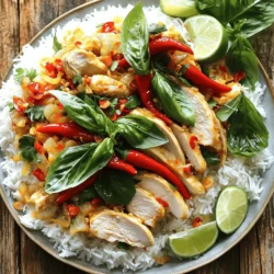 To make Spicy Thai Basil Chicken, you need these key ingredients: - 1 lb (450g) chicken breast, thinly sliced - 2 tablespoons vegetable oil - 4 cloves garlic, minced - 2 shallots, sliced - 2-3 Thai bird's eye chilies, finely chopped (adjust to taste) - 1 red bell pepper, sliced - 1 cup fresh Thai basil leaves - 2 tablespoons soy sauce - 1 tablespoon oyster sauce (or a vegetarian alternative) - 1 tablespoon fish sauce (or a vegetarian alternative) - 1 tablespoon sugar - Cooked jasmine rice, for serving You can swap some ingredients if you want. Here are a few ideas: - Chicken can be replaced with tofu or shrimp for a different protein. - Use canola oil or coconut oil instead of vegetable oil. - If you can't find Thai bird's eye chilies, try using jalapeños for heat. - You can skip fish sauce and use extra soy sauce for a vegetarian option. - For a sweeter dish, add more sugar or a splash of honey. The quality of your ingredients matters. Here are my tips for the best flavors: - Choose fresh chicken breast for tenderness and flavor. - Look for vibrant, deep green Thai basil; it adds a fragrant touch. - Use low-sodium soy sauce to control the salt level in your dish. - Fresh garlic and shallots will give a stronger taste than dried. - If possible, get authentic Thai fish sauce for the best umami flavor. Using high-quality ingredients will enhance your dish and make it more enjoyable. To make Spicy Thai Basil Chicken, start by gathering your ingredients. You will need chicken, garlic, shallots, chilies, bell pepper, and Thai basil. The sauce requires soy sauce, oyster sauce, fish sauce, and sugar. This dish cooks quickly, so prep is key. 1. Heat 2 tablespoons of vegetable oil in a large skillet or wok over medium-high heat. 2. Add 4 minced garlic cloves and 2 sliced shallots. Cook them until they smell great and turn light gold, about 1-2 minutes. 3. Stir in 1 pound of thinly sliced chicken breast. Cook for about 4-5 minutes until it is no longer pink. 4. Add 2-3 finely chopped Thai bird's eye chilies and 1 sliced red bell pepper. Stir well and cook for another 2 minutes. 5. In a small bowl, mix 2 tablespoons of soy sauce, 1 tablespoon of oyster sauce, 1 tablespoon of fish sauce, and 1 tablespoon of sugar. 6. Pour this sauce mixture over the chicken and veggies. Stir to coat everything well. Let it simmer for 2-3 minutes to thicken. 7. Remove from heat and fold in 1 cup of fresh Thai basil leaves. They should wilt with the heat. 8. Serve your spicy Thai basil chicken over cooked jasmine rice. Serve it hot in a bowl. Add more fresh Thai basil on top for color and flavor. For a zesty kick, include lime wedges on the side. To make your spicy Thai basil chicken shine, use fresh ingredients. Fresh Thai basil gives a bright taste. The heat from bird's eye chilies can be adjusted. If you want less heat, remove the seeds. Sauté garlic and shallots until golden. This step builds a rich flavor base. Cook the chicken until it's no longer pink. This keeps it juicy and tender. Stir the sauce in well to coat everything. Let it simmer to thicken nicely. When you buy chicken, check for freshness. Store it in the fridge if you use it soon. Otherwise, freeze it in a sealed bag. Fresh vegetables should stay in the fridge. Keep basil in a glass of water for longer life. For sauces, label containers with the date. Store leftovers in an airtight container. This keeps them fresh for a few days. One common mistake is overcooking the chicken. Watch it closely; it cooks fast. Another mistake is not tasting the sauce. Adjust the flavors to your liking. Make sure to chop chilies finely for even heat. Don’t skip the step of adding basil last. It wilts nicely and keeps its flavor. Lastly, avoid using old sauces. They can spoil the dish. {{image_2}} You can make spicy Thai basil chicken without meat. Use tofu instead of chicken. Firm tofu works best. Cut it into bite-sized pieces. Sauté it in oil until golden. Use the same sauces to keep the flavor. Also, try adding more veggies like broccoli or carrots. They add color and crunch. Want more heat? Add more Thai bird's eye chilies. You can start with one and taste. If you like it milder, remove the seeds from the chilies. You can also use sweet bell peppers for a milder taste. If you want a different kick, try adding some chili paste. It adds depth and warmth. Feel free to swap ingredients based on what you have. Use chicken thighs instead of breasts for more flavor. You can use tamari instead of soy sauce for a gluten-free option. If you don’t have fish sauce, try coconut aminos. It gives a sweeter taste. You can also mix in other greens like spinach or bok choy for added nutrition. To keep your spicy Thai basil chicken fresh, let it cool first. Place it in an airtight container. This helps keep it safe from bad odors and bacteria. Stored this way, it lasts in the fridge for 3-4 days. If you want longer storage, consider freezing. When you’re ready to eat leftovers, use a microwave or stovetop. For the microwave, heat in short bursts, stirring between each. This helps heat evenly. On the stovetop, add a splash of water to the pan. Heat on medium until warm. This keeps the chicken moist and tasty. If you freeze the chicken, use a freezer-safe bag or container. Remove as much air as possible to prevent freezer burn. It can last for up to 2 months in the freezer. When you're ready to eat, thaw it in the fridge overnight. Then, reheat using the stovetop or microwave. Enjoy each bite just like the first time! Spicy Thai Basil Chicken is a tasty dish from Thailand. It features chicken cooked with garlic, chilies, and fresh basil. The sauce gives it a nice blend of salty and sweet flavors. Each bite packs a punch of heat and aroma. The dish is often served with jasmine rice. It is quick to make and perfect for dinner. Making Spicy Thai Basil Chicken takes about 25 minutes. You will spend 10 minutes prepping the ingredients. Cooking takes around 15 minutes. This quick cook time makes it a great choice for busy nights. You can have a delicious meal ready in no time. Yes, you can make Spicy Thai Basil Chicken in advance. Cook it fully and let it cool down. Store it in an airtight container in the fridge. It will stay fresh for up to three days. When you’re ready to eat, just reheat it in a pan. This makes it easy to enjoy later. You can create a delicious Spicy Thai Basil Chicken with fresh, quality ingredients. Follow the step-by-step cooking process for the best flavor, and remember the tips to avoid common mistakes. You can also play with variations to match your taste. Store leftovers properly to enjoy them later. This dish is fun to make and can fit any diet. Dive into this recipe and bring an exciting meal to your table!