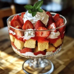 To make a Strawberry Shortcake Trifle, you need these fresh ingredients: - 2 cups fresh strawberries, hulled and sliced - 2 tablespoons sugar - 2 cups heavy whipping cream - 1 cup powdered sugar - 1 teaspoon vanilla extract - 8-10 pieces of homemade or store-bought shortcake (or sponge cake), cut into cubes - 1 cup vanilla yogurt - Fresh mint leaves for garnish Each item plays a key role in creating a tasty dessert. Fresh strawberries bring sweetness and tartness. The sugar helps draw out the strawberry juices, adding flavor. Heavy whipping cream gives a rich, creamy texture. Powdered sugar sweetens the whipped cream, making it light and airy. Vanilla extract adds warmth and depth to the cream. The shortcake or sponge cake forms the base, giving structure. Vanilla yogurt adds tanginess and creaminess. Finally, fresh mint leaves add a pop of color and flavor. Gather all these items before you start. This will make the process smooth and fun! First, take 2 cups of fresh strawberries. Hull and slice them. Place the sliced strawberries in a medium bowl. Add 2 tablespoons of sugar to the strawberries. Toss them together gently. Let this mix sit for about 15 minutes. This helps the strawberries release their sweet juices. In another bowl, pour 2 cups of heavy whipping cream. Add 1 cup of powdered sugar and 1 teaspoon of vanilla extract. Use a mixer to whip this mixture. Stop when you see soft peaks form. Be careful not to overwhip, as this can lead to a grainy texture. Soft peaks will make your trifle look and taste creamy. Now, it’s time to layer your trifle. Take half of the strawberries and place them at the bottom of your trifle dish. If you use glasses, it works well too. Next, add a layer of shortcake cubes over the strawberries. Press them down gently. Spread a layer of vanilla yogurt over the shortcake. After that, add a layer of whipped cream. Repeat these layers until you run out of ingredients. Make sure the last layer is whipped cream. For a pretty finish, top it with the remaining strawberries and a few fresh mint leaves. Chill your trifle in the fridge for at least one hour. This helps all the flavors mix together. To make the best whipped cream, beat the cream slowly. Start on low speed to avoid splatters. Gradually increase the speed until soft peaks form. Watch closely! If you whip too long, it will turn into butter. If this happens, you can save it by adding more cream and mixing gently. You can also add flavors to your whipped cream. Try using cocoa powder for a chocolate touch or a splash of coffee for a rich taste. For a fruity twist, mix in some lemon zest or orange zest. These options bring fun flavors to your trifle. Layering is key to a great trifle. Start with a layer of strawberries at the bottom. This helps to catch juices and keeps the cake from getting soggy. Next, add shortcake cubes and press them down gently. Follow with yogurt and whipped cream layers. For a stunning presentation, use clear glasses. This lets everyone see the pretty layers. Top each glass with a slice of strawberry and a mint leaf. This little touch adds a pop of color. Your guests will love the look and taste of your trifle! {{image_2}} You can switch up the fruit based on the season. In spring, try fresh peaches. In summer, blueberries add a nice touch. Fall brings ripe apples, and winter offers sweet citrus. Each fruit adds a unique taste and color to your trifle. If you need a gluten-free option, use gluten-free shortcake or sponge cake. Many stores sell gluten-free cakes now. You can also make your own using almond flour or coconut flour. Make sure your yogurt and cream are gluten-free too. Want to spice up your trifle? Use flavored yogurt like strawberry or vanilla bean. You can also infuse your whipped cream with lemon zest or coffee. These small changes can elevate your dessert to new heights. To store your trifle, cover it with plastic wrap. Place it in the fridge. It will stay fresh for up to three days. The layers will soften a bit, but the taste remains great. If you want the best texture, eat it within two days. Make sure to keep any extra strawberries in a separate container. This keeps them fresh for longer. Can you freeze a trifle? Freezing a trifle is not the best choice. The whipped cream can lose its texture. If you freeze it, the layers may separate when thawed. How to store components separately If you want to save parts of the trifle, freeze the whipped cream and shortcake separately. Place each in airtight containers. The strawberries can be frozen too, but they may become mushy. When you are ready to eat, just thaw each part in the fridge. Then, assemble your trifle fresh! You can keep a Strawberry Shortcake Trifle in the fridge for up to three days. After that, the layers may start to blend together. The cream and cake may become soggy. It’s best to enjoy it fresh for the best taste and texture. Always cover it tightly with plastic wrap to keep it fresh. Yes, you can make the trifle a day in advance. This allows the flavors to blend well. Just remember to layer it carefully. It’s best to chill it overnight. This makes it easy for parties or gatherings. Just make sure to add mint and strawberries on top right before serving for a fresh look. The best cake for a trifle is a light sponge cake or shortcake. Both options soak up the flavors well. If you prefer a gluten-free option, use a gluten-free sponge cake. You can also use store-bought cakes for convenience. Just cut them into cubes for easy layering. This blog post covered how to make a delicious Strawberry Shortcake Trifle. We went over the key ingredients, like fresh strawberries, whipped cream, and shortcake. I shared step-by-step instructions to guide you. You found tips to perfect your whipped cream and layer your trifle beautifully. Also, you learned about variations and storage for your dessert. Now, it’s time to enjoy your trifle with friends and family. Have fun making it your own!