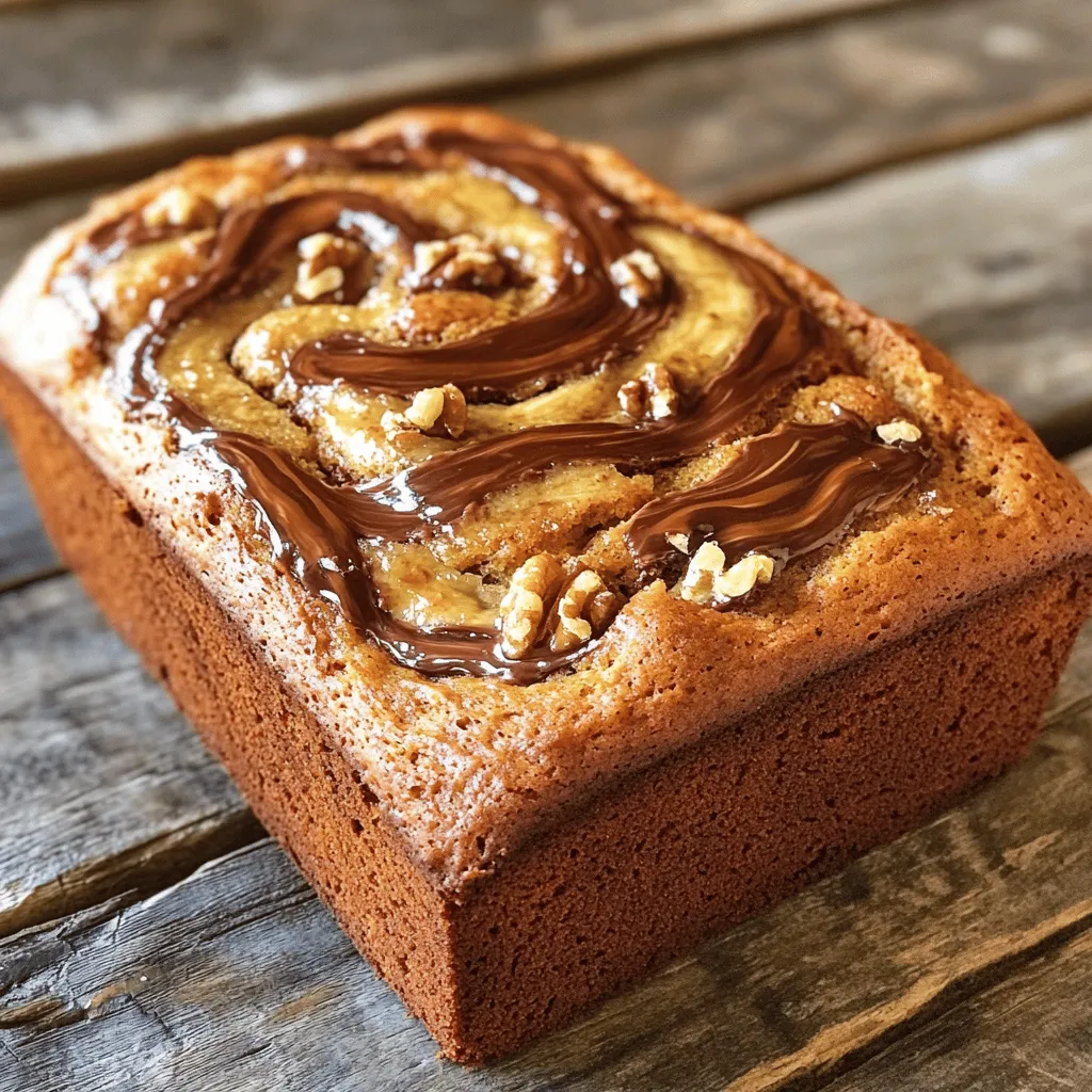 - 3 ripe bananas, mashed - ⅓ cup melted butter - ½ cup granulated sugar - 1 large egg, beaten - 1 teaspoon vanilla extract - 1 teaspoon baking soda - A pinch of salt - 1 cup all-purpose flour - ½ cup Nutella (or chocolate hazelnut spread) - ½ cup chopped walnuts (optional) - Alternatives for bananas: You can use unsweetened applesauce. This adds moisture and sweetness. - Gluten-free options for flour: Try using almond flour or a gluten-free blend. Both work well. - Nutella substitutes: Use any chocolate hazelnut spread or even peanut butter for a twist. - Ripe bananas for sweetness: The riper the bananas, the sweeter the bread. Look for brown spots. - Choosing the right chocolate spread: A high-quality chocolate spread adds rich flavor. It makes your bread extra special. First, set your oven to 350°F (175°C). This helps the bread bake evenly. While the oven heats up, grab a 9x5 inch loaf pan. Grease it well with butter or baking spray. This prevents the bread from sticking and makes for easy removal later. In a big bowl, take your three ripe bananas and mash them. You want them smooth and creamy. Next, pour in ⅓ cup of melted butter. Mix them together until combined. Now, add ½ cup of granulated sugar, one beaten egg, and 1 teaspoon of vanilla extract. Stir this mixture well. You want all the ingredients to blend nicely. Now, sprinkle 1 teaspoon of baking soda and a pinch of salt over the wet mix. Stir just until combined. Do not overmix! Next, gently fold in 1 cup of all-purpose flour. Keep folding until you see no dry flour. If you like nuts, mix in ½ cup of chopped walnuts at this point. Pour half of the banana batter into your greased loaf pan. Next, take ½ cup of Nutella and spoon dollops over the batter. Use a knife or skewer to swirl the Nutella gently into the batter. Be careful not to mix it too much! Pour the rest of the banana batter on top. Again, add dollops of Nutella and swirl gently. This creates that beautiful marbled look. Now, it's time to bake! Place the loaf pan in the preheated oven. Bake for about 50-60 minutes. To check if it’s done, insert a toothpick into the center. If it comes out clean, your bread is ready. Let it cool in the pan for 10 minutes before moving it to a wire rack to cool completely. Enjoy your delicious creation! To get the best texture, mash your bananas well. They should be smooth, with no lumps. The right consistency helps the bread rise nicely. When mixing the batter, stop as soon as you no longer see dry flour. Overmixing can make the bread tough. One big mistake is using unripe bananas. Ripe bananas are sweeter and add moisture. They should have brown spots for the best flavor. Also, pay close attention to baking time. Overbaking dries out the bread, while underbaking leaves it gooey. Always check with a toothpick. This bread is delicious plain, but you can make it even better. Serve it warm with a pat of butter. For a treat, add a scoop of ice cream on top. Pair it with coffee or a glass of milk for a perfect snack. Enjoy it at breakfast or as a dessert! {{image_2}} You can enhance your Banana Nutella Swirl Bread with spices. Adding cinnamon or nutmeg gives a warm touch. These spices blend well with the banana and chocolate flavors. You can start with a half teaspoon of each. This small change can make a big difference. You can also experiment with different nuts. While walnuts are classic, try pecans or hazelnuts. Each nut adds a unique taste and texture to the bread. Toasting the nuts first can boost their flavor. Just remember to chop them coarsely for great bites. If you're looking for vegan options, I have some ideas. Swap the egg for a flaxseed or chia seed mixture. Combine one tablespoon of seeds with three tablespoons of water and let it sit for five minutes. Use this as a perfect egg substitute. For a low-sugar version, try using mashed dates or applesauce. These natural sweeteners work well in banana bread. You can also reduce the granulated sugar by half. This way, you keep the bread sweet but healthier. Many cultures have their own takes on banana bread. For instance, in Brazil, they often add coconut flakes. This gives a tropical twist that pairs well with chocolate. You can also try adding spices from your region. Incorporating local ingredients can make your bread unique. If you have access to local nuts or fruits, use them. This not only supports local farmers but adds personal flair to your baking. Each bite can tell a story of where you're from. To keep your Banana Nutella Swirl Bread fresh, store it at room temperature. Use a sealed container or a plastic bag. This helps to keep the bread soft. Avoid direct sunlight and heat sources. For best results, wrap the bread in plastic wrap before placing it in the container. This extra layer keeps moisture in. If you want to freeze your bread, slice it first. Place each slice in a freezer bag, removing as much air as possible. This prevents freezer burn and keeps the bread tasty. You can freeze the slices for up to three months. When you're ready to eat, thaw the slices at room temperature or warm them in the toaster. This method revives the flavor and texture. At room temperature, the bread lasts about three days. After that, it may start to dry out. Look for a few signs that the bread has gone bad. If you see mold or notice an off smell, it’s best to toss it. Freshness is key to enjoying this treat. Yes, you can use frozen bananas! Just thaw them first. Frozen bananas work great in baking. They become mushy, which helps mix easily. You can mash them right after thawing. This adds natural sweetness to your bread. Remember to drain any excess liquid before mixing. To check if the bread is done, use a toothpick. Insert it into the center of the bread. If it comes out clean, the bread is ready. Look for a golden-brown color on top. The edges may pull away from the pan slightly. This means your bread is baked perfectly! There are many fun ways to use leftover Nutella! You can spread it on toast or pancakes. Add it to smoothies for a chocolaty twist. Use it as a dip for fruits like strawberries or apples. You can also swirl it into yogurt or oatmeal for extra flavor. You now have a complete guide to making Banana Nutella Swirl Bread. We covered key ingredients, simple instructions, and tips to avoid mistakes. You learned about ingredient substitutions and the importance of quality. Plus, we discussed variations to make this recipe your own. Remember, the best results come from ripe bananas and careful baking. Enjoy every slice, and feel free to experiment with flavors! Happy baking!