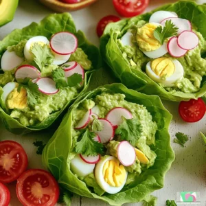 - 4 hard-boiled eggs, chopped - 1 ripe avocado, mashed - 2 tablespoons Greek yogurt - 1 tablespoon Dijon mustard - 1 tablespoon fresh lime juice - ¼ cup red onion, finely chopped - ¼ cup fresh cilantro, chopped - Salt and pepper to taste - 8 large lettuce leaves (such as Romaine or Butter Lettuce) - Optional: Sliced radishes and cherry tomatoes for garnish To make Avocado Egg Salad Lettuce Wraps, you need fresh and simple ingredients. Start with four hard-boiled eggs. Make sure they are well-cooked and cool. Next, grab one ripe avocado. The creaminess of the avocado makes this dish rich and tasty. You will also need Greek yogurt. This adds moisture and a nice tang. Dijon mustard adds depth and a bit of spice. Fresh lime juice brightens the flavors and keeps the avocado from browning. The red onion gives a crunchy bite, while fresh cilantro adds a fresh taste. Remember to season with salt and pepper to make it sing! For the wraps, choose large lettuce leaves. Romaine or butter lettuce works best. They hold the filling well and add a crisp texture. If you like, add sliced radishes and cherry tomatoes for garnish. They add color and extra crunch. This mix of ingredients creates a delightful meal that's fresh and satisfying. Boiling the eggs To start, fill a pot with water and add your eggs. Make sure the water covers the eggs completely. Turn the heat to high and bring the water to a boil. Once it boils, cover the pot and turn off the heat. Let the eggs sit for 12 minutes. Cooling and peeling After 12 minutes, move the eggs to an ice bath. This helps cool them quickly. Let them sit for a few minutes. Once cool, gently tap each egg on the counter. Roll it to crack the shell, then peel it off. Your eggs are now ready! Combining eggs and avocado In a mixing bowl, chop the hard-boiled eggs into small pieces. Then, add the ripe avocado that you have mashed. Use a fork to mix them together until smooth. Adding yogurt, mustard, and lime juice Next, stir in the Greek yogurt and Dijon mustard. This will make your salad creamy and tasty. Pour in the fresh lime juice too, and mix well until everything is combined. Folding in onion and cilantro Now, carefully fold in the finely chopped red onion and fresh cilantro. Add salt and pepper to taste. Make sure to mix gently to keep the eggs intact. Adjust the seasoning based on your liking. Spoon filling into lettuce leaves Take a large lettuce leaf, like Romaine or Butter Lettuce. Spoon a good amount of the avocado egg salad mixture into the leaf. Garnishing with veggies If you like, add sliced radishes and cherry tomatoes on top. They add color and crunch to your wrap. Roll or fold the lettuce leaf and enjoy your fresh meal right away! To make the best hard-boiled eggs, timing matters. Start by placing eggs in a pot. Cover them with water. Bring the water to a boil. Once boiling, cover the pot and remove it from heat. Let the eggs sit for 12 minutes. After that, cool them in an ice bath. This helps to stop the cooking. Once cooled, peel the eggs under running water for easier shell removal. You can change up your salad easily. If you want an alternative to Greek yogurt, try using sour cream or mayonnaise. Both add creaminess to the mix. For extra flavor, add spices like paprika or cumin. These spices give a nice kick. You can also fold in diced pickles or capers for a tangy twist. For the wraps, you need the right lettuce. Romaine and Butter Lettuce work great for this recipe. They are sturdy and hold the filling well. Other options include iceberg and green leaf lettuce. Each type offers a unique crunch and taste. Choose what you enjoy most for a fresh bite. {{image_2}} You can easily twist the avocado egg salad. Add sautéed vegetables for extra taste. Peppers, spinach, or even zucchini work well. Their warmth adds a nice touch. You can also boost protein with chicken or shrimp. These additions make the meal heartier and more filling. Changing the dressing can make a big difference. Try different mustards like whole grain or spicy brown. You can also add citrus juice like lemon or orange for zest. Spices like paprika or dill can elevate the flavor. A little pinch can go a long way. If you're vegan, swap the eggs with chickpeas or tofu. Mash them just like the avocado. For a lighter version, use less Greek yogurt or replace it with a low-fat option. This keeps the salad creamy without adding too many calories. To keep leftover egg salad fresh, use an airtight container. Place the egg salad in the container and seal it tightly. This helps to lock in moisture and flavor. Store it in the refrigerator right away. Avoid leaving it out at room temperature for long. Avocado egg salad lasts about 2 to 3 days in the fridge. After that, it may spoil or lose its taste. Always check for any off smells or changes in texture before eating. If you see browning on the avocado, it's best to discard it. You can freeze avocado egg salad, but the texture may change when thawed. To freeze, place the salad in a freezer-safe container and seal it well. When you are ready to eat, thaw it in the fridge overnight. Stir it well before serving, and be ready for a slight change in creaminess. To prevent browning, use fresh lime juice. The acidity slows oxidation. After mashing the avocado, mix it right away with the other ingredients. Store leftovers in an airtight container. You can add plastic wrap directly on the surface to limit air contact. Yes, you can prepare the salad ahead of time. Make the avocado egg salad and store it in the fridge. Keep it in an airtight container for up to two days. However, prepare the lettuce wraps just before serving. This keeps the lettuce crisp and fresh. Avocado egg salad wraps pair well with fresh fruit. Try serving them with sliced cucumbers or carrot sticks. A light soup, like gazpacho, complements the meal nicely. For drinks, fresh lemonade or iced tea works great too. - Nutritional information and considerations These wraps are healthy and filling. They provide protein from eggs and healthy fats from avocado. Each wrap is low in carbs and gluten-free. Enjoy these wraps as a light lunch or snack without guilt. This blog post shared a simple and tasty recipe for avocado egg salad lettuce wraps. You learned about making the wraps, mixing fresh ingredients like hard-boiled eggs, ripe avocado, and Greek yogurt. I also shared tips on customizing your salad and storing leftovers. Enjoy experimenting with different flavors while keeping your meals healthy. Healthy food can be fun and easy to make!