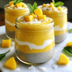 To make the Mango Coconut Chia Pudding, you will need some simple ingredients. Here’s the list: - 1 cup coconut milk (full-fat for creaminess) - 1/2 cup almond milk (or any plant-based milk) - 1/4 cup chia seeds - 2 tablespoons maple syrup (or honey) - 1 mango, pureed and diced, with a little extra for topping - 1 teaspoon vanilla extract - Pinch of sea salt - Toasted coconut flakes for garnish Coconut milk gives this pudding a rich and creamy base. Almond milk adds a nice touch without being heavy. Chia seeds are the star, providing texture and health benefits. You can choose maple syrup or honey as sweeteners to suit your taste. Fresh mango brings bright flavor and sweetness. The vanilla extract enhances the overall taste, while sea salt balances the sweetness. For a crunchy finish, toasted coconut flakes make a great topping. Gather these ingredients before you start. Having everything ready helps the process go smoothly and makes cooking fun! In a mixing bowl, I combine 1 cup of coconut milk with 1/2 cup of almond milk. I add 1 teaspoon of vanilla extract to give it a nice flavor. I stir these ingredients until they blend well together. The coconut milk gives a rich taste, and the almond milk keeps it light. Next, I incorporate 1/4 cup of chia seeds into the mixture. I also add 2 tablespoons of maple syrup for sweetness and a pinch of sea salt. I mix everything thoroughly, ensuring the chia seeds spread evenly. This step is vital because it helps the seeds absorb moisture and swell. I cover the bowl with plastic wrap and place it in the fridge. I let it chill for at least 4 hours, but overnight is even better. During this time, the chia seeds expand, creating a thick and creamy pudding-like texture. You will know it’s ready when it feels firm yet smooth. After chilling, I stir the mixture again to break up any clumps. If it feels too thick, I add a splash of almond milk to reach my desired consistency. Then, I gently fold in half of the mango puree. I leave some swirls for a lovely look. To serve, I spoon the pudding into bowls or jars, layering with the remaining mango puree and diced mango on top. I finish by sprinkling toasted coconut flakes over everything for a crunchy touch. To make the best mango coconut chia pudding, focus on texture. First, avoid clumping. Mix the chia seeds well with the liquids right after adding them. This step keeps the seeds evenly spread out. If you see any clumps after chilling, stir the mixture again. If the pudding is too thick, add a splash of almond milk. This will help you reach your desired creaminess without losing the flavor. The goal is a smooth, pudding-like consistency. For sweetness, I recommend using about two tablespoons of maple syrup or honey. This amount adds a nice touch without being too sweet. You can always adjust it based on your taste. If you prefer a sweeter pudding, feel free to add a bit more. Just remember to keep a balance with the mango's natural sweetness. When serving, you can choose between jars or bowls. Jars add a fun, layered look. Bowls are great for larger servings. Both options allow for creativity. For garnishes, sprinkle toasted coconut flakes on top for crunch. A few mint leaves add a pop of color and freshness. You can also add extra diced mango for a lovely finish. This will make your mango coconut chia pudding look as good as it tastes! {{image_2}} You can use other plant-based options for this recipe. Almond milk works great, but you can also try oat milk or soy milk. Each milk brings a unique taste. Coconut milk gives a rich creaminess, while almond milk adds a nutty flavor. Explore different options to find your favorite mix. Adding spices can take your pudding to the next level. A hint of cinnamon or nutmeg can warm up the flavor. You can also try different fruits. Instead of mango, use berries or bananas for a fun twist. Each fruit brings its own sweetness and color, making the pudding more exciting. To keep this recipe vegan, ensure all ingredients are plant-based. Use maple syrup instead of honey for sweetness. Check your almond milk and any add-ins for dairy. This way, everyone can enjoy this delicious treat, no matter their diet. To keep your mango coconut chia pudding fresh, use airtight containers. Glass jars work great. They help maintain flavor and texture. If you use plastic containers, make sure they seal well. Label your containers with the date. This way, you know when you made it. In the fridge, your chia pudding lasts about five days. After that, the texture may change. It might get too thick or watery. Always check for any off smells or colors before eating. If you notice anything strange, it's best to toss it out. You can freeze chia pudding, but it’s not ideal. The texture may change when thawed. If you want to freeze it, portion it out in small containers. When ready to eat, let it thaw in the fridge overnight. Stir it well before serving to help regain some smoothness. To make Mango Coconut Chia Pudding, follow these steps: 1. Mix 1 cup of coconut milk and 1/2 cup of almond milk in a bowl. 2. Add 1 teaspoon of vanilla extract and stir well. 3. Toss in 1/4 cup of chia seeds, 2 tablespoons of maple syrup, and a pinch of salt. Mix until smooth. 4. Cover the bowl and chill for at least 4 hours or overnight. 5. Stir the pudding to break clumps and add more almond milk if needed. 6. Fold in half of the mango puree, then layer in bowls with diced mango on top. 7. Garnish with toasted coconut flakes for a tasty finish. Chia pudding is a nutrient-rich treat. Here’s what you get in one serving: - Calories: About 250 - Protein: 5 grams - Carbohydrates: 30 grams - Fiber: 10 grams - Healthy fats: 10 grams Chia seeds are very high in fiber, which helps digestion. The pudding also provides calcium and omega-3 fatty acids. Yes, you can use fresh mango! Just peel and dice the mango into small pieces. Mix these pieces into your pudding for added texture. You can also blend some fresh mango for a puree and layer it on top. Chia seeds are tiny powerhouses. They offer many health benefits, such as: - High in fiber: This helps you feel full longer. - Rich in omega-3 fatty acids: Good for heart health. - Source of protein: Helps with muscle repair. - Packed with antioxidants: These help fight free radicals in the body. Adding chia seeds to your diet is a smart choice for overall health! This blog post detailed how to make delicious mango coconut chia pudding. We covered the key ingredients, from coconut milk to chia seeds. You learned step-by-step instructions for mixing, chilling, and assembling your pudding. We shared tips to perfect the texture and sweetness. You also discovered variations and storage advice. In closing, making this pudding is fun and easy. Explore different flavors and enjoy your healthy treat!