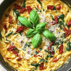 - 1 cup orzo pasta - 2 tablespoons olive oil - 3 cloves garlic, minced - 1 cup sun-dried tomatoes, chopped - 1 cup vegetable broth - 1 cup heavy cream - 1 teaspoon Italian seasoning - Salt and pepper to taste - 1 cup fresh spinach - ½ cup grated Parmesan cheese - Fresh basil leaves for garnish You can add more flavors with these garnishes: - Crushed red pepper for heat - Extra Parmesan cheese for richness - A squeeze of lemon for brightness - Orzo Pasta: Choose high-quality orzo for a nice texture. Look for brands with no added preservatives. - Olive Oil: Use extra virgin olive oil for depth of flavor. Check for cold-pressed options for the best taste. - Sun-Dried Tomatoes: Opt for those packed in oil. They will have a richer taste and softer texture. - Vegetable Broth: Select low-sodium broth to control salt levels in your dish. - Heavy Cream: Use pure heavy cream, not a light or whipped version, for a rich and creamy sauce. - Fresh Spinach: Look for bright green leaves without wilting. Freshness adds a pop of color and nutrients. - Parmesan Cheese: Buy a block and grate it yourself for the best flavor and texture. By selecting quality ingredients, you ensure that your creamy sun-dried tomato orzo is bursting with flavor and has the best texture. Enjoy cooking! First, gather all your ingredients. You need: - 1 cup orzo pasta - 2 tablespoons olive oil - 3 cloves garlic, minced - 1 cup sun-dried tomatoes, chopped - 1 cup vegetable broth - 1 cup heavy cream - 1 teaspoon Italian seasoning - Salt and pepper to taste - 1 cup fresh spinach - ½ cup grated Parmesan cheese - Fresh basil leaves for garnish Next, measure out everything. This makes cooking easier and fun. Fill a large pot with water and add salt. Bring it to a boil. Once the water is boiling, add the orzo. Cook it according to the package instructions. It usually takes about 8 to 10 minutes. When the orzo is done, drain it and set it aside. In the same pot, heat the olive oil on medium heat. Add the minced garlic and sauté for about one minute. You want it to smell great but not burn. Next, add the chopped sun-dried tomatoes. Cook them for 2 to 3 minutes until they are warm. Now, pour in the vegetable broth. Bring this mixture to a gentle simmer. Reduce the heat to low. Stir in the heavy cream and add Italian seasoning. Let it simmer for about 5 minutes. Add the cooked orzo and fresh spinach to the pot. Stir everything well to mix. Cook until the spinach wilts, which takes about 2 to 3 minutes. Remove the pot from heat. Stir in the grated Parmesan cheese. Taste and season with salt and pepper as needed. Serve it warm in bowls. Finish with fresh basil leaves on top for extra flavor. Enjoy your creamy sun-dried tomato orzo! To make the sauce creamy, use heavy cream. It gives a rich texture. Always bring the broth to a simmer before adding the cream. This helps blend the flavors well. Stir gently to avoid lumps. Adding Italian seasoning boosts the taste. Adjust salt and pepper as needed. A pinch of nutmeg can add depth, too. When cooking orzo, use plenty of water. This keeps it from sticking. Stir the orzo a few times while it cooks. Drain it well, but don’t rinse. This keeps the starch, which helps the sauce stick. For sautéing, use medium heat. This brings out the garlic's flavor without burning it. When adding spinach, keep the heat low. This helps it wilt without losing color. One common mistake is overcooking the orzo. It should be al dente, which means firm to the bite. Avoid boiling the cream too fast. This can cause it to curdle. Don’t skip the seasoning. It makes a big difference in taste. Lastly, forget not to taste as you go. Adjust seasoning as needed for the best flavor. {{image_2}} You can easily make this dish vegan. Instead of heavy cream, use coconut cream or a cashew cream. For the cheese, try nutritional yeast. It adds a cheesy flavor without dairy. Use vegetable broth to keep it all plant-based. This way, you enjoy the same creamy taste without any animal products. Want more protein? You have choices! Add cooked chicken or shrimp for a hearty meal. For a veggie option, toss in some chickpeas or lentils. These options boost protein and keep the dish filling. You can even use tofu for a protein-rich, plant-based choice. Each option brings its own taste and texture. You can change up the veggies based on the season. In spring, add fresh peas or asparagus. In summer, use zucchini or bell peppers. Fall is great for adding roasted butternut squash. In winter, consider kale or Brussels sprouts. Each season brings new flavors that keep this dish exciting and fresh. To keep your creamy sun-dried tomato orzo fresh, first let it cool. Once cool, place it in an airtight container. This will help prevent it from drying out. Store it in the fridge for up to three days. Always label your container with the date. This way, you’ll know when to use it. When you're ready to enjoy leftovers, reheating is easy. Start by adding a splash of vegetable broth or water to the orzo. This keeps it creamy and moist. Heat it in a pot over low heat, stirring often. You can also use the microwave. Just cover it to keep moisture in. Heat it for one to two minutes, stirring halfway. You can freeze creamy sun-dried tomato orzo for later use. Place it in freezer-safe containers or bags. Make sure to remove as much air as possible. Label your containers with the date. It will stay fresh for up to three months. To reheat from frozen, let it thaw in the fridge overnight. Then, follow the reheating instructions above. You can use half-and-half if you want a lighter option. It has less fat than heavy cream but still adds creaminess. Another choice is coconut milk, which gives a nice flavor. For a vegan option, blend silken tofu with a little water. This can create a creamy texture without dairy. This dish stays fresh for about three days in the fridge. Store it in an airtight container to keep it tasty. If you want to enjoy it later, you can freeze it for up to two months. Just be aware that the texture might change a bit when reheated. Yes, you can use other pasta shapes like penne or fusilli. Just keep an eye on the cooking time. Each type of pasta has a different cooking time, so check the package to get it just right. You can also use gluten-free pasta for a different option. We explored the key ingredients and steps to make a creamy dish. I shared tips for choosing quality ingredients and making the sauce just right. You can tweak the recipe with vegan options, different proteins, or seasonal veggies to fit your taste. Remember to store leftovers properly so they stay fresh. With these simple tips, you can enjoy your dish for days. Cooking is all about learning and having fun. Enjoy making your creamy sun-dried tomato orzo!