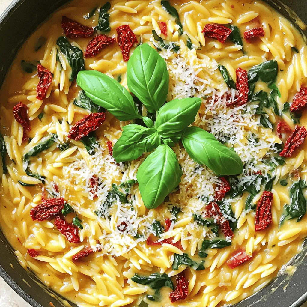 - 1 cup orzo pasta - 2 tablespoons olive oil - 3 cloves garlic, minced - 1 cup sun-dried tomatoes, chopped - 1 cup vegetable broth - 1 cup heavy cream - 1 teaspoon Italian seasoning - Salt and pepper to taste - 1 cup fresh spinach - ½ cup grated Parmesan cheese - Fresh basil leaves for garnish You can add more flavors with these garnishes: - Crushed red pepper for heat - Extra Parmesan cheese for richness - A squeeze of lemon for brightness - Orzo Pasta: Choose high-quality orzo for a nice texture. Look for brands with no added preservatives. - Olive Oil: Use extra virgin olive oil for depth of flavor. Check for cold-pressed options for the best taste. - Sun-Dried Tomatoes: Opt for those packed in oil. They will have a richer taste and softer texture. - Vegetable Broth: Select low-sodium broth to control salt levels in your dish. - Heavy Cream: Use pure heavy cream, not a light or whipped version, for a rich and creamy sauce. - Fresh Spinach: Look for bright green leaves without wilting. Freshness adds a pop of color and nutrients. - Parmesan Cheese: Buy a block and grate it yourself for the best flavor and texture. By selecting quality ingredients, you ensure that your creamy sun-dried tomato orzo is bursting with flavor and has the best texture. Enjoy cooking! First, gather all your ingredients. You need: - 1 cup orzo pasta - 2 tablespoons olive oil - 3 cloves garlic, minced - 1 cup sun-dried tomatoes, chopped - 1 cup vegetable broth - 1 cup heavy cream - 1 teaspoon Italian seasoning - Salt and pepper to taste - 1 cup fresh spinach - ½ cup grated Parmesan cheese - Fresh basil leaves for garnish Next, measure out everything. This makes cooking easier and fun. Fill a large pot with water and add salt. Bring it to a boil. Once the water is boiling, add the orzo. Cook it according to the package instructions. It usually takes about 8 to 10 minutes. When the orzo is done, drain it and set it aside. In the same pot, heat the olive oil on medium heat. Add the minced garlic and sauté for about one minute. You want it to smell great but not burn. Next, add the chopped sun-dried tomatoes. Cook them for 2 to 3 minutes until they are warm. Now, pour in the vegetable broth. Bring this mixture to a gentle simmer. Reduce the heat to low. Stir in the heavy cream and add Italian seasoning. Let it simmer for about 5 minutes. Add the cooked orzo and fresh spinach to the pot. Stir everything well to mix. Cook until the spinach wilts, which takes about 2 to 3 minutes. Remove the pot from heat. Stir in the grated Parmesan cheese. Taste and season with salt and pepper as needed. Serve it warm in bowls. Finish with fresh basil leaves on top for extra flavor. Enjoy your creamy sun-dried tomato orzo! To make the sauce creamy, use heavy cream. It gives a rich texture. Always bring the broth to a simmer before adding the cream. This helps blend the flavors well. Stir gently to avoid lumps. Adding Italian seasoning boosts the taste. Adjust salt and pepper as needed. A pinch of nutmeg can add depth, too. When cooking orzo, use plenty of water. This keeps it from sticking. Stir the orzo a few times while it cooks. Drain it well, but don’t rinse. This keeps the starch, which helps the sauce stick. For sautéing, use medium heat. This brings out the garlic's flavor without burning it. When adding spinach, keep the heat low. This helps it wilt without losing color. One common mistake is overcooking the orzo. It should be al dente, which means firm to the bite. Avoid boiling the cream too fast. This can cause it to curdle. Don’t skip the seasoning. It makes a big difference in taste. Lastly, forget not to taste as you go. Adjust seasoning as needed for the best flavor. {{image_2}} You can easily make this dish vegan. Instead of heavy cream, use coconut cream or a cashew cream. For the cheese, try nutritional yeast. It adds a cheesy flavor without dairy. Use vegetable broth to keep it all plant-based. This way, you enjoy the same creamy taste without any animal products. Want more protein? You have choices! Add cooked chicken or shrimp for a hearty meal. For a veggie option, toss in some chickpeas or lentils. These options boost protein and keep the dish filling. You can even use tofu for a protein-rich, plant-based choice. Each option brings its own taste and texture. You can change up the veggies based on the season. In spring, add fresh peas or asparagus. In summer, use zucchini or bell peppers. Fall is great for adding roasted butternut squash. In winter, consider kale or Brussels sprouts. Each season brings new flavors that keep this dish exciting and fresh. To keep your creamy sun-dried tomato orzo fresh, first let it cool. Once cool, place it in an airtight container. This will help prevent it from drying out. Store it in the fridge for up to three days. Always label your container with the date. This way, you’ll know when to use it. When you're ready to enjoy leftovers, reheating is easy. Start by adding a splash of vegetable broth or water to the orzo. This keeps it creamy and moist. Heat it in a pot over low heat, stirring often. You can also use the microwave. Just cover it to keep moisture in. Heat it for one to two minutes, stirring halfway. You can freeze creamy sun-dried tomato orzo for later use. Place it in freezer-safe containers or bags. Make sure to remove as much air as possible. Label your containers with the date. It will stay fresh for up to three months. To reheat from frozen, let it thaw in the fridge overnight. Then, follow the reheating instructions above. You can use half-and-half if you want a lighter option. It has less fat than heavy cream but still adds creaminess. Another choice is coconut milk, which gives a nice flavor. For a vegan option, blend silken tofu with a little water. This can create a creamy texture without dairy. This dish stays fresh for about three days in the fridge. Store it in an airtight container to keep it tasty. If you want to enjoy it later, you can freeze it for up to two months. Just be aware that the texture might change a bit when reheated. Yes, you can use other pasta shapes like penne or fusilli. Just keep an eye on the cooking time. Each type of pasta has a different cooking time, so check the package to get it just right. You can also use gluten-free pasta for a different option. We explored the key ingredients and steps to make a creamy dish. I shared tips for choosing quality ingredients and making the sauce just right. You can tweak the recipe with vegan options, different proteins, or seasonal veggies to fit your taste. Remember to store leftovers properly so they stay fresh. With these simple tips, you can enjoy your dish for days. Cooking is all about learning and having fun. Enjoy making your creamy sun-dried tomato orzo!
