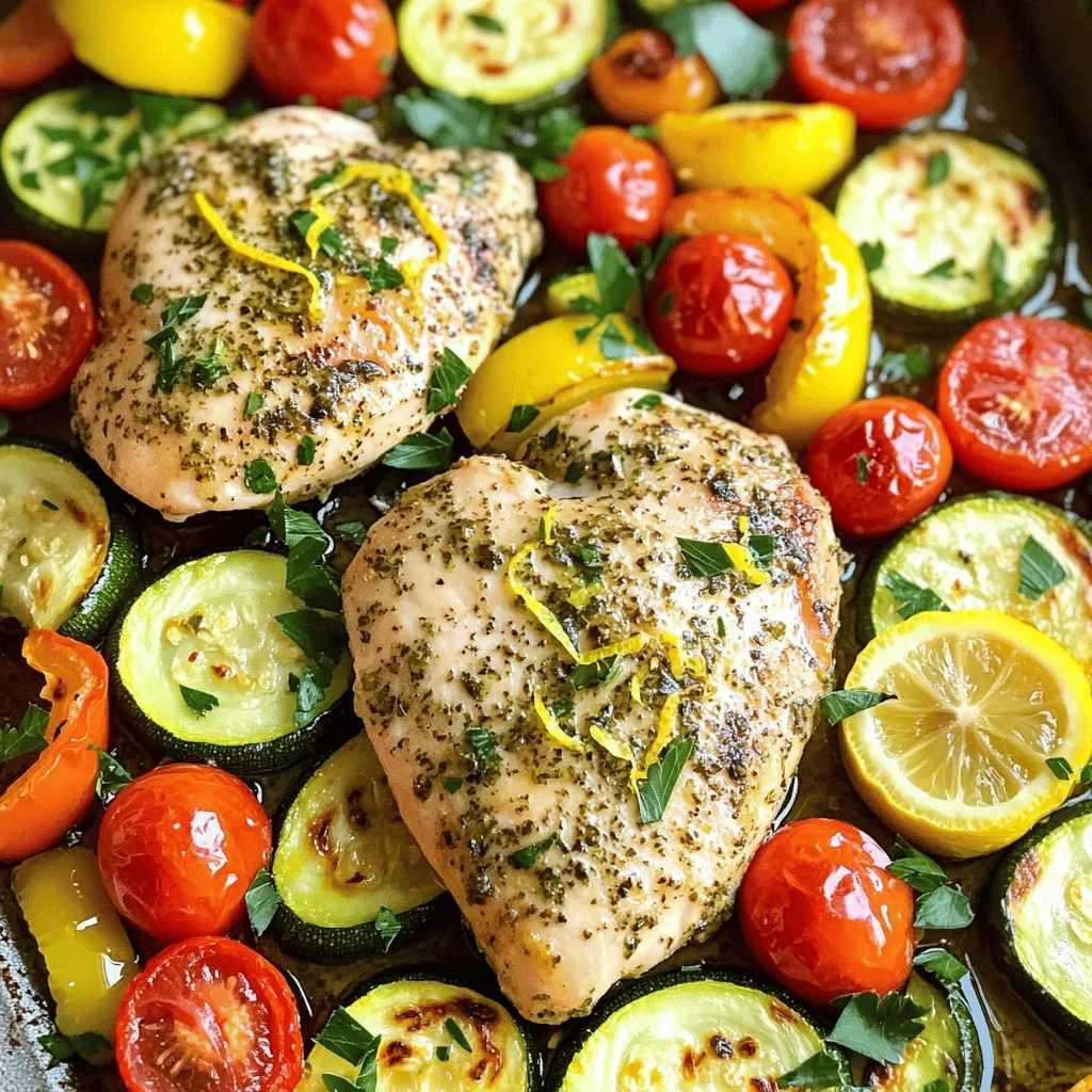 - 4 boneless, skinless chicken breasts - 2 large zucchinis, sliced - 1 bell pepper (any color), chopped - 1 red onion, cut into wedges - 1 cup cherry tomatoes - 1 lemon (zest and juice) - 3 tablespoons olive oil - 2 teaspoons dried oregano - 1 teaspoon garlic powder - 1 teaspoon paprika - Salt and pepper to taste - Fresh parsley, chopped (for garnish) This dish shines with its bright flavors. The chicken and veggies team up for a tasty meal. The lemon adds a nice zing, while the herbs bring warmth. Each bite is a delight! - Baking sheet - Parchment paper - Small and large bowls Having the right tools makes cooking easier. A baking sheet helps the chicken and veggies roast evenly. Parchment paper keeps everything from sticking. Use small bowls for mixing and larger ones for tossing. - Fresh parsley - Lemon wedges Garnishes add a pop of color and flavor. Fresh parsley brings a touch of green. Lemon wedges let you add more zest at the table. These simple touches elevate your dish! First, preheat your oven to 425°F (220°C). This high heat helps the chicken cook well and the veggies get nice and tender. Next, line a large baking sheet with parchment paper. This will keep the food from sticking and make for easy cleanup. In a small bowl, mix together three tablespoons of olive oil, the zest and juice of one lemon, two teaspoons of dried oregano, one teaspoon of garlic powder, and one teaspoon of paprika. Add salt and pepper to taste. This marinade gives the chicken and veggies a bright, fresh flavor that really shines. Now, place the four chicken breasts on one side of the prepared baking sheet. Pour half of the marinade over the chicken. Make sure to coat them evenly. In a large bowl, combine two sliced zucchinis, one chopped bell pepper, one cut red onion, and one cup of cherry tomatoes. Drizzle the remaining marinade over the veggies. Toss them well to coat. Spread the seasoned veggies on the other side of the baking sheet in a single layer. This helps everything cook evenly. Bake the dish in your preheated oven for 25 to 30 minutes. Check the chicken for doneness. It should reach an internal temperature of 165°F. The veggies should be tender and slightly caramelized. Once done, take it out and let it rest for five minutes before serving. This helps the juices settle in the chicken, making it juicy and tasty. To cook chicken just right, aim for a safe internal temperature of 165°F. Use a meat thermometer to check this. After baking, let the chicken rest for 5 minutes. This helps keep it juicy and tender. To keep veggies tender, avoid overcooking. Bake them for 25-30 minutes, just until they are soft and slightly caramelized. Choose colorful veggies like bell peppers, zucchini, and cherry tomatoes for great flavor and texture. To keep leftovers fresh, cool them down first. Place the chicken and veggies in airtight containers. Store in the fridge for up to 3 days. Heat them in the oven or microwave for a quick meal later. {{image_2}} You can use other proteins instead of chicken. Turkey works well in this dish. It has a mild flavor and cooks similarly. For a plant-based option, try tofu. Press it first to remove excess water. Then, cut it into cubes and marinate just like the chicken. Feel free to swap out the veggies based on what you like. Seasonal veggies are great here. Carrots, broccoli, or asparagus are all good choices. You can even use sweet potatoes for a hearty twist. Just remember to cut them into small pieces for even cooking. You can change the herbs and spices to suit your taste. Try adding fresh basil or thyme for a different flavor. You can also use cumin or chili powder for a spicy kick. Experimenting with flavors can make this dish your own. You can store the sheet-pan lemon herb chicken in the fridge for up to three days. Keep it in an airtight container to keep it fresh. This dish tastes great even as leftovers! If you want to freeze leftovers, let them cool first. Place the chicken and veggies in a freezer-safe bag or container. Make sure to remove as much air as possible. You can freeze them for up to three months. When you’re ready to eat, thaw in the fridge overnight. To reheat, I recommend using an oven. Preheat it to 350°F (175°C). Place the chicken and veggies on a baking sheet. Heat for about 15-20 minutes or until warm. You can also use a microwave, but the oven keeps the chicken juicy and the veggies crispy. Enjoy your meal! Sheet-pan lemon herb chicken lasts about 3 to 4 days in the fridge. Make sure to store it in an airtight container. This keeps it fresh and safe to eat. You can enjoy the flavors for several meals. Yes, you can make this recipe ahead of time. Prepare the chicken and veggies, then marinate them a few hours before cooking. For best results, keep them in the fridge until you’re ready to bake. This allows the flavors to deepen. You can serve this dish with many sides. Here are some ideas: - Rice or quinoa for a filling base - A simple green salad for freshness - Crusty bread to soak up the juices - Mashed potatoes for a comforting touch Absolutely! You can use different cuts of chicken. Thighs or drumsticks work well. Just adjust the cooking time. Bone-in cuts might take a bit longer to cook, so check their internal temperature. Always aim for 165°F for safe eating. This recipe for sheet-pan lemon herb chicken is simple and tasty. We covered key ingredients, tools, and garnishes. You learned how to prepare and bake your meal perfectly. Remember to check the chicken's internal temperature and let it rest. Explore variations with different proteins and veggies to suit your taste. Follow my storing tips to enjoy leftovers later. This dish is a great option for busy nights, providing flavor and ease. Try it today, and make your meals both fun and nutritious!