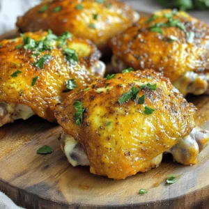 To make Air Fryer Crispy Ranch Chicken Thighs, you need a few key ingredients: - 4 bone-in, skin-on chicken thighs - 2 tablespoons ranch seasoning - 1 tablespoon olive oil - 1 teaspoon garlic powder - 1 teaspoon onion powder - 1/2 teaspoon paprika - 1/4 teaspoon black pepper - 1/4 teaspoon salt - Fresh parsley, chopped (for garnish) Using quality chicken thighs is crucial. Bone-in and skin-on thighs provide great flavor and moisture. The skin crisps up nicely in the air fryer, giving you that delicious crunch. For this recipe, you have options with ranch seasoning. You can choose store-bought or make your own at home. Store-bought is quick and easy, but homemade lets you control the flavors. You can mix dried herbs and spices to create your ranch seasoning. Common ingredients include dried dill, parsley, garlic powder, and onion powder. They all add layers of taste to your chicken. The other spices in this recipe enhance the flavor. Garlic powder gives a savory kick, while onion powder adds depth. Paprika brings a touch of smokiness, and black pepper and salt balance everything perfectly. For a beautiful presentation, garnishing is key. Fresh parsley is not just pretty; it also adds freshness. The bright green color makes your dish pop. Plus, it gives a hint of herbal flavor that complements the chicken. Feel free to get creative with your garnishes. You might add lemon slices or a drizzle of ranch dressing. These little touches can elevate your meal and impress your guests. To get crispy chicken thighs, start by drying them well. Use paper towels to pat the chicken thighs dry. This step is key. Moisture on the skin will make it soggy. Dry skin helps the heat create that lovely crisp. Proper prep makes a big difference in the final dish. Now, let’s mix the seasoning. In a small bowl, combine ranch seasoning, garlic powder, onion powder, paprika, black pepper, and salt. Stir these well to mix them evenly. If you like it spicy, you can add more paprika. Adjust the seasoning to your taste. This mix gives the chicken great flavor. Preheat your air fryer to 400°F (200°C). This takes about five minutes. While it heats, coat the chicken with olive oil. Rub it well to cover all sides. Then, sprinkle the seasoning mix all over the chicken. Place the thighs in a single layer in the basket. Avoid overcrowding for best results. Cook them for 25-30 minutes. Flip them halfway through cooking. Check the internal temperature. It should reach 165°F (74°C) for safety. The skin should be golden brown and crispy. To get that amazing crispy skin, start by drying your chicken thighs. Use paper towels to pat them dry. This step removes moisture, which helps the skin get crispy when cooked. Next, rub olive oil over each thigh. This adds flavor and helps the seasoning stick. For the best results, use a good air fryer. Preheat it to 400°F (200°C) for about 5 minutes before adding the chicken. This ensures even cooking and crispiness. Flipping your chicken thighs halfway through cooking is key. This helps them cook evenly on both sides. It also prevents one side from being soggy. Use tongs to carefully turn them when it’s time. This simple step makes a big difference. Make sure the chicken reaches an internal temperature of 165°F (74°C). This ensures it is cooked properly and safe to eat. After cooking, let the chicken rest for about 5 minutes. This step is important because it keeps the juices inside. Resting helps the meat stay juicy and tender. If you cut into it right away, the juices will spill out. Allowing it to rest makes every bite flavorful. This small wait is worth it for the perfect meal. {{image_2}} You can change the ranch seasoning to suit your taste. Try adding some heat with cayenne pepper or chili powder. For a smoky flavor, use smoked paprika instead of regular. You can also mix in some lemon zest for a fresh twist. If you want a different taste, try using Italian seasoning or taco seasoning as a base. These options add unique flavors and keep things fun in the kitchen. You don’t have to stick with thighs. You can use drumsticks or even chicken breasts. For drumsticks, keep the cooking time similar, about 25-30 minutes. If you choose chicken breasts, they may cook faster. Check them after 20 minutes to keep them juicy. Always ensure the internal temperature reaches 165°F for safety. To make a complete meal, serve your chicken with tasty sides. Roasted veggies like carrots and broccoli go great with the crispy chicken. You can also serve it with a fresh salad or some creamy mashed potatoes. For an easy side, try air-fried potatoes tossed in herbs. These pair well and create a balanced meal for you and your family. To store your air-fried chicken thighs, let them cool first. Place them in an airtight container. This keeps them fresh for up to four days. If you want to keep the flavor and texture, wrap each thigh in foil before placing them in the container. This extra step helps prevent moisture loss. When reheating chicken thighs, the best method is to use the air fryer again. Set it to 350°F (175°C) for about 10 minutes. This method keeps the chicken crispy. You can also use the oven at the same temperature. Avoid using a microwave, as it may make the chicken soggy. To freeze cooked chicken, let it cool completely first. Then, wrap each thigh tightly in plastic wrap. Place them in a freezer-safe bag or container. This method helps prevent freezer burn. For thawing, the best way is to leave the chicken in the fridge overnight. You can also use the microwave on the defrost setting if you're in a hurry. Yes, you can use boneless chicken thighs. They cook faster than bone-in thighs. Boneless thighs take about 20-25 minutes in the air fryer. This makes them a great option if you are short on time. However, they may not be as juicy as bone-in thighs. The bones add flavor and moisture during cooking. If you don't have ranch seasoning, you can make your own. Combine these ingredients: - 1 tablespoon dried dill - 1 tablespoon dried parsley - 1 teaspoon garlic powder - 1 teaspoon onion powder - 1/2 teaspoon salt - 1/4 teaspoon black pepper This mix will give you a similar ranch flavor. You can also use Italian seasoning for a different twist. To check if your chicken is done, use a meat thermometer. The internal temperature should reach 165°F (74°C). This ensures it is safe to eat. The skin should also look golden brown and crispy. If it isn’t, you may need to cook it a bit longer. Always let the chicken rest for a few minutes after cooking. This helps the juices stay in the meat. This blog post covered all you need for perfect air-fried chicken thighs. We discussed key ingredients and the importance of quality. You learned about seasoning options and how garnishes add flair. I shared tips to achieve crispiness, including flipping the chicken and resting time. We also explored variations and storage methods to keep your meal fresh. Use these steps and tips to make tasty chicken thighs that impress. Enjoy your cooking journey!