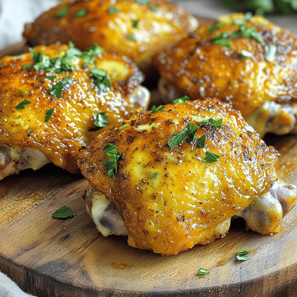 To make Air Fryer Crispy Ranch Chicken Thighs, you need a few key ingredients: - 4 bone-in, skin-on chicken thighs - 2 tablespoons ranch seasoning - 1 tablespoon olive oil - 1 teaspoon garlic powder - 1 teaspoon onion powder - ½ teaspoon paprika - ¼ teaspoon black pepper - ¼ teaspoon salt - Fresh parsley, chopped (for garnish) Using quality chicken thighs is crucial. Bone-in and skin-on thighs provide great flavor and moisture. The skin crisps up nicely in the air fryer, giving you that delicious crunch. For this recipe, you have options with ranch seasoning. You can choose store-bought or make your own at home. Store-bought is quick and easy, but homemade lets you control the flavors. You can mix dried herbs and spices to create your ranch seasoning. Common ingredients include dried dill, parsley, garlic powder, and onion powder. They all add layers of taste to your chicken. The other spices in this recipe enhance the flavor. Garlic powder gives a savory kick, while onion powder adds depth. Paprika brings a touch of smokiness, and black pepper and salt balance everything perfectly. For a beautiful presentation, garnishing is key. Fresh parsley is not just pretty; it also adds freshness. The bright green color makes your dish pop. Plus, it gives a hint of herbal flavor that complements the chicken. Feel free to get creative with your garnishes. You might add lemon slices or a drizzle of ranch dressing. These little touches can elevate your meal and impress your guests. To get crispy chicken thighs, start by drying them well. Use paper towels to pat the chicken thighs dry. This step is key. Moisture on the skin will make it soggy. Dry skin helps the heat create that lovely crisp. Proper prep makes a big difference in the final dish. Now, let’s mix the seasoning. In a small bowl, combine ranch seasoning, garlic powder, onion powder, paprika, black pepper, and salt. Stir these well to mix them evenly. If you like it spicy, you can add more paprika. Adjust the seasoning to your taste. This mix gives the chicken great flavor. Preheat your air fryer to 400°F (200°C). This takes about five minutes. While it heats, coat the chicken with olive oil. Rub it well to cover all sides. Then, sprinkle the seasoning mix all over the chicken. Place the thighs in a single layer in the basket. Avoid overcrowding for best results. Cook them for 25-30 minutes. Flip them halfway through cooking. Check the internal temperature. It should reach 165°F (74°C) for safety. The skin should be golden brown and crispy. To get that amazing crispy skin, start by drying your chicken thighs. Use paper towels to pat them dry. This step removes moisture, which helps the skin get crispy when cooked. Next, rub olive oil over each thigh. This adds flavor and helps the seasoning stick. For the best results, use a good air fryer. Preheat it to 400°F (200°C) for about 5 minutes before adding the chicken. This ensures even cooking and crispiness. Flipping your chicken thighs halfway through cooking is key. This helps them cook evenly on both sides. It also prevents one side from being soggy. Use tongs to carefully turn them when it’s time. This simple step makes a big difference. Make sure the chicken reaches an internal temperature of 165°F (74°C). This ensures it is cooked properly and safe to eat. After cooking, let the chicken rest for about 5 minutes. This step is important because it keeps the juices inside. Resting helps the meat stay juicy and tender. If you cut into it right away, the juices will spill out. Allowing it to rest makes every bite flavorful. This small wait is worth it for the perfect meal. {{image_2}} You can change the ranch seasoning to suit your taste. Try adding some heat with cayenne pepper or chili powder. For a smoky flavor, use smoked paprika instead of regular. You can also mix in some lemon zest for a fresh twist. If you want a different taste, try using Italian seasoning or taco seasoning as a base. These options add unique flavors and keep things fun in the kitchen. You don’t have to stick with thighs. You can use drumsticks or even chicken breasts. For drumsticks, keep the cooking time similar, about 25-30 minutes. If you choose chicken breasts, they may cook faster. Check them after 20 minutes to keep them juicy. Always ensure the internal temperature reaches 165°F for safety. To make a complete meal, serve your chicken with tasty sides. Roasted veggies like carrots and broccoli go great with the crispy chicken. You can also serve it with a fresh salad or some creamy mashed potatoes. For an easy side, try air-fried potatoes tossed in herbs. These pair well and create a balanced meal for you and your family. To store your air-fried chicken thighs, let them cool first. Place them in an airtight container. This keeps them fresh for up to four days. If you want to keep the flavor and texture, wrap each thigh in foil before placing them in the container. This extra step helps prevent moisture loss. When reheating chicken thighs, the best method is to use the air fryer again. Set it to 350°F (175°C) for about 10 minutes. This method keeps the chicken crispy. You can also use the oven at the same temperature. Avoid using a microwave, as it may make the chicken soggy. To freeze cooked chicken, let it cool completely first. Then, wrap each thigh tightly in plastic wrap. Place them in a freezer-safe bag or container. This method helps prevent freezer burn. For thawing, the best way is to leave the chicken in the fridge overnight. You can also use the microwave on the defrost setting if you're in a hurry. Yes, you can use boneless chicken thighs. They cook faster than bone-in thighs. Boneless thighs take about 20-25 minutes in the air fryer. This makes them a great option if you are short on time. However, they may not be as juicy as bone-in thighs. The bones add flavor and moisture during cooking. If you don't have ranch seasoning, you can make your own. Combine these ingredients: - 1 tablespoon dried dill - 1 tablespoon dried parsley - 1 teaspoon garlic powder - 1 teaspoon onion powder - ½ teaspoon salt - ¼ teaspoon black pepper This mix will give you a similar ranch flavor. You can also use Italian seasoning for a different twist. To check if your chicken is done, use a meat thermometer. The internal temperature should reach 165°F (74°C). This ensures it is safe to eat. The skin should also look golden brown and crispy. If it isn’t, you may need to cook it a bit longer. Always let the chicken rest for a few minutes after cooking. This helps the juices stay in the meat. This blog post covered all you need for perfect air-fried chicken thighs. We discussed key ingredients and the importance of quality. You learned about seasoning options and how garnishes add flair. I shared tips to achieve crispiness, including flipping the chicken and resting time. We also explored variations and storage methods to keep your meal fresh. Use these steps and tips to make tasty chicken thighs that impress. Enjoy your cooking journey!