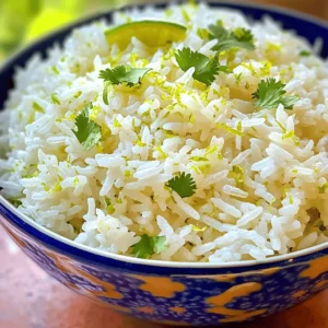 To make coconut lime rice, you need: - 1 cup jasmine rice - 1 cup coconut milk - ½ cup water - Zest of 1 lime - Juice of 1 lime - 1 tablespoon brown sugar - ½ teaspoon salt - Fresh cilantro, chopped (for garnish) If you want to switch things up, consider these options: - Use basmati rice instead of jasmine for a different flavor. - Try coconut cream for a richer taste. - Substitute honey or maple syrup for brown sugar. - Lime zest can be replaced with lemon zest for a different citrus kick. Using high-quality ingredients makes a big difference. Here are my tips: - Choose fresh lime for the best zest and juice. - Use good brand coconut milk; it should be creamy and rich. - Always rinse your rice to remove excess starch; this helps with texture. - Look for organic jasmine rice for a cleaner taste. First, rinse the jasmine rice. Use cold water until it runs clear. This step removes extra starch. Clean rice helps make fluffier rice. Next, grab a medium saucepan. Add the rinsed rice, coconut milk, and water. Mix in lime zest, brown sugar, and salt. Stir everything until well blended. Heat the mixture over medium heat until it starts to boil. Once it boils, reduce the heat to low. Cover the saucepan and let it simmer for 15 minutes. The rice will soak up all the liquid. After 15 minutes, remove the pan from heat but keep it covered. Let it sit for 5 more minutes. This steaming step adds fluffiness. Now, uncover the saucepan and gently fluff the rice with a fork. Squeeze in the lime juice for a fresh taste. Serve the rice in a large bowl or in individual servings. Top with chopped cilantro for a pop of color and flavor. Enjoy your delicious coconut lime rice! To make sure your rice is fluffy, rinse the jasmine rice well. Do this until the water runs clear. This step removes extra starch. Extra starch can make rice sticky. Once rinsed, combine it with coconut milk and water. Cook it on low heat. After cooking, let it sit covered for five more minutes. This helps steam the rice and keep it fluffy. You can change the sweetness or tanginess to fit your taste. If you want it sweeter, add more brown sugar. Start with one more teaspoon and taste it. For more tang, add extra lime juice. Start with half a tablespoon. Mix well and taste again. Adjust slowly until you find the right balance. Coconut lime rice goes well with many dishes. Try it with grilled chicken or shrimp for a tasty meal. You can also serve it with stir-fried veggies. The creamy and tangy flavor enhances these dishes. For a light meal, pair it with a fresh salad. The bright flavors create a perfect match. Enjoy experimenting with different pairings! {{image_2}} This version is colorful and full of flavor. You can add vegetables like bell peppers, peas, or carrots. Start by sautéing the vegetables in a little oil before you add them to the rice. This step brings out their natural sweetness. Mix them in during the last five minutes of cooking. This way, they stay crisp and bright. Your dish will be both healthy and tasty! If you love heat, this version is for you. Add diced jalapeños or a pinch of cayenne pepper to the rice mixture. You can also stir in some chili flakes right before serving. This adds a nice kick that pairs well with the creamy coconut and zesty lime. Adjust the spice level based on your taste. This dish will wake up your taste buds! For a heartier meal, add protein. Grilled chicken, shrimp, or tofu work well. Cook the protein separately, seasoned with lime juice and salt. Stir it into the rice just before serving. This addition makes the dish filling and satisfying. You can even serve it with a side of fresh salsa for extra flavor. Enjoy a complete meal in one bowl! To keep leftover coconut lime rice fresh, let it cool first. Then, place it in an airtight container. This helps keep the moisture in and prevents it from drying out. Store it in the fridge for up to four days. Make sure to label the container with the date you made the rice. This way, you’ll know how long it has been stored. For reheating, you can use the stove or the microwave. If using the stove, add a splash of water or coconut milk to a pan. Heat it on low and stir until warm. If using the microwave, put the rice in a bowl. Add a little water, cover it, and heat it for one to two minutes. Stir halfway through to heat evenly. This keeps the rice moist and tasty. You can freeze coconut lime rice if you have extra. First, let it cool completely. Then, scoop the rice into freezer-safe bags or containers. Flatten the bags to save space. Label them with the date. It can last in the freezer for up to three months. When you’re ready to eat it, just thaw it overnight in the fridge. Reheat it as explained above for great flavor. The best rice for Coconut Lime Rice is jasmine rice. Jasmine rice has a lovely floral scent and a soft texture. It cooks up fluffy and pairs perfectly with the creamy coconut milk and zesty lime. You can also use basmati rice if you prefer a nuttier flavor. Just remember to rinse it well before cooking. Yes, you can use light coconut milk. It will still give your rice a nice coconut flavor but with fewer calories. The texture may be a bit less creamy, but it will still taste great. If you want a richer flavor, try mixing light coconut milk with a little regular coconut milk. To adjust the recipe for larger servings, simply double or triple the ingredients. If you use two cups of rice, use two cups of coconut milk and one cup of water. Keep the lime zest, juice, sugar, and salt in the same ratio. This way, the flavors will stay balanced. Yes, you can make this dish vegan. The ingredients are already plant-based. Just ensure your brown sugar is vegan, as some sugar is processed with bone char. With these minor checks, you can enjoy a delicious vegan Coconut Lime Rice! In this article, we explored how to make tasty Coconut Lime Rice. We covered key ingredients, cooking tips, and several fun variations. You learned how to keep your rice fluffy and how to store leftovers. Remember, this dish is easy to adjust for taste and can suit any meal. Try out new flavors and enjoy your cooking journey! With these simple steps, you can make delicious rice every time.