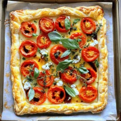 - 1 sheet of puff pastry, thawed - 2 cups cherry tomatoes, halved - 4 oz goat cheese, crumbled The main ingredients create a tasty base for this tart. The puff pastry gives a flaky texture. Cherry tomatoes add a sweet and juicy burst of flavor. Goat cheese brings a creamy and tangy taste that balances well with the tomatoes. - 1 tablespoon olive oil - 1 tablespoon balsamic vinegar - 1 teaspoon fresh thyme leaves (or ½ teaspoon dried thyme) - Salt and pepper to taste - 1 egg (for egg wash) - Fresh basil leaves for garnish The seasonings enhance the dish's flavor. Olive oil and balsamic vinegar add richness and depth. Fresh thyme offers an earthy note, while salt and pepper round out the taste. An egg wash gives the pastry a golden finish. Fresh basil adds a bright and fragrant touch when serving. - Alternatives to goat cheese: feta, ricotta, or cream cheese - Different types of tomatoes: heirloom, plum, or grape tomatoes - Additional herbs and spices: oregano, rosemary, or chili flakes You can change the tart with these optional ingredients. If you want a different cheese, try feta for a saltier taste. Heirloom tomatoes can add color and sweetness. Other herbs bring unique flavors, making each tart special. Feel free to mix and match to fit your taste! First, set your oven to 400°F (200°C). This temperature is key for a crisp tart. While the oven heats, line a baking sheet with parchment paper. Using parchment helps with easy cleanup and prevents sticking. When working with puff pastry, keep it cold. If it warms up, it won’t puff well. If needed, chill your pastry in the fridge before rolling it out. Next, place your thawed puff pastry on a lightly floured surface. Roll it out into a rectangle or circle, about 1/8 inch thick. Make sure it’s even to ensure even cooking. Carefully transfer the pastry to the prepared baking sheet. Using a sharp knife, score a 1-inch border around the edges. Be careful not to cut all the way through the dough. This step creates a raised edge, which holds in the filling. Now it's time to fill the tart. In a bowl, toss the halved cherry tomatoes with olive oil, balsamic vinegar, thyme, salt, and pepper. Ensure each tomato is well coated for great flavor. Spread the crumbled goat cheese evenly within the scored border. Then, arrange the roasted cherry tomatoes on top. Spread them out nicely for even baking and delicious bites. Next, beat an egg in a small bowl. Brush this egg wash on the exposed edges of the puff pastry. This step gives the tart a beautiful golden-brown finish. Place the tart in your preheated oven. Bake for 25 to 30 minutes. Keep an eye on it. It’s ready when the pastry is golden and puffs up nicely. Once baked, remove the tart from the oven. Let it cool slightly before serving. Garnish with fresh basil leaves for a pop of color and flavor. Enjoy it warm or at room temperature! You can boost the taste of your tart with a few easy changes. Try adding a pinch of garlic powder or crushed red pepper for some heat. If you love herbs, mix in fresh rosemary or oregano. Both pair well with tomatoes and goat cheese. For toppings, consider using feta or mozzarella cheese. These cheeses bring a different texture and flavor. You could also add olives or roasted peppers for more depth. Feel free to get creative! To get your pastry just right, ensure your oven is hot before baking. This helps the puff pastry rise beautifully. Also, don’t skip the egg wash. It gives the crust a lovely golden color. If your tart edges are browning too fast, cover them with foil. This stops them from burning while the center cooks. If the pastry isn’t puffing up, it may need a hotter oven or more time. Serve your tart warm or at room temperature. This keeps the goat cheese creamy and flavorful. For a pretty plate, slice the tart into wedges and arrange them on a colorful dish. Garnish with fresh basil leaves for a pop of color. You can even drizzle a bit of balsamic reduction over the top for added flair. This makes your dish look fancy and inviting! {{image_2}} You can change the flavor of your tart easily. Adding veggies like zucchini or bell peppers gives it a fresh twist. Slice them thin and mix them with the tomatoes. This adds color and taste. For a sweet option, try roasted strawberries with goat cheese. Toss the strawberries with a little balsamic vinegar before adding them to the tart. This mix of sweet and savory will surprise your guests! If you need a gluten-free option, look for gluten-free puff pastry. Many brands make this, and it works well for your tart. For those who prefer vegan meals, you can swap out goat cheese for a vegan cheese alternative. Look for creamy options that melt well. This keeps your dish tasty and friendly for everyone. In summer, use the best tomatoes like heirloom or vine-ripened. They add great flavor to your tart. In autumn and winter, you can use roasted butternut squash or sweet potatoes. These add a hearty, cozy feel to your dish. Try mixing in spices like nutmeg or cinnamon for a warm touch. To keep your Roasted Tomato Goat Cheese Tart fresh, refrigerate any leftovers. Place the tart in an airtight container. This will help it stay tasty for up to three days. If you want to save it for longer, you can freeze the tart. Wrap it tightly in plastic wrap, then place it in a freezer bag. It can stay in the freezer for up to three months. When reheating your tart, I recommend using an oven. Preheat it to 350°F (175°C). Bake the tart for about 10-15 minutes. This method keeps the crust crisp and the cheese creamy. If you use a microwave, heat it for short bursts of 30 seconds. This is quick, but it can make the pastry soggy. Fresh goat cheese lasts about a week in the fridge once opened. Check for any off smells or mold. If you see these signs, it's best to toss it. Cherry tomatoes can last about a week too. Store them in a cool place, not in the fridge. If they become soft or wrinkly, it's time to throw them out. Making this tart is quick. It takes about 15 minutes to prep and 25-30 minutes to cook. In total, you need around 45 minutes. Yes, you can! Prepare the tart up to the baking step. Cover it well and store it in the fridge for up to a day. When you're ready, bake it right from the fridge. This keeps it fresh and tasty. This tart pairs well with a side salad. A fresh green salad with a light vinaigrette works great. You can also serve it with a glass of white wine or sparkling water. To create a balanced meal, add some protein. Grilled chicken or a hearty soup complements the tart nicely. This article covered how to make a delicious Roasted Tomato Goat Cheese Tart. You learned about the main ingredients like puff pastry, cherry tomatoes, and goat cheese. We discussed easy steps to prepare and bake the tart. Additionally, we shared tips for flavor, serving, and storage. In conclusion, this tart is versatile and packed with flavor. You can adjust it to suit your taste. Whether for a meal or a snack, it’s sure to impress. Enjoy creating and sharing this dish!