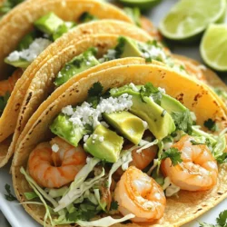 To make flavorful cilantro lime shrimp tacos, you'll need the following fresh ingredients: - 1 lb (450g) medium shrimp, peeled and deveined - 2 tablespoons olive oil - 3 cloves garlic, minced - Zest and juice of 2 limes - 1 teaspoon ground cumin - 1 teaspoon chili powder - ½ teaspoon salt - ¼ teaspoon black pepper - ¼ cup fresh cilantro, chopped - 8 small corn or flour tortillas - 1 cup shredded cabbage - 1 avocado, sliced These ingredients come together for a fresh and vibrant dish. For added flavor and texture, consider these optional toppings: - Cotija cheese (for a salty kick) - Lime wedges (for extra zing) These toppings enhance the dish. They add layers of flavor and provide a nice contrast. These tacos pair well with side dishes like: - Mexican rice (for heartiness) - Black beans (for protein) - Grilled corn on the cob (for sweetness) These sides complement the tacos. They create a colorful and balanced meal. Enjoy experimenting with these flavors and textures! First, grab a medium bowl. Add the shrimp, olive oil, minced garlic, lime juice, and lime zest. Sprinkle in the ground cumin, chili powder, salt, and black pepper. Mix well to coat the shrimp. This step is key for flavor. Let the shrimp marinate in the fridge for about 15-20 minutes. This helps the shrimp absorb all the zesty goodness. Next, heat a large skillet over medium-high heat. Once hot, carefully add the shrimp in a single layer. Cook the shrimp for about 2-3 minutes on each side. You’ll know they’re done when they turn pink and opaque. Avoid overcooking to keep them tender and juicy. After cooking, toss the shrimp with chopped cilantro for a fresh touch. Warm the tortillas in a separate pan for about 30 seconds on each side. This makes them soft and easy to fold. On each tortilla, place a good amount of shredded cabbage. Then, add the cilantro lime shrimp on top. If you like, add avocado slices for creaminess. For extra flavor, sprinkle Cotija cheese on top. Serve with lime wedges on the side for an extra burst of zest. Enjoy your fresh and tasty tacos! When you choose shrimp, look for ones that smell clean. Fresh shrimp should have a slight ocean scent. Check for firm bodies and shiny shells. Avoid shrimp with black spots or a strong fishy smell. If you can, buy shrimp that are still in their shells. They taste better and stay fresh longer. Cook shrimp quickly for the best taste. Heat your skillet to medium-high before adding shrimp. This helps them sear well. Cook them for just 2-3 minutes on each side. When they turn pink and opaque, they are ready. Overcooking makes shrimp tough. If you see them curling tightly, they may be overdone. Add more zest with lime juice and lime zest. These add freshness to your shrimp. Try mixing in other herbs like parsley or dill. For spice, add a pinch of cayenne or jalapeños. You can also use mango or pineapple salsa for a sweet twist. Experiment with flavors to find your perfect taco! {{image_2}} You can swap shrimp for chicken or fish. Chicken thighs work well for a juicy taco. Just marinate them the same way as the shrimp. If you prefer fish, try salmon or tilapia. Both will absorb the lime and spices nicely. For a vegetarian taco, use grilled bell peppers or zucchini. These give a nice texture and flavor. If you want a vegan option, use chickpeas or black beans. They add protein and taste great with cilantro and lime. To change the flavor, try different spices. Use smoked paprika for a deeper taste. Add jalapeños for heat or mango for sweetness. You can also mix in garlic with the marinade for extra punch. Experiment with fresh herbs like mint for a unique twist. To store leftover tacos, place them in an airtight container. Keep the shrimp and toppings separate from the tortillas to prevent sogginess. Shrimp can last up to three days in the fridge. Tacos taste best when fresh, but you can save them for later. To reheat the shrimp, warm them gently in a skillet over medium heat. Avoid cooking them too long. This step ensures the shrimp stay juicy. For tortillas, heat them in a dry pan for about 15 seconds on each side. This will make them soft and warm again. You can freeze the shrimp before cooking. Place them in a freezer-safe bag with some marinade. They can last up to three months in the freezer. When you're ready to cook, thaw them overnight in the fridge. This way, you can enjoy fresh shrimp tacos anytime! Yes, you can use frozen shrimp. Just make sure to thaw it first. Place the shrimp in the fridge overnight or run it under cold water. This keeps the shrimp fresh and tasty. You can use feta cheese or queso fresco. Both have a similar texture and taste. They add creaminess to the tacos. If you want a dairy-free option, try avocado or a sprinkle of nutritional yeast. These tacos have mild spice. The chili powder adds flavor without too much heat. If you want extra spice, add sliced jalapeños or a dash of hot sauce. Adjust to your taste for a perfect meal! Cilantro lime shrimp tacos are easy and fun to make. We explored the main ingredients, optional toppings, and side dishes that pair well. I shared tips for selecting fresh shrimp and cooking them just right. You learned about tasty variations and how to store leftovers safely. These tacos can fit many diets and tastes. Enjoy your cooking journey and make these tacos your own! They are sure to be a hit at any meal.