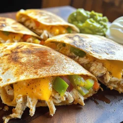 - 2 cups cooked chicken, shredded - 1 cup shredded cheese (cheddar or pepper jack) - 1/2 cup green bell pepper, diced - 1/2 cup red onion, finely chopped - 1 teaspoon cumin - 1 teaspoon paprika - 1/2 teaspoon garlic powder - Salt and pepper to taste - 8 small flour tortillas - 2 tablespoons olive oil - Sour cream or guacamole for dipping When making Easy Chicken Quesadilla Sliders, you need fresh ingredients. Start with cooked chicken. You can use any chicken you like, but shredded works best. Cheese adds flavor and creaminess. I suggest cheddar or pepper jack for a nice kick. Next, add fresh vegetables. Green bell peppers bring crunch and color. Red onion adds sweetness and depth. Don't forget the spices! Cumin and paprika give a warm, smoky taste. Garlic powder boosts the flavor even more. You will need tortillas to hold all this goodness. Small flour tortillas are ideal for sliders. They cook up crispy on the outside and soft on the inside. Olive oil helps with browning and adds richness. Finally, serve with sour cream or guacamole for a delicious dip. These ingredients make a great snack or meal. - First, combine the chicken, cheese, and veggies in a large bowl. - Use 2 cups of shredded chicken, 1 cup of shredded cheese, 1/2 cup of diced green bell pepper, and 1/2 cup of finely chopped red onion. - Next, season the mixture with spices. Add 1 teaspoon of cumin, 1 teaspoon of paprika, 1/2 teaspoon of garlic powder, and salt and pepper to taste. - Mix everything well until all the ingredients blend together nicely. - Now, heat a large skillet over medium heat. Add 1 tablespoon of olive oil. - Place one tortilla in the skillet. Then, put a generous amount of the chicken mixture on one half of the tortilla. - Fold the other half over the filling. Cook it for 2-3 minutes until the bottom turns golden brown. - Carefully flip the quesadilla and cook for another 2-3 minutes until crispy and the cheese melts. - Once cooked, remove the quesadilla from the skillet. Place it on a cutting board. - Repeat this process with the remaining tortillas and chicken mixture. - After all quesadillas are cooked, cut them into smaller sliders, either quarters or sixths. - Serve warm with sour cream or guacamole for dipping. Enjoy your tasty snack! - Ideal tortilla options: Use small flour tortillas. They are soft and easy to fold. Corn tortillas work too, but they may break more easily. - Tricks for a crispy exterior: Heat your skillet well before adding oil. Use enough oil to coat the pan lightly. This helps the quesadillas get a nice golden color. - Adding spices for extra kick: Add a pinch of chili powder or cayenne pepper to the chicken mix. This kicks up the heat. You can also try adding fresh herbs like cilantro for a fresh taste. - Recommended toppings for serving: Serve with sour cream or guacamole. These creamy dips balance the flavors. Fresh salsa or diced avocado also adds a nice touch. - Batch cooking chicken: Cook a larger batch of chicken in advance. You can freeze extras for later use. Shredded rotisserie chicken is a great shortcut too. - Prepping ingredients in advance: Chop the veggies ahead of time. Store them in the fridge to save time during cooking. You can also mix the chicken mixture a day before for quick assembly. {{image_2}} You can change up the cheese in this recipe. Try mozzarella or gouda for a new twist. Each cheese brings its own flavor. If you want a different protein, beef works well. You can also use black beans or mushrooms for a veggie option. These swaps keep the sliders fresh. For gluten-free eaters, use corn tortillas. They taste great and work just like flour ones. If you prefer plant-based options, swap the chicken for jackfruit or tofu. For cheese, try vegan cheese made from nuts. These changes make the dish accessible for all diets. To spice things up, add spicy salsa or chipotle sauce. This gives the sliders a nice kick. You can also mix in sweet bell peppers or corn. These add a pop of color and sweetness. Experimenting with flavors makes each batch unique. To store leftover quesadilla sliders, let them cool down first. Place them in an airtight container. This helps keep them fresh and tasty. They will last in the fridge for about 3 to 4 days. If you want to enjoy them later, make sure they are well-packed. To reheat your quesadilla sliders, you have two main options: microwave or oven. The microwave heats them quickly but may make them soft. To keep them crispy, the oven is best. Preheat the oven to 350°F (175°C). Place the sliders on a baking sheet and heat for 10-15 minutes. This way, they come out warm and crunchy. If you want to freeze your quesadilla sliders, wrap them tightly in plastic wrap. After that, place them in a freezer bag. This keeps air out and helps prevent freezer burn. They will stay good for up to 2 months. To thaw, take them out a few hours before eating. Reheat them in the oven for the best texture. Can I make these quesadilla sliders ahead of time? Yes, you can make these sliders ahead. Prepare the filling and store it in the fridge. You can also cook the quesadillas and keep them warm in the oven. Just make sure to cover them to prevent drying out. What are the best dipping sauces for chicken quesadilla sliders? Sour cream and guacamole work great! You can also try salsa for a fresh kick. If you like heat, add some hot sauce or spicy ranch. Each option adds a tasty twist. Can I use rotisserie chicken for this recipe? Absolutely! Rotisserie chicken is a great shortcut. Just shred it and mix it into your filling. It saves time and adds flavor to your sliders. What type of cheese melts best for quesadillas? Cheddar and pepper jack are the best choices. They melt well and add rich flavor. You can also mix in mozzarella for extra gooeyness. How can I make these sliders spicier? To add spice, use pepper jack cheese. You can also mix in diced jalapeños or add hot sauce to the filling. Adjust the spices to your taste for a kick! Can I serve them as an appetizer for a party? Yes! These sliders are perfect for parties. Cut them into smaller pieces for easy snacking. Serve with a variety of dips to please your guests. In this article, we covered the essential ingredients, step-by-step cooking process, and helpful tips for making delicious quesadilla sliders. We also explored tasty variations and storage methods. You can easily customize these sliders to fit your taste and needs. Remember, these tasty bites are quick to prepare and perfect for sharing. Enjoy making them for yourself or your guests! Your quesadilla sliders are sure to impress everyone at the table.