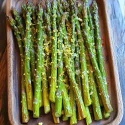 - 1 pound fresh asparagus, trimmed - 4 cloves garlic, minced - 3 tablespoons olive oil - Zest and juice of 1 lemon - Salt and pepper to taste - 1/4 teaspoon crushed red pepper flakes - 2 tablespoons grated Parmesan cheese The key to lemon garlic roasted asparagus lies in using fresh ingredients. Fresh asparagus gives a crisp texture and bright flavor. When you trim the asparagus, remove the tough ends. This helps you enjoy the tender parts of the spears. Garlic adds a bold taste that pairs well with lemon. I always use fresh garlic for the best flavor. The olive oil helps the asparagus roast nicely, making it tender and slightly crisp. Lemon zest and juice bring a bright, tangy flavor. This citrus adds freshness that balances the richness of the olive oil. Salt and pepper enhance all the flavors. They help to bring out the natural taste of the asparagus. If you want to spice things up, consider adding crushed red pepper flakes. This optional ingredient adds a hint of heat. Grated Parmesan cheese is another great option. It melts nicely on the asparagus, adding a savory depth. Using these ingredients, you create a dish that is simple yet full of flavor. Each component plays a role in making this side dish a standout for any meal. - Preheat the oven to 425°F (220°C). - Line a baking sheet with parchment paper for easy cleanup. Getting the oven ready is key. The high heat helps the asparagus get crispy. The parchment paper makes it easy to clean up later. - Combine olive oil, minced garlic, lemon zest, lemon juice, and seasonings in a bowl. Now, let's make the marinade. In a large bowl, mix olive oil, minced garlic, lemon zest, and lemon juice. Add salt and pepper to taste. If you like a little heat, add crushed red pepper flakes. Stir until it is well mixed. This mixture will add a bright flavor to the asparagus. - Coat asparagus with marinade and spread on the baking sheet. - Roast for 12-15 minutes until tender and crispy. Next, take the trimmed asparagus and place it in the bowl with the marinade. Toss the asparagus until each spear is covered. Now, spread the coated asparagus on the baking sheet in a single layer. This helps them cook evenly. Roast the asparagus in the oven for 12-15 minutes. You want them to be tender and a bit crispy at the edges. If you want extra flavor, sprinkle grated Parmesan cheese on top during the last two minutes of roasting. This simple method makes a tasty side dish that pairs well with many meals. To check for doneness, look for bright green color and slight browning. You want the asparagus to be tender but still a bit firm. A fork easily pierces it when done. For even cooking, spread the asparagus in a single layer on the baking sheet. Avoid overcrowding, as this can lead to steaming instead of roasting. Using fresh ingredients is key to great taste. Look for bright green asparagus with tight tips. Fresh garlic gives a stronger flavor than jarred. You can also try adding herbs like thyme or rosemary for extra depth. Other seasonings can include balsamic vinegar or smoked paprika to mix things up. Garnish the dish with lemon zest and cracked black pepper for a fresh look. Arrange the roasted asparagus on a nice platter. Drizzle any leftover lemon juice over the top. This adds color and flavor, making it a feast for the eyes. Serve alongside grilled meats or a grain dish for a stunning meal. {{image_2}} You can change the flavor of your lemon garlic roasted asparagus easily. Adding fresh herbs like thyme or rosemary gives it a lovely twist. These herbs blend well with the lemon and garlic. You can also spice it up with different chili flakes. If you like heat, try using crushed red pepper flakes for a kick. You can also use smoked paprika for a unique flavor. Each option brings a new taste to the dish. If you want a lighter dish, use less olive oil. You can cut it down to 1 tablespoon and still get great flavor. This change reduces calories without losing taste. For those who are lactose-sensitive, consider cheese alternatives. Nutritional yeast can give a cheesy flavor without dairy. You might also try vegan Parmesan. These swaps make it easy for everyone to enjoy this dish. Lemon garlic roasted asparagus pairs well with many meals. It goes great with grilled meats like chicken or steak. The fresh flavors balance the richness of the meat. You can also serve it as a side for vegetarian meals. It complements grains like quinoa or brown rice nicely. Try it with a hearty salad for a full meal. The bright taste of asparagus adds a pop of color and flavor to any plate. To keep your roasted asparagus fresh, let it cool first. Place the asparagus in an airtight container. This will help keep it from drying out. You can store it in the fridge for up to three days. If you want to keep it longer, freezing is a great option. When it's time to eat your leftovers, you want them warm but still crunchy. The best way to reheat asparagus is in the oven. Preheat the oven to 350°F (175°C). Spread the asparagus on a baking sheet. Heat for about 10 minutes. This keeps it crispy and tasty. You can also use a skillet on medium heat for a few minutes. To freeze lemon garlic roasted asparagus, start by cooling it completely. Place it in a single layer on a baking sheet. Freeze for 1-2 hours until firm. Then transfer to a freezer bag. Be sure to remove as much air as possible. This helps prevent freezer burn. When you want to enjoy your frozen asparagus, take it out of the bag. Thaw it in the fridge overnight. For a quicker option, you can microwave it on low for a few minutes. Then, reheat using the oven method mentioned before to keep it crispy. To trim asparagus, hold one stalk in your hand. Bend it gently until it snaps. This point is where the tough part ends. You can use this stalk as a guide to cut the rest. Use a knife to remove the woody ends of the other stalks. Aim to trim about 1 to 2 inches off the bottom. This makes the asparagus tender and easy to eat. Yes, you can use frozen asparagus. However, you should adjust the cooking time. Frozen asparagus may need a few extra minutes to cook through. Thaw the asparagus first for best results. Pat it dry before tossing it in the lemon-garlic mix. This will help keep the dish from getting too watery. Lemon garlic roasted asparagus pairs well with many dishes. Here are some great options: - Grilled chicken or fish adds a nice protein boost. - Pasta dishes bring out the lemon flavor in the asparagus. - Quinoa or rice can make it a hearty meal. - Serve it with a fresh salad for a light side. For the full recipe, check out the earlier sections. You will find all the steps and variations. This includes prep time, cooking time, and tips for great flavor. In this blog post, I shared how to make lemon garlic roasted asparagus. You learned about the fresh ingredients needed, like asparagus and garlic. I provided step-by-step instructions, tips for perfect results, and variations for different tastes. You now have storage info to keep leftovers fresh. This dish is simple, tasty, and can elevate any meal. Enjoy your roasted asparagus and feel free to experiment with flavors!