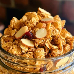 - 2 cups old-fashioned rolled oats - 1 cup sliced almonds - ½ cup honey or maple syrup - ¼ cup coconut oil, melted - 1 teaspoon pure vanilla extract - ½ teaspoon cinnamon - ¼ teaspoon sea salt The main ingredients create a great base for your granola clusters. Old-fashioned rolled oats give you texture and fiber. Sliced almonds add crunch and protein. Honey or maple syrup provides natural sweetness. Coconut oil helps bind the granola and gives it a nice flavor. Vanilla extract adds a warm aroma. Cinnamon and sea salt enhance the taste, making it irresistible. - ½ cup dried fruit (e.g., cranberries or cherries) Adding dried fruit is optional but can enhance your granola. Dried cranberries or cherries bring a chewy texture. They also add a burst of flavor that contrasts nicely with the crunchy clusters. Feel free to mix in your favorite dried fruit to make it your own! - Benefits of oats and almonds - Natural sweeteners vs. processed sugars Oats are a fantastic source of fiber. They help keep you full and support heart health. Almonds provide healthy fats and protein. They are great for your skin and heart. Using honey or maple syrup makes the granola healthier than using processed sugars. Natural sweeteners offer flavor without the crash. This granola is a smart choice for breakfast or snacks! First, preheat your oven to 325°F (165°C). This helps your granola cook evenly. Next, line your baking sheet with parchment paper. This will make cleanup easy and prevent sticking. In a large mixing bowl, combine the rolled oats, sliced almonds, cinnamon, and sea salt. I like to stir these ingredients well to mix the flavors. This step is key for a tasty granola. In a separate bowl, whisk together the melted coconut oil, honey or maple syrup, and vanilla extract. This mixture brings sweetness and flavor. Make sure it is fully combined to coat the oats well. Now, pour the wet mixture over the dry ingredients. Stir gently but thoroughly to ensure even coating. Every oat should feel the love of the sweet mixture! Transfer the mixture to your prepared baking sheet. Press it down firmly with a spatula. This step is crucial for making clusters. Bake in the preheated oven for 20-25 minutes. Stir halfway through to ensure even baking. Look for a golden brown color. Once baked, allow the granola to cool completely on the baking sheet. This cooling time helps the granola harden and form clusters. After it cools, break the granola into clusters. If you like, mix in any dried fruit at this stage for extra flavor. Enjoy your crunchy and delicious snack! To get those perfect granola clusters, you must press the mixture down firmly. This step helps the granola stick together as it bakes. Use a spatula to compact the mix into an even layer on the baking sheet. This creates a solid base for your clusters. Also, bake at the right temperature, which is 325°F (165°C). This temperature ensures that the granola cooks evenly and gets that lovely golden color. You can easily change the flavor of your granola. Try adding spices like nutmeg or cardamom for a warm touch. You can also use different nuts or seeds. Swap sliced almonds for walnuts or pecans. This switch adds a unique crunch and flavor. You could even add seeds like pumpkin or sunflower for more texture. Presentation can make your granola even more appealing. Serve the clusters in mason jars or cute bowls. This adds a fun touch to your breakfast or snack. Drizzle with honey or almond butter for extra sweetness. A sprinkle of sliced almonds on top makes it look even better. Enjoy your beautiful and tasty creation! {{image_2}} If you need a nut-free option, try using seeds. Sunflower seeds or pumpkin seeds work great. They keep the crunch and add good flavor. Use them in the same amount as the sliced almonds. This way, you still get tasty granola clusters without nuts. You can mix things up! For a sweet twist, add chocolate chips to your granola. Chocolate chip vanilla almond granola clusters taste amazing. You can also try a maple pecan version. Just swap the almonds for pecans and add a splash of maple syrup. Both variations are sure to please. Get creative with seasonal flavors! In the fall, add dried cranberries or a sprinkle of pumpkin spice. This gives a warm, cozy taste. For summer, toss in some tropical fruits like dried mango or pineapple. It adds a fun, fruity vibe. Enjoy these variations to keep your granola exciting! Store your Vanilla Almond Granola Clusters in airtight containers. This keeps them fresh. Place the containers in a cool, dry spot. Avoid warm places to prevent moisture. When stored at room temperature, your granola lasts about two weeks. For longer storage, consider freezing it. Granola freezes well, and you can keep it for up to three months. Check the texture and smell of your granola. If it feels soft or chewy, it may be stale. A lack of aroma also means it’s time to toss it. Fresh granola should smell sweet and nutty. Homemade Vanilla Almond Granola Clusters last about two weeks when stored properly. Use an airtight container to keep them fresh. After two weeks, the granola may still be safe to eat but could lose its crunch. Yes, you can! Use certified gluten-free oats to make this recipe gluten-free. Many brands offer gluten-free oats, which are safe for those with gluten sensitivities. Granola clusters are great with yogurt or smoothie bowls. You can also sprinkle them on oatmeal or mix them into your favorite cereal. They add a nice crunch and flavor. To lower sugar, use less honey or maple syrup. You can also try unsweetened applesauce or mashed bananas. These options keep the flavor and texture while cutting back on sugar. Making Vanilla Almond Granola Clusters is easy and fun. You learned the main ingredients needed, like oats and almonds, and how to combine them. I shared tips for perfect clusters and fun variations to try. Storage methods keep your granola fresh longer. Homemade granola is tasty and healthier than store-bought. It’s a great snack or breakfast option. Enjoy making this recipe and customizing it to your taste!
