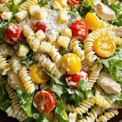 - 2 cups fusilli pasta - 1 lb cooked chicken breast, diced - 1 cup romaine lettuce, chopped - ½ cup cherry tomatoes, halved - ¼ cup grated Parmesan cheese - ½ cup Caesar dressing - 2 tablespoons lemon juice - 1 teaspoon garlic powder - Salt and pepper to taste - Croutons for topping When I create Chicken Caesar Pasta Salad, I focus on fresh, simple ingredients. I start with fusilli pasta. Its spiral shape holds the dressing well. Next, I use cooked chicken breast, diced into bite-sized pieces. This adds protein and flavor. For crunch, I chop up romaine lettuce. The bright green color makes the salad pop. I also toss in cherry tomatoes, halved, to add sweetness. Now, let’s talk about the dressing. I use Caesar dressing for that classic taste. A splash of lemon juice brightens the mix. Garlic powder adds depth, while salt and pepper balance the flavors. I love the rich, creamy texture of the dressing. It coats each bite perfectly. For an extra crunch, I like to add croutons. They bring a fun texture to the dish. You can skip them if you want a lighter salad. Each ingredient plays a role in making this salad fresh and flavorful. To start, boil 2 cups of fusilli pasta in salted water. Cook it until it is al dente, which means it should be firm but cooked through. This usually takes about 8-10 minutes. Once the pasta is ready, drain it in a colander. Rinse the pasta well under cold water. This cools it down and stops the cooking process. In a large mixing bowl, combine the cooled pasta, 1 pound of diced cooked chicken, 1 cup of chopped romaine lettuce, and ½ cup of halved cherry tomatoes. These ingredients create a fresh base for your salad. Next, pour in ½ cup of Caesar dressing and 2 tablespoons of lemon juice. Sprinkle in 1 teaspoon of garlic powder, along with salt and pepper to taste. Toss everything together gently. This ensures the sauce and flavors coat all the ingredients well. Now, add ¼ cup of grated Parmesan cheese to the bowl. Toss the salad again to mix the cheese in. If you want a crunchy element, top the salad with optional croutons. Finally, place your salad in the refrigerator for at least 30 minutes. This chilling time helps the flavors blend nicely before serving. To cook your fusilli pasta just right, aim for al dente. This means it should be firm but not hard. Follow the package directions closely. Taste a piece a minute or two before the time is up. If it’s not quite ready, keep cooking. After draining the pasta, rinse it under cold water. This stops the cooking and cools it down fast. Make sure all the pasta is cool before you mix it with the other ingredients. Making your own Caesar dressing can boost flavor. Start with mayonnaise or Greek yogurt as a base. Add lemon juice, garlic powder, and Parmesan cheese. Mix until smooth. This fresh dressing tastes much better than store-bought. If you want to switch things up, try adding different ingredients. You can use Greek yogurt instead of mayonnaise. Or swap out the Parmesan for feta cheese. These changes add fun twists to your salad. When serving your Chicken Caesar Pasta Salad, use a large bowl. This makes it easy for guests to help themselves. You can also plate individual servings for a nice touch. For a beautiful plate, layer the salad neatly. Start with pasta, then add chicken, lettuce, and tomatoes on top. Sprinkle Parmesan cheese last for a pop of color. Croutons add height and crunch, making the dish look even more inviting. {{image_2}} You can swap out chicken for other proteins. Grilled shrimp works great. It adds a nice flavor and texture. You can also use turkey or even canned tuna. These options keep the dish exciting. For a vegetarian option, try chickpeas. They add protein and fiber. You could also use grilled tofu. It absorbs flavors well, making your salad taste amazing. If you need a gluten-free option, choose rice or quinoa pasta. They cook well and taste great in salads. You can also try whole wheat pasta for a healthier twist. Other pasta shapes work too! Penne, rotini, or even bowtie pasta can make your salad visually fun. Different shapes add variety to your meal. Incorporating seasonal vegetables makes your salad fresh. In summer, add bell peppers or zucchini. In fall, consider roasted butternut squash. These veggies bring color and taste. Flavorful herbs also enhance your dish. Try fresh basil or parsley for a pop of flavor. Dill or chives can add a nice twist too. Herbs make your salad vibrant and aromatic. To keep your Chicken Caesar Pasta Salad fresh, use airtight containers. Glass or plastic containers work well. Make sure to seal them tightly. This helps prevent air from spoiling the salad. Store the salad in the fridge right after serving. It will stay fresh longer this way. If you have croutons, store them separately to keep them crunchy. Pasta salad is best cold, but you can gently reheat it. Use the microwave on low power. Heat it for about 30 seconds at a time. Stir it in between to ensure even warmth. Avoid high heat, as it can change the pasta's texture. If you want to serve it warm, treat it like a warm pasta dish. Add a splash of Caesar dressing to bring back moisture. Chicken Caesar Pasta Salad lasts about 3 to 4 days in the fridge. After this time, it may spoil. Look for signs like a sour smell or slimy texture. If you notice these, it's best to toss it out. Always check your leftovers before eating! Yes, you can make Chicken Caesar Pasta Salad ahead of time. This dish tastes great when chilled. I recommend making it a few hours before serving. You can also prepare it a day in advance. Just store it in the fridge. This way, the flavors blend nicely. Chicken Caesar Pasta Salad is quite healthy. It includes lean protein from chicken. The romaine lettuce adds fiber and vitamins. Cherry tomatoes bring antioxidants and color. The Parmesan cheese offers calcium, but use it in moderation. The dressing can add calories, so watch the amount. Overall, it is a balanced meal. You have great options for Caesar dressing. You can use ranch dressing for a different flavor. Greek yogurt mixed with lemon juice makes a creamy alternative. A balsamic vinaigrette adds a sweet tang. You can also try a simple olive oil and vinegar mix. Each option will give a unique twist to the salad. This Chicken Caesar Pasta Salad combines fresh ingredients and simple steps. We looked at the main ingredients, like fusilli and romaine, and how to mix them well. I shared tips to make your pasta perfect. You can try different proteins or turn it vegetarian. Storing leftovers is easy, and reheating is simple too. In closing, this dish offers endless ways to customize. Enjoy making it your own, and savor each delicious bite.