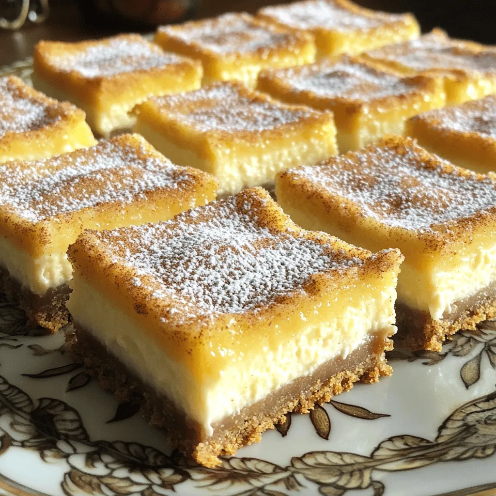 To make churro cheesecake bars, you'll need the following items: - 1 cup graham cracker crumbs - ¼ cup unsalted butter, melted - 2 tablespoons sugar - ½ teaspoon cinnamon - 2 (8 oz) packages cream cheese, softened - 1 cup sugar - 1 teaspoon vanilla extract - 2 large eggs - ¼ cup sour cream - 1 tablespoon all-purpose flour - ½ teaspoon cinnamon (for topping) - ¼ cup sugar (for topping) Using fresh cream cheese is key for a smooth filling. It helps create a rich and creamy texture. Also, melt your butter just enough so it mixes well with the crumbs. Quality ingredients make a big difference in taste. You can add some fun toppings or flavorings to your churro cheesecake bars. Here are a few ideas: - Drizzle with caramel or chocolate sauce for extra sweetness. - Top with whipped cream for a light touch. - Add chopped nuts like pecans or walnuts for crunch. - Mix in a dash of nutmeg or ginger for a unique twist. These extras can enhance the flavor and make your dessert even more special. Feel free to get creative! 1. Preheat your oven to 350°F (175°C). 2. Line an 8x8 inch baking dish with parchment paper. Leave some paper overhanging for easy removal. 3. In a mixing bowl, combine: - 1 cup graham cracker crumbs - ¼ cup unsalted butter, melted - 2 tablespoons sugar - ½ teaspoon cinnamon 4. Stir the mixture until well combined. 5. Press the crumb mixture into the bottom of the baking dish to form a crust. 6. Bake the crust for about 10 minutes. Let it cool slightly before adding the cheesecake mix. 1. In a large mixing bowl, beat together: - 2 (8 oz) packages cream cheese, softened - 1 cup sugar 2. Mix until the cream cheese is smooth and fluffy. 3. Add in 1 teaspoon vanilla extract and mix well. 4. Beat in 2 large eggs one at a time. Ensure each egg is fully mixed before adding the next one. 5. Then, add in ¼ cup sour cream and 1 tablespoon all-purpose flour. Mix until everything is just combined. 1. Pour the cheesecake mixture over the cooled crust in the baking dish. 2. Smooth the top with a spatula. 3. In a small bowl, combine: - ¼ cup sugar - ½ teaspoon cinnamon 4. Sprinkle this cinnamon sugar mixture evenly over the cheesecake layer. 5. Bake the cheesecake bars for 35-40 minutes. The edges should be set, and the center should jiggle slightly. 6. Remove from the oven and let cool at room temperature for 1 hour. 7. Once cooled, refrigerate for at least 2-3 hours, or overnight for the best taste. 8. When ready to serve, lift the cheesecake bars out using the parchment paper. Cut into squares and enjoy! Chilling time is key for the best texture in your churro cheesecake bars. After baking, let them cool at room temperature for about one hour. Then, refrigerate them for at least two to three hours. For a smoother texture, chilling overnight is best. To avoid cracks on top, mix the cream cheese and sugar slowly. Add eggs one at a time, ensuring they blend in fully before adding the next. Also, do not overbeat the mixture. This helps keep air bubbles out, which can cause cracks during baking. Presentation matters! Serve your churro cheesecake bars on a pretty platter. Dust them with powdered sugar and sprinkle a bit of cinnamon on top. This adds a lovely touch and enhances the visual appeal. Pair these dessert delights with drinks like coffee or vanilla-flavored milk. The warmth of coffee balances the richness of the cheesecake. If you prefer something colder, try a creamy vanilla milkshake. Both options complement the flavors beautifully! {{image_2}} You can change the flavor of your churro cheesecake bars easily. Try adding pumpkin puree for a fall twist. You can also mix in melted chocolate for a rich treat. Want to spice it up? Add a pinch of nutmeg or ginger. You can even use flavored extracts. Almond or orange extracts work great to add a unique taste. Just remember to adjust the sugar if you add sweet ingredients. If you need gluten-free options, swap graham cracker crumbs with almond flour or gluten-free cookies. This keeps the crust tasty and safe for all. For dairy-free choices, use vegan cream cheese. You can also try coconut cream for a different flavor. These changes make the bars enjoyable for everyone, no matter their diet! To keep your churro cheesecake bars fresh, wrap them tightly in plastic wrap. You can also place them in an airtight container. This helps prevent them from drying out. If you want to store them for a longer time, you can freeze them. Cut the bars into squares before freezing. Place parchment paper between each square to avoid sticking. Freeze them for up to three months. Churro cheesecake bars stay fresh in the fridge for about five days. After that, they may lose flavor and texture. Watch for signs of spoilage, like a sour smell or any discoloration. If the bars become dry or crack, it's time to toss them. Always trust your nose and eyes to check for freshness! Can I make these bars ahead of time? Yes, you can make these bars a day before. After baking, let them cool. Then, chill them in the fridge for better texture. This also helps the flavors blend nicely. What’s the best way to cut the cheesecake bars? To cut the bars, use a sharp knife. Dip the knife in warm water first. This helps make clean cuts. Wipe the knife with a cloth between cuts to keep the edges nice. What can I use instead of graham crackers? If you don't have graham crackers, use crushed cookies. Vanilla wafers or digestive biscuits work well too. Just mix them with melted butter as you would with graham crackers. How to adjust the recipe for a larger batch? To make more bars, double the recipe. Use a larger baking dish. A 9x13 inch dish is a great choice. Adjust the baking time, checking for doneness around the same time. What should the internal temperature be for cheesecake? The cheesecake should reach 150°F (65°C) in the center. This ensures it’s cooked well but still creamy. Use a kitchen thermometer for precise checking. How do I know when the bars are finished baking? Look for set edges and a slightly jiggly center. The middle should not look wet. If it passes these checks, it’s ready to come out of the oven. Churro Cheesecake Bars are a tasty dessert with a unique twist. We covered the must-have ingredients, how to prepare the crust and cheesecake filling, and essential baking tips. You can mix in fun flavors or make them gluten- or dairy-free. For the best taste, chill them well and store properly. Enjoy your baking! These bars are sure to impress your friends and family. Make some today and savor every bite!