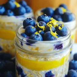 To make lemon blueberry overnight oats, you need these key ingredients: - 1 cup rolled oats - 1 cup almond milk (or any milk of choice) - 1/2 cup Greek yogurt - Zest of 1 lemon - 2 tablespoons fresh lemon juice - 1 tablespoon maple syrup or honey (optional) - 1 cup fresh blueberries (plus extra for topping) - 1/2 teaspoon vanilla extract - 1/2 teaspoon chia seeds (optional) - Pinch of salt You can easily adjust the recipe for different diets: - Use coconut milk for a richer flavor. - Swap Greek yogurt with dairy-free yogurt for vegan options. - Use oats labeled gluten-free if you need a gluten-free dish. - Replace maple syrup with agave syrup for a different sweetness. Choosing the best blueberries is key for great flavor: - Look for firm, plump berries with a deep blue color. - Avoid any berries that are shriveled or have green spots. - Check for a light gray bloom on the skin; this shows freshness. - Store blueberries in the fridge and wash them just before use. These simple steps ensure your lemon blueberry overnight oats are as fresh and tasty as possible! First, take a mixing bowl. Add 1 cup of rolled oats. Next, add 1/2 teaspoon of chia seeds if you want extra texture. Now, sprinkle in a pinch of salt. Mix all these dry ingredients well. This helps the chia seeds spread evenly. In another bowl, pour in 1 cup of almond milk. You can also use any milk you like. Then, add 1/2 cup of Greek yogurt for creaminess. Now, add the zest of 1 lemon and 2 tablespoons of fresh lemon juice. If you want a touch of sweetness, mix in 1 tablespoon of maple syrup or honey. Finally, add 1/2 teaspoon of vanilla extract. Whisk everything until it’s smooth and creamy. Take the wet mixture and pour it over the dry oats. Stir until everything combines well. Make sure all the oats get coated. Now, gently fold in 1 cup of fresh blueberries. Be careful not to smash them. Divide this mixture into two jars. Seal the jars tightly and place them in the fridge. Let them chill overnight or for at least 4-6 hours. In the morning, take the jars out. Stir the oats well. If they seem too thick, add a splash of milk. For a lovely touch, top with extra blueberries and a sprinkle of lemon zest. You can also drizzle more maple syrup or honey if you like. Serve in clear jars for a pretty view. A sprig of mint adds freshness too. Enjoy your tasty and healthy breakfast! When making overnight oats, use rolled oats. They soak up liquid well. Avoid quick oats as they may turn mushy. Always mix the dry and wet ingredients separately first. This helps each oat get coated evenly. If you want a creamier texture, add more yogurt or milk. A pinch of salt enhances flavors. Always refrigerate your oats overnight. This gives them the best texture. You can make your oats even tastier with add-ins. Try adding nuts like almonds or walnuts for crunch. Seeds, such as chia or flax, add nutrition and texture. Want a touch of sweetness? Add more maple syrup or honey. For a unique twist, try spices like cinnamon or nutmeg. Fresh herbs like mint can also brighten the flavor. Get creative with toppings! Sometimes, oats can be too thick. If this happens, just add a splash of milk. Stir well to reach your desired consistency. If the oats taste bland, try adding a little more lemon juice or zest. Not enough sweetness? A drizzle of honey or maple syrup can help. If you notice that the oats are too soggy, reduce the amount of liquid next time. Always remember, practice makes perfect! {{image_2}} You can mix things up with different fruits in your overnight oats. Try using strawberries, raspberries, or peaches. Each fruit adds a new flavor. Just replace the blueberries with your choice. For a tropical twist, add diced mango or pineapple. These fruits pair well with lemon. You can also use a mix of fruits for a colorful blend. If you want a nut-free option, simply swap almond milk for oat or soy milk. This change keeps the recipe safe for those with nut allergies. You can still enjoy creamy oats without nuts. Make sure to check labels for any hidden nuts in ingredients like yogurt. This way, you can enjoy your oats without worry. To make this recipe dairy-free, use a dairy-free yogurt. Options like coconut or soy yogurt work great. Replace Greek yogurt with these choices for a creamy texture. You can also skip the yogurt altogether and use more almond milk. This keeps the oats light and tasty. Enjoy the same lemony goodness without dairy! Store your lemon blueberry overnight oats in airtight containers. I like to use glass jars. They keep the oats fresh and make it easy to grab one in the morning. Always seal the jars tightly to prevent any spills or odors from the fridge. These oats last for up to five days in the fridge. The flavors blend well over time. To keep them fresh, check for any changes in smell or color before eating. If the oats look dry, add a splash of milk to rehydrate them. You can eat these oats cold straight from the fridge. If you prefer them warm, simply transfer them to a bowl and heat in the microwave for about 30 seconds. Stir well and check the temperature before eating. Enjoy them warm with extra berries on top! Yes, you can use other types of oats. Quick oats work well, but they may become mushy. Steel-cut oats need more time to soak. They require cooking for a perfect texture. Rolled oats are best for overnight oats, as they soak up the liquid well. To make lemon blueberry overnight oats gluten-free, choose certified gluten-free oats. Check labels on all other ingredients too. Some milk and yogurt brands may contain gluten. Always verify your products to ensure they are safe for your diet. Absolutely! You can prepare lemon blueberry overnight oats for the week. Just make several jars at once. Store them in the fridge for up to five days. This makes your mornings quick and easy. Just grab a jar, stir, and enjoy! Lemon blueberry overnight oats are packed with nutrients. They provide fiber, protein, and antioxidants. Oats help with digestion and heart health. Blueberries add vitamins C and K, plus antioxidants. Greek yogurt gives you protein and probiotics. This dish is a great start to your day! This blog covered how to make tasty lemon blueberry overnight oats. We explored the main and alternative ingredients, plus fresh blueberry tips. I provided clear steps from mixing to serving. You learned best practices and trouble spots for making oats. Variations allow you to try new flavors or meet dietary needs. Finally, I shared storage and reheating tips for freshness. I hope you feel ready to make your own delicious oats at home. Enjoy your tasty creation!