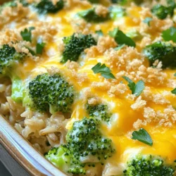 To make Cheesy Broccoli Rice Casserole, gather these simple ingredients: - 2 cups cooked brown rice - 2 cups broccoli florets (fresh or frozen) - 1 cup shredded cheddar cheese - 1 cup cream of mushroom soup (or cream of broccoli for extra flavor) - 1/2 cup milk - 1/2 cup grated Parmesan cheese - 1 cup diced onion - 2 cloves garlic, minced - 1 teaspoon garlic powder - 1 teaspoon onion powder - Salt and pepper to taste - 1/2 cup breadcrumbs (optional for topping) - 2 tablespoons olive oil These ingredients come together for a warm, cheesy delight. The brown rice provides a hearty base. Fresh or frozen broccoli adds color and nutrition. The cheeses create a creamy texture that melts in your mouth. Cream of mushroom soup adds depth. Milk helps bind it all together. The onion and garlic give a nice flavor kick. Garlic powder and onion powder enhance the taste. Salt and pepper balance everything perfectly. Breadcrumbs add a crunchy topping, if you use them. Gather these items, and you're ready to create a dish that warms the heart and fills the belly. How to cook brown rice Start by rinsing 2 cups of brown rice under cold water. This helps remove excess starch. Then, cook it in a pot with 4 cups of water. Bring the water to a boil, then reduce to a simmer. Cover and cook for about 40-45 minutes, until the rice is tender. Drain any excess water and set it aside. Tips for chopping broccoli florets For fresh broccoli, wash it well. Cut off the thick stem and separate the florets. Aim for bite-sized pieces. This ensures even cooking. If using frozen broccoli, thaw and drain it before adding it to the dish. Sautéing onions and garlic In a large skillet, heat 2 tablespoons of olive oil over medium heat. Add 1 cup of diced onion and 2 minced garlic cloves. Sauté for about 3-4 minutes until the onions turn translucent. This step adds great flavor to your casserole. Mixing everything in a bowl In a large mixing bowl, combine the cooked brown rice, broccoli florets, 1 cup of shredded cheddar cheese, 1 cup of cream of mushroom soup, 1/2 cup of milk, and 1/2 cup of grated Parmesan cheese. Add 1 teaspoon of garlic powder, 1 teaspoon of onion powder, salt, and pepper to taste. Ensuring even distribution Stir the mixture well. Make sure all ingredients mix evenly. This helps each bite be just as tasty. Once combined, add in the sautéed onions and garlic. Mix again until everything looks blended. Preheating oven to 350°F (175°C) Before baking, set your oven to preheat at 350°F (175°C). This prepares the oven for even cooking. Covering and baking instructions Transfer the mixture into a greased 9x13 inch baking dish. If you want a crunchier top, sprinkle 1/2 cup of breadcrumbs over it. Cover the dish with aluminum foil. Bake for 25 minutes to help the flavors meld together. Final baking steps for a golden top After 25 minutes, remove the foil. Bake for an additional 10-15 minutes. Keep an eye on it until the top turns golden and bubbly. This gives a lovely texture and color to your casserole. Let it cool for a few minutes before serving. Seasoning is key to a great casserole. Always taste your mix before baking. Adjust salt and pepper to your liking. If you want creaminess, add more cheese. I recommend extra cheddar or a blend of cheeses. This makes the dish rich and satisfying. Using pre-cooked rice or frozen broccoli can save you time. You can find these in most stores, and they work well. Also, preparing ingredients in advance helps a lot. Chop your onions and garlic the night before. This can cut down on your cooking time. Garnishing can make your dish pop. Fresh parsley or chives adds color and flavor. For side dishes, consider a simple salad or crusty bread. These pair well with the casserole and round out your meal. Enjoy every bite! {{image_2}} You can switch up the cheese in this dish. Try using Monterey Jack for a milder taste. Gouda gives a rich, smoky flavor. If you want something unique, mix in some blue cheese. For those who prefer a plant-based option, vegan cheeses made from nuts or soy work great. They melt nicely and add a creamy touch. Want to make your casserole heartier? You can add cooked chicken or turkey. Simply shred or dice the meat and stir it into the rice mix. If you’re vegetarian, consider adding cooked lentils or chickpeas. They boost protein while keeping the dish filling and tasty. If you need a gluten-free dish, swap out regular breadcrumbs for gluten-free ones. You can also use crushed rice cakes or cornflakes as a crunchy topping. For thickening agents, consider using cornstarch or arrowroot powder. These options help maintain a creamy texture without any gluten. To keep your cheesy broccoli rice casserole fresh, use an airtight container. Glass or plastic containers work well. Store it in the fridge. It will stay good for about 3 to 5 days. Make sure to let it cool before sealing it. When reheating, I recommend using the oven or a microwave. For the oven, preheat to 350°F. Place the casserole in a dish and cover it with foil. Heat for about 15 to 20 minutes. For the microwave, use a microwave-safe plate. Heat in one-minute intervals until warm. To keep it moist, add a splash of water or milk before reheating. You can freeze your casserole before or after baking. If freezing before, assemble it in a dish and cover well. Wrap it tightly in foil and plastic wrap. When ready to cook, bake it straight from the freezer. If you freeze it after baking, let it cool first. Thaw it in the fridge overnight before reheating. This way, you enjoy its cheesy goodness later! Baking this casserole takes about 35 to 40 minutes. First, cover it with foil and bake for 25 minutes at 350°F. Then, remove the foil and bake for another 10 to 15 minutes. This step makes the top golden and bubbly. Yes, you can prepare this casserole ahead of time. Just mix all the ingredients and place them in the baking dish. Cover it well and store it in the fridge. When you are ready, bake it straight from the fridge. You may need to add a few extra minutes to the baking time. If you want a different flavor, try cream of broccoli soup instead. You can also make your own by blending cooked broccoli with cream and spices. Another option is to use a simple white sauce made from butter, flour, and milk. This gives a nice creamy texture. You now know the key ingredients and steps to create a tasty Cheesy Broccoli Rice Casserole. This dish combines creamy cheese, tender veggies, and a crunchy topping to make a delightful meal. Remember, you can adjust the flavors and textures with variations and helpful tips. Whether you serve it fresh or reheat leftovers, this casserole is sure to please everyone. Enjoy your cooking journey, and feel free to experiment with your favorite ingredients!