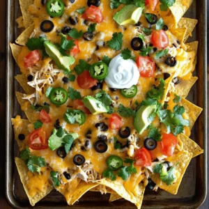 - 1 large bag of tortilla chips - 2 cups shredded cheese (cheddar and Monterey Jack mix) - 1 can (15 oz) black beans, rinsed and drained - 1 cup cooked chicken, shredded (or seasoned ground beef) - 1 jalapeño, sliced - 1 cup diced tomatoes - ½ cup sliced black olives - 1 avocado, diced - ¼ cup sour cream - ¼ cup fresh cilantro, chopped - 1-2 tablespoons taco seasoning - 2 tablespoons olive oil - Salt and pepper to taste These ingredients come together to create a flavor-packed snack. The tortilla chips serve as a sturdy base. The cheese melts into a gooey layer that binds everything. Black beans add a creamy texture and protein. You can choose cooked chicken or beef for extra heartiness. Fresh toppings like jalapeños and tomatoes brighten each bite. The avocado, sour cream, and cilantro add a cool finish. Taco seasoning gives a nice kick. Olive oil helps the flavors meld together. A sprinkle of salt and pepper ties it all in. Gather these ingredients, and you are ready to make your loaded sheet-pan nachos shine! 1. Preheat your oven to 400°F (200°C). This step is key for crispy nachos. 2. Grab a large baking sheet. Spread the tortilla chips evenly on it. Make sure they do not overlap too much. This helps them stay crunchy. 1. In a bowl, toss the black beans, shredded chicken, and taco seasoning together. Make sure all the beans and chicken get coated well. 2. Scatter this seasoned mixture over the tortilla chips. Distribute it evenly so every chip gets some toppings. 1. Sprinkle the mixed cheese over the chips and toppings. Cover as much area as you can for maximum cheesiness. 2. Add sliced jalapeños, diced tomatoes, and black olives on top. This adds color and flavor. 3. Drizzle with olive oil and season lightly with salt and pepper. These add richness and enhance the taste. 4. Bake in the oven for 10-12 minutes. Wait until the cheese melts and becomes bubbly. 5. Once done, remove from the oven and let cool for a bit. Top with diced avocado, sour cream, and chopped cilantro. 6. Serve right away. Guests can dig in from the sheet pan or you can serve in individual portions. How to choose the right chips Select thick tortilla chips. They need to hold up under the toppings. Look for chips that are sturdy and well-seasoned. Avoid thin chips that may break easily. A classic yellow corn chip adds great flavor. Best cheese combinations for meltiness Combine cheddar and Monterey Jack cheese for the best melt. This mix gives a rich, creamy texture. Cheddar offers sharpness, while Monterey Jack adds smoothness. For extra flavor, try adding pepper jack. It brings a kick to your nachos. Additional toppings and garnishes You can top your nachos with fresh ingredients. Diced avocado and chopped cilantro add a bright touch. A dollop of sour cream balances the heat. For a crunchy bite, add sliced jalapeños and diced tomatoes. Black olives also add a salty hint. Pairing drinks with loaded nachos Nachos pair well with cold drinks. Try a light beer or a fruity soda. For something special, a margarita is a great choice. The crisp flavors of these drinks complement the nachos perfectly. Overloading the chips Don’t load too many toppings on your chips. This can make them soggy and hard to eat. Aim for a balance of toppings to keep every chip crunchy. Spread toppings evenly to ensure every bite is tasty. Underbaking or overbaking nachos Watch the baking time closely. Underbaking leaves the cheese unmelted. Overbaking makes the chips too hard. Bake until the cheese is bubbly and slightly golden, about 10-12 minutes. Remove them promptly for the best texture. {{image_2}} If you want to change things up, consider ingredient swaps. For a vegetarian version, skip the meat. Use extra black beans or add some corn for texture. You can also use grilled mushrooms or sautéed bell peppers to give it a hearty feel. If you prefer meat, try different proteins. Ground turkey or pulled pork can add a fun twist. You can even use shrimp for a seafood-inspired nacho dish. The key is to keep it flavorful and fun. To amp up the taste, think about adding spices or sauces. A sprinkle of smoked paprika can give your nachos a nice kick. A drizzle of sriracha or chipotle sauce can also enhance the flavor. Using seasonal ingredients is another great way to change your nachos. In summer, add fresh corn or diced bell peppers. In fall, consider roasted pumpkin or sweet potato. These fresh ingredients can make your nachos pop. Many people have dietary needs, so consider gluten-free and dairy-free options. You can use corn chips for a gluten-free base. For cheese lovers, try dairy-free cheese made from nuts or soy. If you want healthier toppings, consider Greek yogurt instead of sour cream. You can also add more veggies like spinach or kale. These swaps keep your nachos tasty and nutritious without losing any fun. After your fun game night, you may have nachos left. To store them well, place them in an airtight container. Keep the nachos in the fridge for up to 3 days. Avoid leaving them out too long. Bacteria can grow if they sit at room temperature. To reheat nachos, use an oven or toaster oven. Preheat it to 350°F (175°C). Place the nachos on a baking sheet. Bake for about 5-10 minutes. This method keeps them crispy. Microwaving nachos can make them soggy. If you must, heat in short bursts of 30 seconds. Check often to avoid overcooking. You can freeze nachos, but it’s not the best idea. Freezing can change the texture. If you choose to freeze them, layer the nachos in a freezer-safe container. Use parchment paper between layers to prevent sticking. Thaw in the fridge overnight before reheating. Enjoy your nachos fresh for the best flavor and crunch! Loaded sheet-pan nachos are a fun snack made with tortilla chips and toppings. You start with a base of crispy chips. Then, you pile on cheese, beans, meat, and veggies. Common ingredients include: - Tortilla chips - Shredded cheese (cheddar and Monterey Jack mix) - Black beans - Cooked chicken or seasoned ground beef - Sliced jalapeño - Diced tomatoes - Sliced black olives - Diced avocado - Sour cream - Fresh cilantro This dish is perfect for sharing and adds excitement to game night. To add spice to your nachos, consider these tips: - Use spicy cheese, like pepper jack. - Add more sliced jalapeños or include serrano peppers. - Mix in hot sauce with your beans or meat. - Top with spicy salsa or pico de gallo. Start with small amounts of heat. You can always add more if needed! Yes, you can prep ingredients in advance! Here’s how: - Prep the toppings: Dice veggies and shred cheese a few hours before. - Store ingredients: Keep them in separate containers in the fridge. For assembly: - Layer chips and toppings: When ready to bake, spread chips on a sheet pan. - Add toppings: Quickly add your prepped ingredients and cheese. This way, you save time and still enjoy fresh nachos! We covered everything you need for loaded nachos. From key ingredients to baking steps, you now have the full picture. Remember to choose the right chips and avoid overloading them. Feel free to swap ingredients or add spices to make it your own. Also, learn how to store and reheat leftovers for later enjoyment. Nachos can be a fun and easy dish, perfect for any gathering. Get creative and enjoy your nacho-making journey!