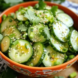 - 2 large cucumbers - 2 green onions - Cilantro (optional) - 1 teaspoon salt - 2 tablespoons soy sauce - 1 tablespoon rice vinegar - 1 tablespoon sesame oil - 1 teaspoon honey or maple syrup - 1 tablespoon Sriracha - 1 teaspoon freshly grated ginger - 1 tablespoon sesame seeds - Prep time: 10 minutes - Total time: 40 minutes - Servings: 4 The spicy sesame cucumber salad shines with its fresh and crunchy textures. You need two large cucumbers for this recipe. Slice them thinly to keep the crunch. You can use two green onions, finely chopped, for a mild onion flavor. If you like, add cilantro for a fresh touch. For the pantry ingredients, you will need one teaspoon of salt. The salt helps to draw out moisture from the cucumbers. Use two tablespoons of soy sauce for that umami depth. A tablespoon of rice vinegar adds a nice tang. Sesame oil gives a rich, nutty flavor. You can sweeten the salad with one teaspoon of honey or maple syrup. One tablespoon of Sriracha gives it a spicy kick. Adjust this to your taste. A teaspoon of freshly grated ginger adds warmth. Finally, finish with one tablespoon of sesame seeds for crunch. This salad is quick to make. It takes only 10 minutes to prep and 40 minutes total. It serves four people, making it perfect for a small gathering. Enjoy making this fresh and vibrant dish! - Thinly slice cucumbers. - Sprinkle with salt and let sit for 15-20 minutes. Start by slicing the cucumbers. Use a sharp knife for clean cuts. Thin slices help the salad soak up the dressing well. The salt draws out moisture, making your salad crisp and fresh. - Combine soy sauce, rice vinegar, and sesame oil. - Whisk in honey or maple syrup, Sriracha, and ginger. In a bowl, mix soy sauce, rice vinegar, and sesame oil. These ingredients create a savory and tangy base. Add honey or maple syrup for sweetness. Then, stir in Sriracha for heat and freshly grated ginger for zest. This dressing brings all the flavors together. - Drain excess moisture from cucumbers. - Toss cucumbers with dressing. - Add sesame seeds and green onions. After the cucumbers sit, drain any liquid. This step keeps the salad from getting soggy. Pour the dressing over the cucumbers and toss well. Finally, add sesame seeds and chopped green onions for crunch and flavor. Let the salad rest for ten minutes. This waiting time helps the flavors mix nicely. Enjoy your fresh and spicy salad! Let the salad rest before serving. This step helps the flavors mix well. After you mix in the dressing, let it sit for ten extra minutes. This time allows the cucumbers to soak up the taste. If you like spice, adjust the Sriracha to your taste. Start with one tablespoon and add more if needed. This way, you control how spicy it gets. Adding toppings can make the salad even better. Try using nuts or seeds for extra crunch. Toasted sesame seeds work great and add flavor. Chopped peanuts or almonds can also bring a nice bite. Feel free to mix and match different toppings for variety. Garnishing with cilantro adds a fresh touch. Just sprinkle some on top before serving. It not only looks good but also adds flavor. Serve the salad chilled or at room temperature. You can pair it with grilled meats or rice dishes for a full meal. {{image_2}} You can change the flavor by using different vinegars or oils. For a tangy twist, try apple cider vinegar. It adds a nice zing. You can also swap sesame oil for olive oil. This will give the salad a lighter taste. Experiment with your favorite flavors. It’s fun to discover what you like best! Want to make your salad heartier? Add protein! Tofu works great. Cut it into small cubes and toss it in. If you prefer meat, shredded chicken is a tasty choice. Both options boost the salad's protein and make it more filling. You can make your salad more colorful and crunchy with extra veggies. Bell peppers add a sweet crunch. Chop them into bite-sized pieces and mix them in. Avocados give a creamy texture. They also add healthy fats. Slice them and gently fold them into the salad for a delicious twist. To keep your spicy sesame cucumber salad fresh, store it in an airtight container. This helps keep the flavors strong and the cucumbers crunchy. Make sure to refrigerate it right after serving. If you have leftovers, place them in the fridge within two hours. The salad tastes best when eaten within a few days. The spicy sesame cucumber salad stays fresh for about 3 to 5 days in the fridge. After this time, the cucumbers can become soggy. Always check for any off smells or changes in texture before eating. If it looks or smells strange, it’s best to throw it away. I do not recommend freezing this salad. Freezing changes the texture of the cucumbers. They can become mushy once thawed. Instead, enjoy the salad fresh for the best taste and crunch. Yes, you can make this salad ahead of time. It tastes great when it sits for a while. You can prepare it up to 24 hours in advance. Just keep it in the fridge. The flavors will blend, and the salad will be extra tasty. If you don’t have Sriracha, you can use other hot sauces. Try using chili paste or a bit of cayenne pepper. Adjust the amount to your taste. If you want less heat, use a mild sauce or just skip it altogether. Yes, the Spicy Sesame Cucumber Salad is both vegan and gluten-free. It contains no animal products and uses gluten-free soy sauce. You can enjoy it without worry about dietary restrictions. To make it spicier, add more Sriracha. You can also include red pepper flakes or chopped fresh chilies. Start with a little and taste as you go. This way, you can find the perfect heat for your liking. This blog post shared a simple way to make Spicy Sesame Cucumber Salad. We covered fresh and pantry ingredients, including the best tips for taste and storage. You can customize the salad with protein or other veggies. Remember, letting the salad sit boosts flavor. With these steps, you can create a delicious dish. Enjoy making it your own!