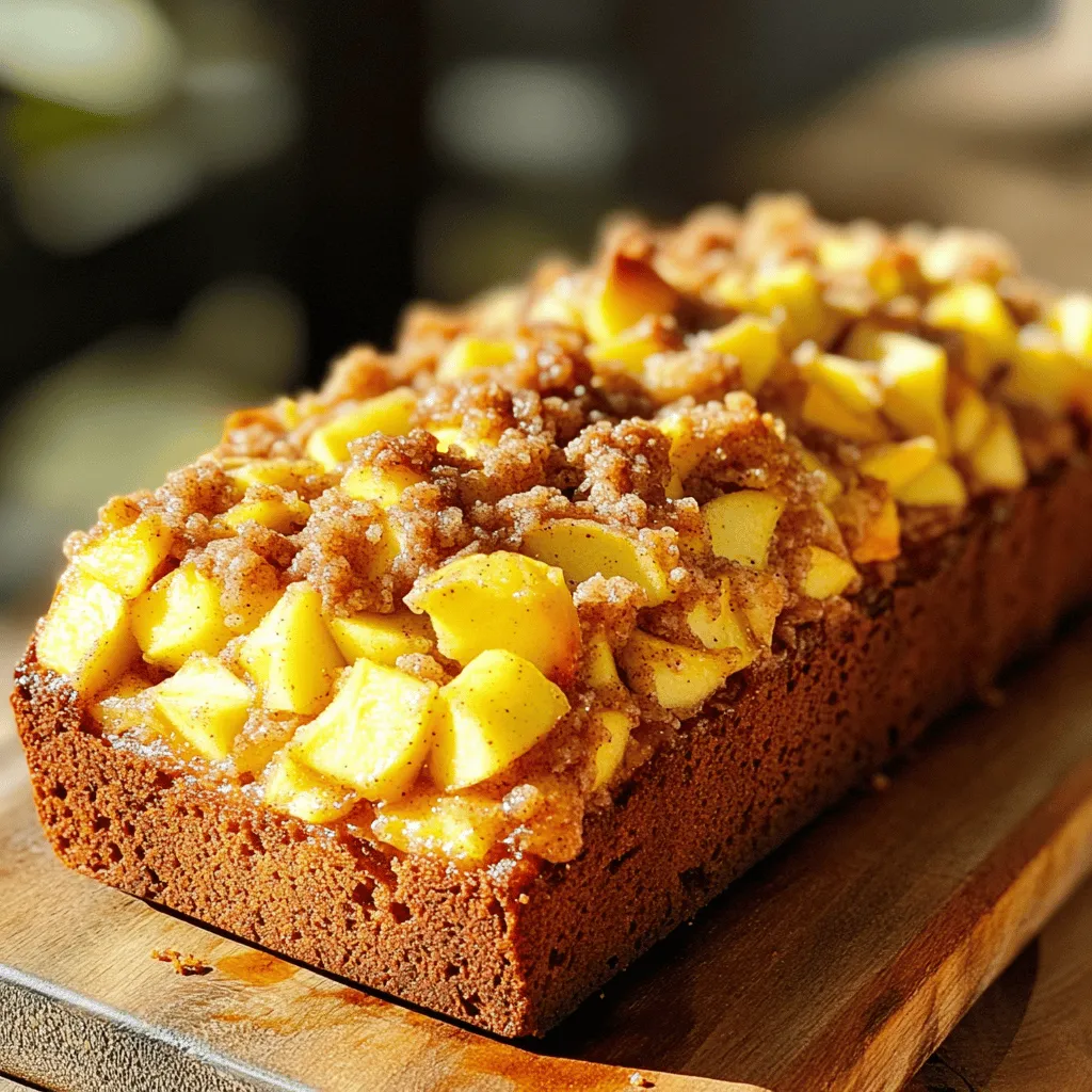 - 2 cups all-purpose flour - ½ cup unsalted butter, softened - ¾ cup granulated sugar - 2 large eggs - ½ cup buttermilk - 1 large apple (preferably Granny Smith) - ½ cup brown sugar (packed) - ¼ cup all-purpose flour - 1 teaspoon ground cinnamon - ¼ cup unsalted butter (melted) - 1 teaspoon baking powder - ½ teaspoon baking soda - ½ teaspoon salt - 1 teaspoon ground cinnamon - ½ teaspoon ground nutmeg - 1 teaspoon vanilla extract Gather these ingredients before you start baking. The apples add a nice touch of sweetness. Granny Smith apples work great for their tartness. The streusel topping gives a crunchy finish. It’s fun to mix the flavors of cinnamon and nutmeg. All these ingredients will help you create a delicious bread everyone will love. 1. First, preheat your oven to 350°F (175°C). This step is important for even baking. 2. Grease a 9x5-inch loaf pan. I like to line it with parchment paper. This helps with easy removal later. 3. In a medium bowl, whisk together 2 cups of all-purpose flour, 1 teaspoon baking powder, ½ teaspoon baking soda, ½ teaspoon salt, 1 teaspoon ground cinnamon, and ½ teaspoon ground nutmeg. Set this mixture aside for later. 1. In a large bowl, cream together ½ cup of softened unsalted butter and ¾ cup of granulated sugar. Use an electric mixer. Mix until the mixture is light and fluffy, which takes about 3 minutes. 2. Next, add 2 large eggs, one at a time. Mix well after each egg. Then stir in 1 teaspoon of vanilla extract. 3. Gradually add the dry ingredient mixture to the butter mixture. Alternate this with ½ cup of buttermilk. Start and end with the dry mix. Mix just until combined. Be careful not to overmix. 1. Gently fold in 1 large apple that has been peeled, cored, and diced. Make sure the apples are evenly spread throughout the batter. 2. In a small bowl, prepare the streusel topping. Combine ½ cup of packed brown sugar, ¼ cup of all-purpose flour, 1 teaspoon of ground cinnamon, and ¼ cup of melted unsalted butter. Mix this until it is crumbly. 3. Pour half of the batter into the prepared loaf pan. Sprinkle half of the streusel mixture over it. Then, pour the remaining batter on top and finish with the rest of the streusel. 1. Bake in the preheated oven for 55-65 minutes. Check for doneness by inserting a toothpick into the center. If it comes out clean, your bread is ready. 2. If the top of the bread browns too fast, cover it with aluminum foil for the last 15 minutes of baking. This helps prevent over-browning and keeps it moist. To get the best texture, start with room-temperature ingredients. This means letting the butter and eggs sit out for a bit. Room temperature helps them mix well, creating a fluffy batter. If your butter is too cold, it won’t blend smoothly. Avoid overmixing the batter. Mix just until the dry ingredients are combined. Overmixing can make the bread tough. It’s okay if there are a few small lumps. These won’t hurt the final product. Choose the right apples for this recipe. I recommend Granny Smith apples. They are tart and stand up well in baking. You can also try Honeycrisp for a sweeter flavor or Fuji for a juicy bite. You can add extra spices to boost the taste. Consider adding a pinch of ginger or allspice. For a twist, mix in some chopped nuts or raisins. Just remember to keep the balance of flavors. This bread pairs perfectly with coffee or tea. It also makes a great breakfast dish. Serve it warm with a bit of butter or cream cheese. For presentation, slice the bread neatly and arrange it on a platter. Dust with powdered sugar for a pretty touch. You can also serve it with a side of fresh fruit for color and freshness. {{image_2}} You can change the taste of your bread by adding nuts. Walnuts or pecans work great. They add a nice crunch and rich flavor. You can also mix in different fruits. Try berries for a tart kick or bananas for sweetness. Each option gives a new twist to the bread. If you need a gluten-free option, swap all-purpose flour for gluten-free flour. Make sure to check that your other ingredients are also gluten-free. You can also create a vegan version. Replace butter with a plant-based alternative. Use flax eggs instead of regular eggs, and choose a plant-based milk in place of buttermilk. With the changing seasons, you can add fun flavors. In fall, mix in pumpkin or cranberries for a festive touch. These ingredients bring warmth and spice. During the holidays, consider adding flavors like peppermint or ginger. They create a joyful atmosphere while you enjoy your bread. To keep your bakery-style cinnamon apple streusel bread fresh, store it at room temperature. Place it in an airtight container. This will help keep the bread moist and tasty. If you do not have a container, wrap it in plastic wrap. Avoid putting it in a place with direct sunlight, as heat can dry it out. For longer shelf life, you can refrigerate the bread. Wrap it well in plastic wrap and then in foil. This will stop it from drying out. When ready to eat, let it come to room temperature for the best taste. To freeze the bread properly, wrap it tightly in plastic wrap. Then, place it in a freezer-safe bag or container. Make sure to push out any air to prevent freezer burn. This will keep your bread fresh for up to three months. When you want to enjoy some bread, remove it from the freezer. Let it thaw in the fridge overnight for the best flavor. If you need it fast, you can thaw it at room temperature for a few hours. Just be sure to slice it before thawing for quicker results. Your cinnamon apple streusel bread stays fresh for about 3 to 5 days at room temperature. In the fridge, it can last about a week. If you freeze it, it will remain tasty for up to three months. Just remember, the sooner you eat it, the better it will taste! Can I use whole wheat flour instead of all-purpose? Yes, you can use whole wheat flour. It makes the bread denser. You may need to add a bit more liquid since whole wheat absorbs more moisture. Start with a 25% swap and see how it turns out. How can I make this recipe ahead of time? You can prep the batter and store it in the fridge for up to 24 hours. Just keep it covered. You can also make the bread and freeze it. Slice it first for easier thawing later. Can I use almond milk instead of buttermilk? Yes, you can use almond milk. To mimic buttermilk, add a teaspoon of vinegar or lemon juice to the almond milk. Let it sit for five minutes before using. This makes it taste closer to buttermilk. What is a good substitute for eggs? You can use applesauce as a substitute. Use ¼ cup of unsweetened applesauce for each egg. This adds moisture and helps bind the bread together. Why is my bread too dense? Dense bread may happen if you overmix the batter. Mixing too much can add too much air. Ensure you mix just until combined. Also, check that your baking powder and baking soda are fresh. How can I fix a soggy center? A soggy center often means the bread is underbaked. Use a toothpick to test doneness. If it comes out wet, bake it longer. If the top is browning too fast, cover it with foil. This blog post outlines the essential ingredients and steps to make a delicious apple bread. You learned about the ingredients for the bread and the streusel topping. I shared tips for getting the best texture and flavor. You also saw ways to store the bread and answered common baking questions. Baking can be fun and rewarding. With this guide, you can bake a tasty treat that everyone will love. Enjoy the process and share your results!