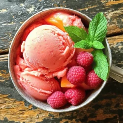 - 3 ripe peaches, peeled and pitted - 1 cup fresh raspberries Fresh fruits are the stars of this sorbet. Ripe peaches give it a sweet, juicy base. They should feel soft when you gently press them. Fresh raspberries add a tangy burst of flavor. Their bright color makes the sorbet look beautiful. - ½ cup granulated sugar - 1 cup water - 2 tablespoons lemon juice We use granulated sugar to sweeten the sorbet. It mixes well with the fruit and makes a simple syrup. Water helps the sugar dissolve easily. Lemon juice adds a bit of zing. It balances the sweetness and brings out the fruit's natural flavors. - A pinch of salt Salt is a secret ingredient here. It enhances the flavors and makes the sorbet taste better. Just a small pinch will do. It helps all the sweet and tart notes shine through. First, we make a simple syrup. In a medium saucepan, combine 1 cup of water with ½ cup of granulated sugar. Heat this over medium heat. Stir until the sugar dissolves completely. This usually takes just a few minutes. Once the sugar dissolves, remove the saucepan from the heat. Let the syrup cool to room temperature. This syrup will add sweetness to our sorbet. Now, we will prepare the fruit. Take 3 ripe peaches, peel them, and remove the pits. Then, rinse 1 cup of fresh raspberries. Place the peaches and raspberries in a blender or food processor. Blend them until the mixture is smooth. You want a creamy texture without any chunks. This will create the rich base for our sorbet. Next, we combine everything. Pour the cooled simple syrup into the blender with the fruit. Add 2 tablespoons of lemon juice and a pinch of salt. Blend again until all the ingredients mix well. Taste the mixture. If it needs more sweetness, add a little sugar or extra raspberries and blend again. Now, transfer this mixture into a shallow container. Place it in the freezer. Every 30 minutes, stir the mixture to break up any ice crystals. This will take about 4 hours. When it is fully frozen and smooth, it’s ready to serve. Use a scoop to dish it up into bowls. Enjoy your peach raspberry sorbet! To make your sorbet shine, you can adjust the sweetness. Taste the mix before freezing. If it's not sweet enough, add a bit more sugar. You can also use extra raspberries for a bolder flavor. Try mixing in other fruits for fun. You can use strawberries, blackberries, or even mango. Each fruit brings its own taste to the sorbet. This way, you can create many yummy flavors! To avoid ice crystals, stir the sorbet every 30 minutes while it freezes. This helps keep it smooth and creamy. If you skip this step, the sorbet may turn icy. Use a shallow container for freezing. A wider surface area helps the sorbet freeze faster and stay smooth. Glass or metal containers work best. They help cool the mixture evenly. For a lovely presentation, serve the sorbet in chilled bowls. This keeps it cold for longer. You might want to garnish it with fresh raspberries or mint leaves. This adds color and extra flavor to your dish. Another idea is to create a layered dessert. You can serve sorbet with yogurt or fresh fruit. This not only makes it pretty but also adds more taste and texture to enjoy! {{image_2}} You can switch out fruits for fun flavors. Try using seasonal fruits like strawberries or mangoes. They add a new twist to your sorbet. You can mix peaches with blackberries, too. Each fruit brings its own sweetness and taste. Adding herbs or spices can also change the flavor. A little mint can make your sorbet refreshing. You might like a hint of ginger for a spicy kick. Experimenting with different combinations keeps things exciting. If you want to cut down on sugar, try sugar substitutes. Agave syrup or honey can work well in this recipe. Just remember to adjust the amount since they are sweeter. This way, you can enjoy a tasty treat without all the sugar. For a dairy-free option, you can leave out any cream. This sorbet is already dairy-free, making it perfect for those with allergies. You can enjoy this cool treat without any worries. To keep your peach raspberry sorbet fresh, choose the right container. I recommend using a shallow, airtight container. This helps the sorbet freeze evenly. You can also use a glass or plastic container with a tight lid. Avoid metal containers, as they can cause freezer burns. When storing your sorbet, freeze it quickly. After you finish freezing it, press a piece of plastic wrap directly onto the surface. This helps keep out air and moisture. Always ensure the lid is on tight before placing it back in the freezer. Your peach raspberry sorbet can last up to two weeks in the freezer. After that, it may lose its flavor and texture. To enjoy it at its best, try to eat it within this time frame. Watch for signs of spoilage. If you see ice crystals forming on the surface, that means it is starting to lose quality. If the sorbet has an off smell or odd color, it's best to toss it. Always trust your senses when enjoying this tasty treat! You can make sorbet by freezing the mixture manually. First, blend your fruits, sugar, and water. Once mixed, pour it into a shallow dish. Place it in the freezer. Every 30 minutes, stir it with a fork. This breaks up ice and keeps it smooth. Repeat until it’s fully frozen, usually about 4 hours. Yes, you can use frozen fruit. Just make sure to thaw it a bit before blending. This helps with blending. You might need less sugar since frozen fruit can be sweeter. Taste the mixture and adjust as needed. To soften sorbet, take it out of the freezer a few minutes before serving. Let it sit at room temperature for 5 to 10 minutes. You can also scoop it and place it in the fridge for a short time. This helps it reach the right texture. Sorbet is often seen as a healthier option than ice cream. It usually has less fat since it doesn’t contain cream. Sorbet is made mainly from fruit and sugar. However, it can still have a lot of sugar. Always check labels if you buy it. Fresh fruit sorbet is a great way to enjoy sweet flavors with fewer calories. In summary, we covered how to make delightful sorbet using fresh fruits like peaches and raspberries. You learned about necessary ingredients like sugar and lemon juice, and how to blend them into a smooth mix. We also explored tips for enhancing flavor and achieving the perfect texture. Don’t forget to try different fruits or adjustments for your diet. With proper storage, your sorbet will last. Enjoy refreshing treats with this simple method! Create your unique flavors and share them with others.