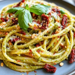 - 8 ounces of pasta (your choice, like spaghetti or penne) - 1 cup sun-dried tomatoes (packed in oil, drained) - 1/2 cup fresh basil leaves - 1/4 cup almonds (or walnuts for a nuttier flavor) - 1/4 cup grated Parmesan cheese (or nutritional yeast for a vegan option) - 2 cloves garlic, minced - 1/3 cup extra-virgin olive oil - Salt and pepper to taste - Fresh basil leaves for garnish - Crushed red pepper flakes (optional, for spice) Choose sun-dried tomatoes packed in oil. This keeps them moist and flavorful. Look for deep red color, which shows they are ripe. Avoid dry, hard tomatoes. They may lack taste. Check the label for added preservatives. The best tomatoes come from regions like Italy or California. These places grow them in sunny conditions. You can swap nuts in the pesto. Use walnuts if you want a richer flavor. For nut-free options, try sunflower seeds. Instead of Parmesan, use nutritional yeast for a vegan twist. It gives a cheesy taste without dairy. You can also add more herbs or spices. Try adding crushed red pepper flakes for heat. If you want a creamier sauce, mix in a splash of cream or yogurt. To start, fill a large pot with water and add salt. Bring the water to a boil. Once boiling, add 8 ounces of your favorite pasta, like spaghetti or penne. Cook according to the package instructions until it is al dente. This means the pasta should be firm yet cooked through. When it’s done, save 1/2 cup of the pasta water. Then, drain the pasta in a colander and set it aside. Now, let’s make the sun dried tomato pesto. Grab a food processor and add 1 cup of drained sun-dried tomatoes. Next, include 1/2 cup of fresh basil leaves. Then, add 1/4 cup of almonds or walnuts for a nutty kick. Toss in 1/4 cup of grated Parmesan cheese and 2 minced garlic cloves. Pulse this mixture until it’s finely chopped. Now, it’s time to emulsify! With the food processor running, slowly drizzle in 1/3 cup of extra-virgin olive oil. Keep blending until the pesto is smooth and creamy. If it feels too thick, add a bit of the reserved pasta water. This will help achieve the right consistency. In a large bowl, combine the cooked pasta and the sun dried tomato pesto. Toss them together well. Make sure every piece of pasta is coated in that rich, flavorful pesto. This step is key for maximum flavor! Finally, season your dish with salt and pepper to taste. If you like a little spice, sprinkle in some crushed red pepper flakes. To serve, plate the pasta warm. Garnish with fresh basil leaves and an extra sprinkle of Parmesan cheese if you wish. Enjoy your delicious sun dried tomato pesto pasta! You can make your sun-dried tomato pesto pasta even better. Add fresh veggies like spinach or arugula for a pop of color. You can also mix in roasted red peppers for a sweet taste. If you love heat, sprinkle in some crushed red pepper flakes. This spice adds a nice kick to your dish. You can even toss in some olives for a briny touch. Experiment and find what you love! The key to a creamy pesto is the right balance of oil. When you blend your ingredients, add olive oil slowly. This helps the pesto get smooth. If it’s too thick, use some reserved pasta water. Just a little will do! It keeps the pesto creamy without making it too oily. Always taste before serving. Adjust salt and pepper as needed. To make your meal even more special, think about sides. A fresh salad with a light vinaigrette pairs well. You can also serve garlic bread on the side. If you want protein, grilled chicken or shrimp works great. Lastly, a glass of white wine complements the flavors. Enjoy your meal with family or friends for a fun experience! {{image_2}} You can easily make this dish vegan. Just swap the Parmesan cheese for nutritional yeast. Nutritional yeast adds a cheesy flavor without dairy. You can also use more nuts, like walnuts, for creaminess. This way, you get a rich taste while keeping it plant-based. If you need gluten-free pasta, many great options exist. Look for pasta made from rice, quinoa, or chickpeas. These pastas work well with the sun-dried tomato pesto. Just follow the cooking time on the package to get the right texture. Your dish will taste just as good! Seasonal ingredients can boost your dish's flavor. In summer, add fresh zucchini or tomatoes. In fall, consider roasted butternut squash or spinach. Just cook these vegetables until tender before mixing them with the pasta. This will create a colorful, tasty meal that changes with the seasons. Store your leftover Sun Dried Tomato Pesto Pasta in an airtight container. This keeps the pasta fresh. It’s best to refrigerate it within two hours of cooking. The pasta will stay good for up to three days. If you want to keep it longer, consider freezing it. To reheat the pasta, use a microwave or a skillet. If using a microwave, heat it in short bursts. Stir between each burst to warm it evenly. If using a skillet, add a splash of water or olive oil. This helps restore moisture. Heat it over medium-low heat until warm. Avoid high heat to keep the texture nice. For meal prep, freeze the pasta in individual portions. Use freezer-safe containers or bags. Make sure to remove excess air from bags before sealing. The pasta can last up to three months in the freezer. When ready to eat, thaw it in the fridge overnight. Reheat as needed for a quick meal. You can use fresh tomatoes, but the flavor will change. Sun-dried tomatoes have a rich taste. They add depth and a hint of sweetness. If you use fresh tomatoes, roast them first. This helps to concentrate their flavor. Sun Dried Tomato Pesto Pasta lasts for about 3 to 5 days in the fridge. Make sure to store it in an airtight container. It’s best to eat it fresh. But if you have leftovers, enjoy them later. You can use any pasta you like! Spaghetti and penne work great. Both shapes hold the pesto well. You can also try fusilli or farfalle. Choose what you enjoy most. Yes, you can make the pesto ahead of time. Store it in an airtight container in the fridge. It will keep for about a week. Just add a little olive oil on top to keep it fresh. You can also freeze it for longer storage. This blog post covered how to make sun-dried tomato pesto pasta. We looked at key ingredients, including quality tomatoes and substitutions. I shared easy steps for cooking pasta and making the pesto. You learned tips for adding flavor and keeping the pesto creamy. We also explored variations like vegan and gluten-free options. In summary, making this dish is simple and fun. I hope you try it and enjoy every bite. Your meals can shine with this tasty recipe!