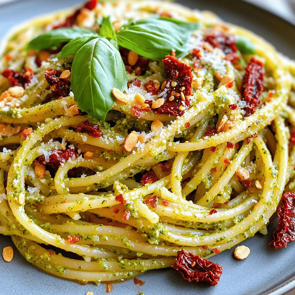 - 8 ounces of pasta (your choice, like spaghetti or penne) - 1 cup sun-dried tomatoes (packed in oil, drained) - ½ cup fresh basil leaves - ¼ cup almonds (or walnuts for a nuttier flavor) - ¼ cup grated Parmesan cheese (or nutritional yeast for a vegan option) - 2 cloves garlic, minced - ⅓ cup extra-virgin olive oil - Salt and pepper to taste - Fresh basil leaves for garnish - Crushed red pepper flakes (optional, for spice) Choose sun-dried tomatoes packed in oil. This keeps them moist and flavorful. Look for deep red color, which shows they are ripe. Avoid dry, hard tomatoes. They may lack taste. Check the label for added preservatives. The best tomatoes come from regions like Italy or California. These places grow them in sunny conditions. You can swap nuts in the pesto. Use walnuts if you want a richer flavor. For nut-free options, try sunflower seeds. Instead of Parmesan, use nutritional yeast for a vegan twist. It gives a cheesy taste without dairy. You can also add more herbs or spices. Try adding crushed red pepper flakes for heat. If you want a creamier sauce, mix in a splash of cream or yogurt. To start, fill a large pot with water and add salt. Bring the water to a boil. Once boiling, add 8 ounces of your favorite pasta, like spaghetti or penne. Cook according to the package instructions until it is al dente. This means the pasta should be firm yet cooked through. When it’s done, save ½ cup of the pasta water. Then, drain the pasta in a colander and set it aside. Now, let’s make the sun dried tomato pesto. Grab a food processor and add 1 cup of drained sun-dried tomatoes. Next, include ½ cup of fresh basil leaves. Then, add ¼ cup of almonds or walnuts for a nutty kick. Toss in ¼ cup of grated Parmesan cheese and 2 minced garlic cloves. Pulse this mixture until it’s finely chopped. Now, it’s time to emulsify! With the food processor running, slowly drizzle in ⅓ cup of extra-virgin olive oil. Keep blending until the pesto is smooth and creamy. If it feels too thick, add a bit of the reserved pasta water. This will help achieve the right consistency. In a large bowl, combine the cooked pasta and the sun dried tomato pesto. Toss them together well. Make sure every piece of pasta is coated in that rich, flavorful pesto. This step is key for maximum flavor! Finally, season your dish with salt and pepper to taste. If you like a little spice, sprinkle in some crushed red pepper flakes. To serve, plate the pasta warm. Garnish with fresh basil leaves and an extra sprinkle of Parmesan cheese if you wish. Enjoy your delicious sun dried tomato pesto pasta! You can make your sun-dried tomato pesto pasta even better. Add fresh veggies like spinach or arugula for a pop of color. You can also mix in roasted red peppers for a sweet taste. If you love heat, sprinkle in some crushed red pepper flakes. This spice adds a nice kick to your dish. You can even toss in some olives for a briny touch. Experiment and find what you love! The key to a creamy pesto is the right balance of oil. When you blend your ingredients, add olive oil slowly. This helps the pesto get smooth. If it’s too thick, use some reserved pasta water. Just a little will do! It keeps the pesto creamy without making it too oily. Always taste before serving. Adjust salt and pepper as needed. To make your meal even more special, think about sides. A fresh salad with a light vinaigrette pairs well. You can also serve garlic bread on the side. If you want protein, grilled chicken or shrimp works great. Lastly, a glass of white wine complements the flavors. Enjoy your meal with family or friends for a fun experience! {{image_2}} You can easily make this dish vegan. Just swap the Parmesan cheese for nutritional yeast. Nutritional yeast adds a cheesy flavor without dairy. You can also use more nuts, like walnuts, for creaminess. This way, you get a rich taste while keeping it plant-based. If you need gluten-free pasta, many great options exist. Look for pasta made from rice, quinoa, or chickpeas. These pastas work well with the sun-dried tomato pesto. Just follow the cooking time on the package to get the right texture. Your dish will taste just as good! Seasonal ingredients can boost your dish's flavor. In summer, add fresh zucchini or tomatoes. In fall, consider roasted butternut squash or spinach. Just cook these vegetables until tender before mixing them with the pasta. This will create a colorful, tasty meal that changes with the seasons. Store your leftover Sun Dried Tomato Pesto Pasta in an airtight container. This keeps the pasta fresh. It’s best to refrigerate it within two hours of cooking. The pasta will stay good for up to three days. If you want to keep it longer, consider freezing it. To reheat the pasta, use a microwave or a skillet. If using a microwave, heat it in short bursts. Stir between each burst to warm it evenly. If using a skillet, add a splash of water or olive oil. This helps restore moisture. Heat it over medium-low heat until warm. Avoid high heat to keep the texture nice. For meal prep, freeze the pasta in individual portions. Use freezer-safe containers or bags. Make sure to remove excess air from bags before sealing. The pasta can last up to three months in the freezer. When ready to eat, thaw it in the fridge overnight. Reheat as needed for a quick meal. You can use fresh tomatoes, but the flavor will change. Sun-dried tomatoes have a rich taste. They add depth and a hint of sweetness. If you use fresh tomatoes, roast them first. This helps to concentrate their flavor. Sun Dried Tomato Pesto Pasta lasts for about 3 to 5 days in the fridge. Make sure to store it in an airtight container. It’s best to eat it fresh. But if you have leftovers, enjoy them later. You can use any pasta you like! Spaghetti and penne work great. Both shapes hold the pesto well. You can also try fusilli or farfalle. Choose what you enjoy most. Yes, you can make the pesto ahead of time. Store it in an airtight container in the fridge. It will keep for about a week. Just add a little olive oil on top to keep it fresh. You can also freeze it for longer storage. This blog post covered how to make sun-dried tomato pesto pasta. We looked at key ingredients, including quality tomatoes and substitutions. I shared easy steps for cooking pasta and making the pesto. You learned tips for adding flavor and keeping the pesto creamy. We also explored variations like vegan and gluten-free options. In summary, making this dish is simple and fun. I hope you try it and enjoy every bite. Your meals can shine with this tasty recipe!