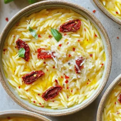 - 1 cup orzo pasta - 2 cups vegetable broth - 1/2 cup sun-dried tomatoes, chopped - 1 cup heavy cream - 1/2 cup grated Parmesan cheese - 1/4 cup fresh basil, chopped - 2 tablespoons olive oil - 2 cloves garlic, minced - Salt and pepper to taste - Crushed red pepper flakes (optional) The orzo pasta is the star of this dish. It cooks up soft and creamy. Sun-dried tomatoes add a sweet, tangy punch. Heavy cream gives it a rich, velvety texture. Parmesan cheese melts in, creating a wonderful depth of flavor. Fresh basil brings a pop of freshness to each bite. Olive oil is vital for sautéing garlic and tomatoes. Garlic adds a savory note that brings it all together. You can adjust the salt and pepper to your liking. If you want a kick, add crushed red pepper flakes. - Alternatives for orzo pasta: You can use rice or quinoa if you need a gluten-free option. Small pasta shapes like ditalini or even couscous work well too. - Substitutes for heavy cream: You can replace heavy cream with coconut milk for a lighter feel. If you want a vegan option, use cashew cream or silken tofu blended until smooth. - Fresh vs. dried herbs: Fresh herbs offer a vibrant taste. Dried herbs can be used in a pinch but may lack the same bright flavor. Use about one-third of the amount if using dried. - Step 1: Sauté garlic Start by heating 2 tablespoons of olive oil in a large saucepan over medium heat. Once hot, add 2 cloves of minced garlic. Sauté the garlic for about 1 minute. You want it fragrant but not browned. - Step 2: Toast sun-dried tomatoes and orzo Next, add 1/2 cup of chopped sun-dried tomatoes. Sauté these for 2-3 minutes. Now, stir in 1 cup of orzo pasta. Let it toast for about 2 minutes. Stir occasionally to avoid burning. - Step 3: Add broth and simmer Pour in 2 cups of vegetable broth. Bring it to a boil. Once boiling, reduce the heat and let it simmer. Cook for about 10-12 minutes. Stir often until the orzo is al dente and most of the broth is absorbed. - Step 4: Stir in heavy cream After the orzo is cooked, stir in 1 cup of heavy cream. Allow it to simmer for an additional 2-3 minutes. This makes the dish creamy and thick. - Step 5: Add Parmesan and basil Remove the pot from heat. Add 1/2 cup of grated Parmesan cheese. Stir until it melts and combines well. Then, fold in 1/4 cup of chopped fresh basil. - Step 6: Adjust seasoning and serve Season with salt, pepper, and optional crushed red pepper flakes to taste. Let the orzo sit for a minute to thicken. Serve hot and enjoy your creamy sun-dried tomato orzo! - How to achieve al dente orzo: To get that perfect bite, cook orzo in boiling vegetable broth. Stir it often to avoid clumps. Start checking for doneness at around 10 minutes. It should be firm but not hard. - Avoiding sticky orzo: To keep orzo from sticking, use enough liquid. Stir it while cooking, too. Adding a splash of olive oil to the pot can also help keep it loose and flowing. - Best side dishes to accompany orzo: Pair your creamy orzo with a light salad. A fresh arugula salad with lemon dressing works well. Grilled vegetables also make a great side. They add color and flavor to your meal. - Creative ways to present the dish: Serve the creamy orzo in shallow bowls. Top each bowl with a sprinkle of Parmesan cheese. Add fresh basil leaves for a pop of color. This makes the dish look as good as it tastes! {{image_2}} You can make creamy sun-dried tomato orzo even better with some fun add-ins. - Adding protein: You can add chicken, shrimp, or tofu. Cook the protein separately and mix it in at the end. This makes the dish heartier and more filling. - Customizing with vegetables: You can toss in spinach, peas, or bell peppers. Fresh spinach adds color and nutrients. Green peas bring a nice sweetness. Bell peppers give a crunch and a pop of flavor. You can also give this dish a twist by adding flavors from other cuisines. - Italian twist with additional herbs: You can mix in some extra herbs like oregano or thyme. These herbs deepen the flavor and make it feel more Italian. - Mediterranean flavors with olives and feta: Adding olives and feta cheese can bring a Mediterranean vibe. They add saltiness and a tangy taste that balances the creaminess of the dish. Feel free to play with these ideas. Mixing flavors can make your orzo unique and delicious! To store leftover creamy sun-dried tomato orzo, let it cool first. Place it in an airtight container. This keeps it fresh and tasty. Store it in the fridge. It will last for about 3 to 4 days. If you want it to last longer, consider freezing it. To reheat your orzo, use the stovetop for the best results. Heat it over medium-low heat in a saucepan. Stir often to keep it creamy. If it seems dry, add a splash of vegetable broth or cream. This adds moisture and brings back its rich texture. You can also use a microwave. Heat it in short bursts, stirring in between. This helps it warm evenly while keeping it creamy. Can I make this dish vegan? Yes, you can make this dish vegan. Use vegetable broth, coconut cream, and nutritional yeast. These swaps keep the flavor rich and creamy. Can I freeze creamy orzo? Freezing creamy orzo is not ideal. The cream may separate when thawed. If you must freeze, add cream after reheating. How to adjust serving sizes for larger groups? To adjust serving sizes, simply multiply the ingredients. For example, use 2 cups of orzo for eight servings. Just remember to increase the broth and cream as well. What can I substitute for Parmesan cheese? You can use nutritional yeast for a vegan option. For a non-vegan choice, try Pecorino Romano or Grana Padano. These cheeses add a similar salty flavor. Are sun-dried tomatoes in oil the same as dry? No, they are not the same. Sun-dried tomatoes in oil are softer and richer in flavor. Dry tomatoes need soaking before use. Choose according to your recipe need. This blog post showed you how to make creamy sun-dried tomato orzo from start to finish. We covered the key ingredients, cooking steps, and tips for perfect results. You learned how to customize the dish and store leftovers effectively. Now it’s your turn to enjoy this dish. Get creative with flavors and toppings. Whether you're serving it at dinner or making it your own, this creamy orzo will impress everyone. Happy cooking!