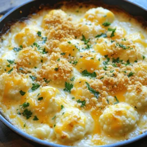 To make this dish, you need: - 1 large head of cauliflower, cut into florets - 1 cup sharp cheddar cheese, shredded - 1 cup Gruyère cheese, shredded - 2 tablespoons butter - 2 cups milk Cauliflower is the star! It adds texture and nutrition. The cheeses bring rich flavor and creaminess. Sharp cheddar gives a nice bite, while Gruyère adds depth. Butter helps create a smooth sauce, and milk makes it creamy. You will also need: - 2 tablespoons all-purpose flour - 1 teaspoon garlic powder - 1 teaspoon onion powder - ½ teaspoon paprika - Salt and pepper to taste - ¼ cup breadcrumbs (for topping) - Fresh parsley, chopped (for garnish) Seasonings elevate the dish. Garlic and onion powders add warmth. Paprika gives a hint of smokiness. Salt and pepper balance the flavors. Breadcrumbs create a crunchy topping, and parsley adds color and freshness. For this recipe, you will use: - A large pot - A large skillet - A whisk - A baking dish (if not using an oven-safe skillet) The pot cooks the cauliflower, while the skillet makes the cheese sauce. A whisk helps combine ingredients smoothly. A baking dish is needed if your skillet isn't oven-safe. Start with one large head of cauliflower. Cut it into small florets. This helps them cook evenly. Bring a big pot of salted water to a boil. Once boiling, add the cauliflower florets. Cook them for about five minutes. They should be slightly tender but still firm. Drain the cauliflower and set it aside. This step helps keep the dish bright and fresh. In a large skillet, melt two tablespoons of butter over medium heat. Whisk in two tablespoons of all-purpose flour. Cook this mixture for one to two minutes until it turns a light golden color. Slowly add two cups of milk, whisking as you go. Keep stirring until the sauce simmers and thickens, which takes about five minutes. Add one teaspoon of garlic powder, one teaspoon of onion powder, and half a teaspoon of paprika. Season with salt and pepper to taste. Now, stir in half of the sharp cheddar and Gruyère cheeses until they melt into a creamy sauce. Gently add the blanched cauliflower to your cheese sauce. Make sure all the florets are well coated. If your skillet isn't oven-safe, transfer the mix to a greased baking dish. Sprinkle the rest of the cheese on top. Add a quarter cup of breadcrumbs for a crunchy topping. Now, place the dish in the preheated oven at 375°F (190°C) and bake for about 25 minutes. Look for a golden, bubbly top. Once done, take it out and let it cool a bit. Garnish with some fresh chopped parsley before serving. Enjoy your Cheesy Cauliflower Au Gratin Skillet! To make the best cheese sauce, start with cold milk. This helps it blend better. Whisk in the flour with the melted butter. Cook it for one to two minutes. This step removes the raw flour taste. Slowly add in the milk while whisking. Keep stirring until it thickens. This should take about five minutes. The sauce should be creamy and smooth. Add garlic powder, onion powder, paprika, salt, and pepper for flavor. Mix in half of both cheeses until they melt. This makes a rich and tasty sauce. Serve the Cheesy Cauliflower Au Gratin directly from the skillet. This gives it a cozy, rustic look. You can sprinkle fresh parsley on top for color. Drizzle a bit of olive oil over it for extra flavor. This dish pairs well with a simple green salad. You can also serve it as a side with grilled meats. It’s a comforting dish that everyone loves. Use a large pot for blanching the cauliflower. A whisk is key for making that smooth cheese sauce. You’ll need a large skillet for cooking and baking. If your skillet isn’t oven-safe, use a greased baking dish. Have a spatula ready for mixing everything well. Lastly, keep a baking dish or tray handy for catching drips. With the right tools, your cooking will go smoothly. {{image_2}} You can easily add protein to Cheesy Cauliflower Au Gratin. Chicken, turkey, or ham work well. Simply cook the meat ahead of time and mix it into the cheese sauce. This adds flavor and makes it a hearty dish. For a lighter option, try cooked shrimp or even tofu. Both pair nicely with the cheese sauce. If you want a dairy-free version, you can swap the cheese and milk. Use unsweetened almond milk or coconut milk for a creamy base. For cheese, try cashew cheese or nutritional yeast. Nutritional yeast gives a cheesy flavor without dairy. These swaps keep the dish creamy and tasty, so you don’t miss the dairy. To add more flavor, think about spices and herbs. A pinch of cayenne pepper gives a nice heat. You could also try adding fresh herbs like thyme or rosemary for a fragrant touch. For a smoky flavor, smoked paprika works great. These additions can change the dish and make it even more exciting. Store your Cheesy Cauliflower Au Gratin in an airtight container. It stays fresh for about 3 to 4 days in the fridge. Make sure it cools down first. This way, the steam won’t make it soggy. When you are ready to enjoy it again, just take it out and warm it up. You can freeze leftovers too! Place the dish in a freezer-safe container. It will keep well for up to 2 months. If you freeze it, cover it tightly with plastic wrap and then foil. This helps prevent freezer burn. To reheat, let it thaw in the fridge overnight before warming. Reheat your Cheesy Cauliflower Au Gratin in the oven for the best results. Preheat your oven to 350°F (175°C). Place the dish in a baking pan. You can add a splash of milk to keep it creamy. Bake for about 20 minutes or until it is heated through. If you want a crispy top, broil it for a few minutes at the end. Just watch it closely so it doesn’t burn! Yes, you can prepare Cheesy Cauliflower Au Gratin in advance. Cook the cauliflower and make the cheese sauce. Mix them together, but do not bake yet. Store the mixture in the fridge for up to two days. When you are ready to eat, transfer it to a skillet or baking dish. Top with cheese and breadcrumbs, then bake as directed. This saves time and makes meals easier. If you don’t have Gruyère cheese, don’t worry. You can use Swiss cheese as a great alternative. It melts well and has a similar taste. Another option is to mix sharp cheddar with mozzarella. This blend adds creaminess and flavor. Feel free to experiment with other cheeses, but aim for good melting types. No, this recipe is not gluten-free because it uses all-purpose flour. However, you can easily make it gluten-free. Use a gluten-free flour blend instead of regular flour when making the cheese sauce. Check the breadcrumbs too; choose gluten-free ones to keep the dish safe for gluten-free diets. Enjoy this creamy treat without worry! This blog covered how to make Cheesy Cauliflower Au Gratin. We explored ingredients like cauliflower and dairy, as well as essential equipment. I shared step-by-step instructions to prep, make the sauce, and bake the dish. You found tips for a better cheese sauce and ideas for serving. Variations let you add protein and spice. Finally, I gave storage tips to keep leftovers tasty. You can make this dish your own while enjoying its rich flavors. It's easy to prepare and makes a great meal any time.