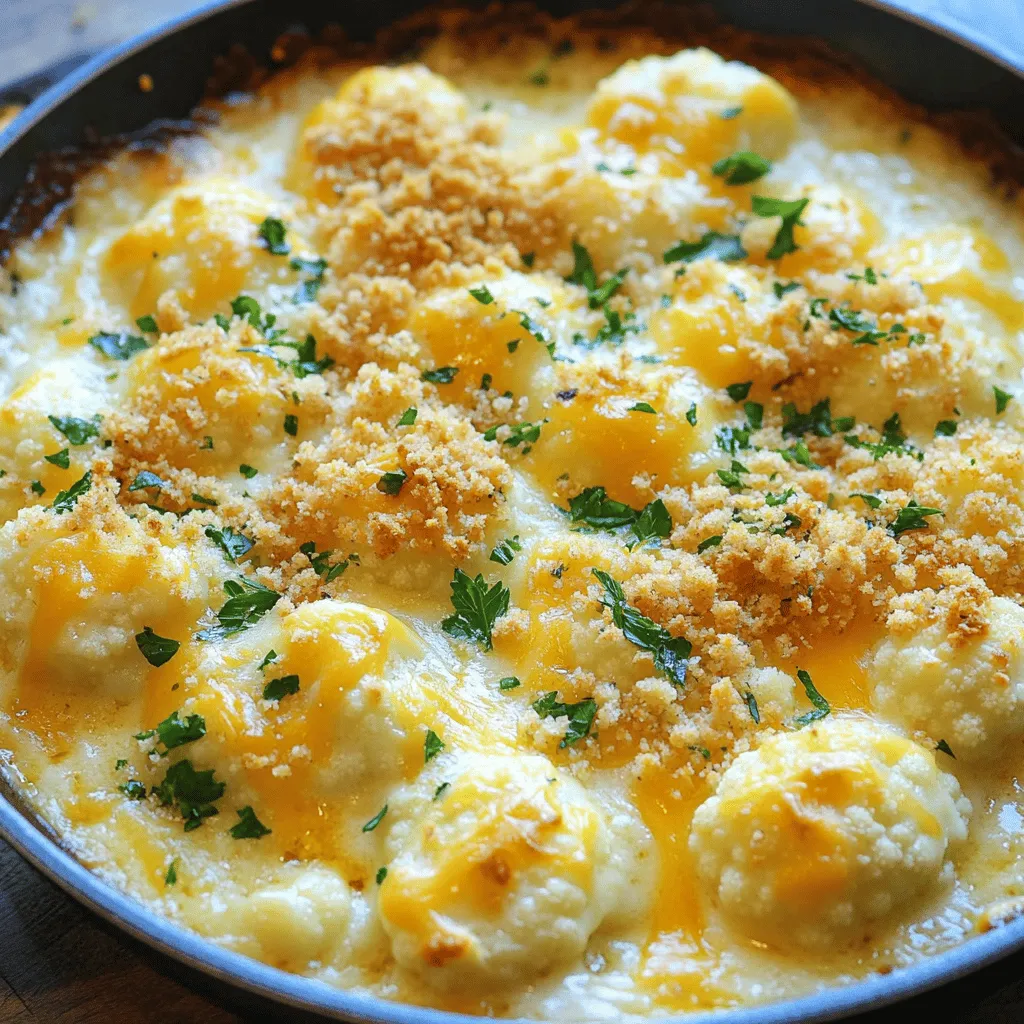 To make this dish, you need: - 1 large head of cauliflower, cut into florets - 1 cup sharp cheddar cheese, shredded - 1 cup Gruyère cheese, shredded - 2 tablespoons butter - 2 cups milk Cauliflower is the star! It adds texture and nutrition. The cheeses bring rich flavor and creaminess. Sharp cheddar gives a nice bite, while Gruyère adds depth. Butter helps create a smooth sauce, and milk makes it creamy. You will also need: - 2 tablespoons all-purpose flour - 1 teaspoon garlic powder - 1 teaspoon onion powder - ½ teaspoon paprika - Salt and pepper to taste - ¼ cup breadcrumbs (for topping) - Fresh parsley, chopped (for garnish) Seasonings elevate the dish. Garlic and onion powders add warmth. Paprika gives a hint of smokiness. Salt and pepper balance the flavors. Breadcrumbs create a crunchy topping, and parsley adds color and freshness. For this recipe, you will use: - A large pot - A large skillet - A whisk - A baking dish (if not using an oven-safe skillet) The pot cooks the cauliflower, while the skillet makes the cheese sauce. A whisk helps combine ingredients smoothly. A baking dish is needed if your skillet isn't oven-safe. Start with one large head of cauliflower. Cut it into small florets. This helps them cook evenly. Bring a big pot of salted water to a boil. Once boiling, add the cauliflower florets. Cook them for about five minutes. They should be slightly tender but still firm. Drain the cauliflower and set it aside. This step helps keep the dish bright and fresh. In a large skillet, melt two tablespoons of butter over medium heat. Whisk in two tablespoons of all-purpose flour. Cook this mixture for one to two minutes until it turns a light golden color. Slowly add two cups of milk, whisking as you go. Keep stirring until the sauce simmers and thickens, which takes about five minutes. Add one teaspoon of garlic powder, one teaspoon of onion powder, and half a teaspoon of paprika. Season with salt and pepper to taste. Now, stir in half of the sharp cheddar and Gruyère cheeses until they melt into a creamy sauce. Gently add the blanched cauliflower to your cheese sauce. Make sure all the florets are well coated. If your skillet isn't oven-safe, transfer the mix to a greased baking dish. Sprinkle the rest of the cheese on top. Add a quarter cup of breadcrumbs for a crunchy topping. Now, place the dish in the preheated oven at 375°F (190°C) and bake for about 25 minutes. Look for a golden, bubbly top. Once done, take it out and let it cool a bit. Garnish with some fresh chopped parsley before serving. Enjoy your Cheesy Cauliflower Au Gratin Skillet! To make the best cheese sauce, start with cold milk. This helps it blend better. Whisk in the flour with the melted butter. Cook it for one to two minutes. This step removes the raw flour taste. Slowly add in the milk while whisking. Keep stirring until it thickens. This should take about five minutes. The sauce should be creamy and smooth. Add garlic powder, onion powder, paprika, salt, and pepper for flavor. Mix in half of both cheeses until they melt. This makes a rich and tasty sauce. Serve the Cheesy Cauliflower Au Gratin directly from the skillet. This gives it a cozy, rustic look. You can sprinkle fresh parsley on top for color. Drizzle a bit of olive oil over it for extra flavor. This dish pairs well with a simple green salad. You can also serve it as a side with grilled meats. It’s a comforting dish that everyone loves. Use a large pot for blanching the cauliflower. A whisk is key for making that smooth cheese sauce. You’ll need a large skillet for cooking and baking. If your skillet isn’t oven-safe, use a greased baking dish. Have a spatula ready for mixing everything well. Lastly, keep a baking dish or tray handy for catching drips. With the right tools, your cooking will go smoothly. {{image_2}} You can easily add protein to Cheesy Cauliflower Au Gratin. Chicken, turkey, or ham work well. Simply cook the meat ahead of time and mix it into the cheese sauce. This adds flavor and makes it a hearty dish. For a lighter option, try cooked shrimp or even tofu. Both pair nicely with the cheese sauce. If you want a dairy-free version, you can swap the cheese and milk. Use unsweetened almond milk or coconut milk for a creamy base. For cheese, try cashew cheese or nutritional yeast. Nutritional yeast gives a cheesy flavor without dairy. These swaps keep the dish creamy and tasty, so you don’t miss the dairy. To add more flavor, think about spices and herbs. A pinch of cayenne pepper gives a nice heat. You could also try adding fresh herbs like thyme or rosemary for a fragrant touch. For a smoky flavor, smoked paprika works great. These additions can change the dish and make it even more exciting. Store your Cheesy Cauliflower Au Gratin in an airtight container. It stays fresh for about 3 to 4 days in the fridge. Make sure it cools down first. This way, the steam won’t make it soggy. When you are ready to enjoy it again, just take it out and warm it up. You can freeze leftovers too! Place the dish in a freezer-safe container. It will keep well for up to 2 months. If you freeze it, cover it tightly with plastic wrap and then foil. This helps prevent freezer burn. To reheat, let it thaw in the fridge overnight before warming. Reheat your Cheesy Cauliflower Au Gratin in the oven for the best results. Preheat your oven to 350°F (175°C). Place the dish in a baking pan. You can add a splash of milk to keep it creamy. Bake for about 20 minutes or until it is heated through. If you want a crispy top, broil it for a few minutes at the end. Just watch it closely so it doesn’t burn! Yes, you can prepare Cheesy Cauliflower Au Gratin in advance. Cook the cauliflower and make the cheese sauce. Mix them together, but do not bake yet. Store the mixture in the fridge for up to two days. When you are ready to eat, transfer it to a skillet or baking dish. Top with cheese and breadcrumbs, then bake as directed. This saves time and makes meals easier. If you don’t have Gruyère cheese, don’t worry. You can use Swiss cheese as a great alternative. It melts well and has a similar taste. Another option is to mix sharp cheddar with mozzarella. This blend adds creaminess and flavor. Feel free to experiment with other cheeses, but aim for good melting types. No, this recipe is not gluten-free because it uses all-purpose flour. However, you can easily make it gluten-free. Use a gluten-free flour blend instead of regular flour when making the cheese sauce. Check the breadcrumbs too; choose gluten-free ones to keep the dish safe for gluten-free diets. Enjoy this creamy treat without worry! This blog covered how to make Cheesy Cauliflower Au Gratin. We explored ingredients like cauliflower and dairy, as well as essential equipment. I shared step-by-step instructions to prep, make the sauce, and bake the dish. You found tips for a better cheese sauce and ideas for serving. Variations let you add protein and spice. Finally, I gave storage tips to keep leftovers tasty. You can make this dish your own while enjoying its rich flavors. It's easy to prepare and makes a great meal any time.