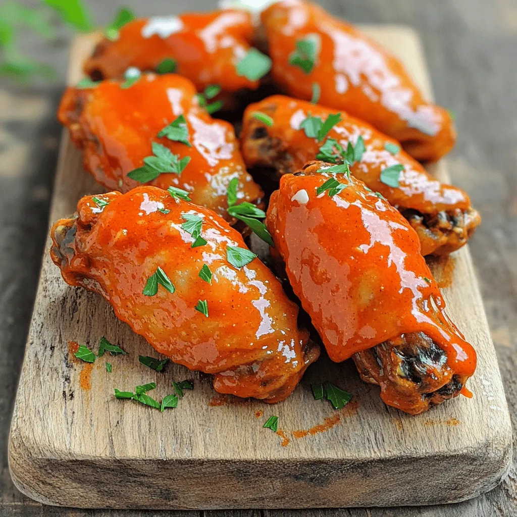 - 2 lbs chicken wings - 1 tablespoon olive oil - 1 teaspoon garlic powder - 1 teaspoon onion powder - 1 teaspoon smoked paprika - 1 teaspoon salt - ½ teaspoon black pepper - ½ cup buffalo sauce - ¼ cup ranch dressing - Fresh parsley, chopped (for garnish) To make Buffalo Ranch Wings in the air fryer, you need key ingredients. First, the chicken wings. They are the star of this dish. For flavor, we add olive oil, garlic powder, onion powder, and smoked paprika. These make the wings tasty and help them crisp up. Next, we season with salt and black pepper. These two ingredients bring out the natural flavors of the chicken. For the sauce, buffalo sauce adds heat and tang. Ranch dressing gives a cool, creamy balance. Finally, fresh parsley adds color and freshness when you serve the wings. Gather these ingredients. You’ll love how they come together to create a crispy, flavorful dish! 1. Patting the chicken wings dry: Start by drying the wings with paper towels. This step is key to making them crispy. Removing excess moisture will give you that perfect crunch. 2. Seasoning the wings evenly: In a large bowl, mix 1 tablespoon of olive oil, 1 teaspoon garlic powder, 1 teaspoon onion powder, 1 teaspoon smoked paprika, 1 teaspoon salt, and ½ teaspoon black pepper. Toss the wings in this mix until they are fully coated. This will ensure each bite is packed with flavor. 1. Preheating the air fryer: Set your air fryer to 380°F (190°C) and let it heat for about 5 minutes. Preheating helps the wings cook evenly and get that crispy texture. 2. Cooking instructions and tips: Place the seasoned wings in a single layer in the air fryer basket. Avoid overcrowding, as this can lead to uneven cooking. Cook for about 25-30 minutes. Shake the basket halfway through to ensure even crispiness. You will know they are done when they turn golden brown. 1. Tossing wings in buffalo sauce: Once the wings are cooked, move them to a large bowl. Pour ½ cup of buffalo sauce over the wings. Toss well until each wing is fully coated. The buffalo sauce adds a spicy kick that pairs perfectly with the ranch. 2. Garnishing with parsley: To finish, sprinkle chopped fresh parsley on top. This not only adds color but also a fresh taste to balance the flavors. You can also serve ranch dressing on the side for dipping. To get crispy wings, start by drying them well. Use paper towels to pat them dry. Removing moisture is key for a crunchy finish. Next, cook your wings at the right temperature. Set your air fryer to 380°F (190°C). This hot air cooks the wings quickly, making them crispy. Cooking for 25-30 minutes gives you that golden brown look. Shake the basket halfway to ensure even cooking. You can boost the flavor with extra spices. Try adding cayenne for heat or smoked paprika for depth. Marinades also work wonders. For a zesty twist, let wings sit in buffalo sauce for an hour before cooking. You can even use other sauces like BBQ or teriyaki to change things up. Don’t forget to add fresh herbs for extra taste! Avoid overcrowding the air fryer. If you pack too many wings, they won’t cook evenly. Cook in smaller batches for the best results. If you want to make more, cook them in groups. Keep the first batch warm in the oven at a low heat. This way, you serve all wings hot and crispy! {{image_2}} You can change the flavor of your buffalo ranch wings easily. To add heat, try using cayenne pepper or chili powder. These spices give a nice kick. You can also mix in some hot sauce for extra fire. If you want a new sauce, consider BBQ or teriyaki. Both add a different taste and make the wings fun. You can even blend buffalo sauce with honey for a sweet twist. The options are endless! If you don’t have an air fryer, you can still enjoy these wings. Baking is a great option. Preheat your oven to 400°F (200°C). Spread the seasoned wings on a baking sheet. Bake for 40-45 minutes until crispy. Deep-frying is another method. Heat oil in a pot to 350°F (175°C). Fry the wings in small batches for about 8-10 minutes. This gives you that crunchy texture that everyone loves. Not every wing lover eats chicken. You can use drumsticks instead of wings. They cook the same way and taste great. If you want a plant-based option, try cauliflower wings. Cut cauliflower into bite-sized pieces and toss them in the same seasonings. For gluten-free wings, just make sure your sauces are gluten-free. If you want lower calories, consider using skinless chicken wings. These options still give you that tasty buffalo ranch flavor without all the extra fat. To keep your cooked wings fresh, store them in an airtight container. This helps prevent moisture loss. If you have a lot of wings, use a large container. Always let them cool down first. I like to use glass containers as they do not absorb odors. You can also wrap them tightly in plastic wrap or foil. The best way to reheat wings is in the air fryer. Set it to 350°F (175°C) and heat for about 5-8 minutes. This keeps them crispy. If you don't have an air fryer, you can use an oven. Preheat it to 350°F (175°C) and place the wings on a baking sheet. Heat for 10-15 minutes. A microwave is the least recommended option, as it can make wings soggy. To freeze wings, let them cool completely first. Place them in a freezer-safe bag or container. Make sure to remove as much air as possible. They can last up to three months in the freezer. When you’re ready to cook them, do not thaw. Preheat your air fryer to 380°F (190°C) and cook for about 30-35 minutes. Shake the basket halfway through for even cooking. Enjoy your wings any time! Cook buffalo wings in an air fryer for 25 to 30 minutes at 380°F (190°C). Shake the basket halfway through. This helps ensure even cooking and crispiness. Wings should be golden brown when done. Yes, you can make these wings ahead of time. Cook the wings fully and then let them cool. Store them in the fridge. When ready to serve, reheat in the air fryer for about 10 minutes for best results. The best buffalo sauce is one that matches your taste. I recommend a classic hot sauce with a bit of butter for richness. Brands like Frank’s RedHot or Crystal are popular choices. You can also make your own by mixing hot sauce with melted butter. Buffalo ranch wings have a mild to medium heat level. The spice comes from the buffalo sauce. If you want less heat, use less buffalo sauce or choose a milder brand. The ranch dressing helps cool down the spice, making it a great mix. Yes, you can use frozen chicken wings. Just cook them for a little longer, around 30 to 35 minutes at the same temperature. Make sure they are fully cooked and reach an internal temperature of 165°F (74°C). You can create delicious buffalo ranch wings at home with easy steps. Start with quality ingredients like chicken, seasonings, and sauces. Follow the simple preparation and cooking methods to achieve crispy, flavorful wings. Don't forget to experiment with variations and cooking techniques that suit your taste. Proper storage ensures leftovers stay fresh, and reheating tips help maintain texture. Enjoy your tasty wings with friends, and don't hesitate to try new flavors. Cooking can be fun and rewarding, so dive in and create your perfect buffalo ranch wings!