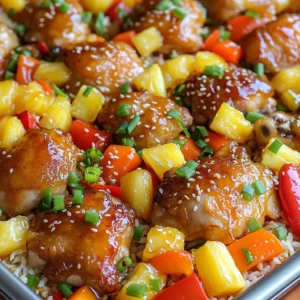 - 1 lb boneless, skinless chicken thighs, cut into bite-sized pieces - 1 bell pepper (red or yellow), diced - 1 cup pineapple chunks (fresh or canned) - 1 medium onion, cut into wedges - 2 carrots, sliced - 3 tablespoons cornstarch - 1/4 cup soy sauce (low sodium) - 1/4 cup ketchup - 2 tablespoons honey - 1 tablespoon apple cider vinegar - 1 teaspoon garlic powder - 1 teaspoon ginger powder - Salt and pepper to taste - 2 tablespoons sesame oil (or olive oil) - Chopped green onions - Sesame seeds - You can use chicken breast instead of thighs for a leaner option. - If you prefer plant-based meals, try tofu or tempeh. - Swap out the bell pepper for zucchini or broccoli. - Use any favorite veggies like snap peas or baby corn. These ingredients work together to create a bright and tasty dish. The chicken thighs stay juicy, while the veggies add crunch. The sweet and sour sauce gives it a zesty kick that kids love and adults enjoy. 1. Preheat your oven to 400°F (200°C). This helps cook the chicken evenly. 2. Line a large baking sheet with parchment paper. It makes cleanup easy. 3. In a large mixing bowl, add 1 lb of chicken thighs. 4. Sprinkle 3 tablespoons of cornstarch over the chicken. 5. Add salt and pepper to taste. 6. Toss the chicken until it is fully coated in cornstarch. 1. In a separate bowl, combine the diced bell pepper, onion wedges, sliced carrots, and pineapple chunks. 2. Pour the sweet and sour sauce over the vegetables. This sauce includes 1/4 cup soy sauce, 1/4 cup ketchup, 2 tablespoons honey, 1 tablespoon apple cider vinegar, 1 teaspoon garlic powder, and 1 teaspoon ginger powder. 3. Mix well to coat all the vegetables in the sauce. 1. Spread the chicken and vegetable mixture evenly on the prepared baking sheet. 2. Make sure everything is in a single layer for even cooking. 3. Bake in the preheated oven for 25-30 minutes. Stir halfway through for even cooking. 4. Check if the chicken is cooked through and the vegetables are tender before serving. 5. Allow it to cool slightly before you enjoy your meal with family or friends. To make sure your chicken cooks evenly, spread it out on the pan. Use a large baking sheet and keep everything in one layer. Stir halfway through cooking to allow heat to reach all pieces. If you want a sweeter or tangier sauce, adjust the honey or vinegar levels. Taste the sauce before pouring it over the chicken and veggies. This way, you can tweak it to fit your family's liking. Serve your sweet and sour chicken over jasmine rice or quinoa for a tasty meal. You can also pair it with a fresh green salad. To present it nicely, use a large platter and arrange the chicken and veggies in colorful sections. Sprinkle chopped green onions and sesame seeds on top for a pop of color and crunch. For meal prep, you can chop the chicken and veggies a day ahead. Store them in the fridge until you are ready to cook. Cleanup can be a breeze if you line your baking sheet with parchment paper. This will keep the pan clean and help with easy serving. After dinner, soak your mixing bowls in warm, soapy water right away to make washing them easier. {{image_2}} You can easily change the protein in this dish. - Using chicken breast: Swap the thighs for boneless, skinless chicken breasts. Cut them into small pieces for even cooking. This makes a leaner meal. - Vegetarian or vegan options: Use tofu or tempeh instead of chicken. Press the tofu to remove excess water. Cut it into bite-sized pieces and coat it like chicken. This gives a great texture and absorbs the sauce well. Want to shake things up? Here are some ideas: - Adding spices or heat: Add a pinch of red pepper flakes for some spice. You could also use sriracha in the sauce for a kick. - Tropical twists with different fruits: Instead of pineapple, try mango or kiwi. These fruits add a fun twist and a sweet taste. Make this meal even better: - Incorporating additional sides: Add broccoli or snap peas to the pan. They cook well and add color. You can also serve the meal with rice or quinoa for a complete dinner. - Modifying for different cuisines: Change the sauce to fit other flavors. Use teriyaki sauce for a Japanese touch. Or try a peanut sauce for a Thai twist. This keeps dinner fresh and exciting! Store any leftover sweet and sour chicken in an airtight container. Glass containers work well for this. You can also use plastic containers. The dish stays fresh for about 3 to 4 days in the fridge. To reheat, use the oven or the microwave. For the oven, set it to 350°F (175°C). Place the chicken in a baking dish and cover it with foil. Heat for about 15 minutes. In the microwave, heat on medium for 2-3 minutes. Stir halfway through to ensure even heating. This keeps the chicken juicy and the veggies firm. You can freeze the sweet and sour chicken. Let it cool completely first. Place it in freezer-safe bags or containers. It lasts for up to 3 months in the freezer. When ready to eat, move it to the fridge to thaw overnight. You can also reheat it straight from frozen. Just add a few extra minutes to the cooking time. Can I use frozen chicken? Yes, you can use frozen chicken. Just thaw it first. This helps it cook evenly. If you use frozen chicken, increase the baking time by 5 to 10 minutes. Always check the internal temperature. It should reach 165°F (74°C). What can I substitute for soy sauce? You can use coconut aminos or tamari for a soy sauce substitute. Both options offer a similar flavor. You can also try a mix of broth and vinegar for a different taste. Adjust the amount to match your flavor preference. How to make it gluten-free? To make this dish gluten-free, swap soy sauce for tamari or coconut aminos. These options keep the flavor without the gluten. Always check labels to ensure no hidden gluten is present. Can I use fresh vegetables? Yes, you can use fresh vegetables. Fresh bell peppers, carrots, and onions add great flavor. You can also add broccoli or snap peas for a crunchy twist. Just cut them into similar sizes for even cooking. What to do if the chicken is undercooked? If the chicken is undercooked, return it to the oven. Bake for another 5 to 10 minutes. Check the temperature again to ensure it reaches 165°F (74°C). Why did my sauce not thicken? If your sauce did not thicken, it might need more cornstarch. Mix a little cornstarch with water. Stir it into the sauce while cooking. Heat it until it thickens to your liking. This blog post covered key ingredients like chicken thighs, veggies, and sweet and sour sauce. I shared tips on preparation, cooking, and serving your dish. You learned about protein alternatives and flavor changes to make it your own. I also gave you advice on storage and reheating for leftovers. Cooking should bring joy and creativity to your meals. Now you have the tools to explore new flavors and make fun dishes any day. Enjoy your cooking journey!