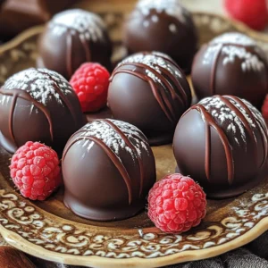 - 8 oz dark chocolate (70% cocoa or higher), chopped - ½ cup heavy cream - 1 teaspoon vanilla extract - 1 cup fresh raspberries (plus a few for garnish) - 1 cup cocoa powder (for rolling) - ¼ cup powdered sugar (for rolling) - Pinch of sea salt - Alternative chocolate options: If you prefer a sweeter chocolate, use semi-sweet chocolate. You can also try milk chocolate, but it will change the flavor. - Vegan cream substitutes: Use coconut cream or almond milk for a vegan option. These will give a rich texture, too. - Fresh vs. frozen raspberries: Fresh raspberries work best for flavor and texture. Frozen can be used, but they may be mushy after thawing. If using frozen, drain excess water before mixing. Heating the heavy cream Start by putting the heavy cream in a medium saucepan. Heat it on low. Watch it closely. You want it hot but not boiling. This step helps the chocolate melt well. Melting and mixing chocolate Once the cream is hot, take it off the heat. Add the chopped dark chocolate right away. Stir until the chocolate melts into the cream. The mixture should be smooth and shiny. This is where the magic begins! Incorporating flavors Now, mix in the vanilla extract and a pinch of sea salt. These flavors add depth to the truffles. Then, gently fold in the fresh raspberries. Be careful not to crush them too much. You want small pieces for bursts of flavor. Chilling the mixture Let the chocolate mixture cool at room temperature. After about 30 minutes, cover it. Place it in the fridge for about 2 hours. The mixture needs to be firm enough to handle. Rolling into balls When the chocolate is ready, scoop out small portions. Use a teaspoon or a melon baller. Roll each portion into a ball with your hands. Keep them small and round for a lovely shape. Coating techniques In a shallow bowl, mix cocoa powder and powdered sugar. Roll each truffle in this mix until well coated. This adds a nice texture and look to your truffles. Refrigeration process Place the rolled truffles on a parchment-lined tray. Put them back in the fridge for about 30 minutes. This helps them set well and hold their shape. Presentation recommendations Serve the truffles on a nice plate. Add a few fresh raspberries on top. A light dusting of cocoa powder makes them look fancy. For extra flair, drizzle some melted chocolate over them before serving. Enjoy your creation! - Overheating the chocolate: Heat the cream until it’s just about to simmer. If you boil it, the chocolate can seize up and become grainy. - Incorrect chilling time: Allow the mixture to chill for at least two hours. If it’s too soft, rolling the truffles will be messy. - Folding in raspberries without breaking them: Use a gentle hand when folding in the raspberries. This keeps them intact and adds lovely bursts of flavor. - Achieving the right size for truffles: Aim for a bite-sized ball, about one inch in diameter. This size ensures a good chocolate-to-raspberry ratio. - Adding extracts or spices: Try adding a touch of almond extract or a sprinkle of cinnamon for extra flavor depth. Just a little goes a long way! - Using different rolling ingredients: Besides cocoa powder and powdered sugar, consider rolling in crushed nuts or coconut for added texture and taste. Feel free to explore these tips to make your truffles even more delightful! {{image_2}} You can tweak the flavor of your truffles. One option is to add orange zest. This gives a fresh, citrusy kick. Mix the zest into the melted chocolate before adding the raspberries. Another great choice is mint-infused truffles. Add a few drops of mint extract to the chocolate. It adds a cool taste that pairs well with dark chocolate. If you need gluten-free options, you are in luck! All the ingredients in this recipe are naturally gluten-free. Just make sure to check for any cross-contamination. For vegan versions, swap the heavy cream for coconut cream. Use dairy-free chocolate for a fully vegan treat. This way, everyone can enjoy these truffles. How you present your truffles can be fun! Serve them on a decorative plate. Add some fresh raspberries for color. A light dusting of cocoa powder on top makes them look fancy. You can also drizzle melted chocolate over them for extra flair. For special occasions, think about themed garnishes. Use sprinkles or edible flowers to match your event. These ideas make your truffles not just tasty, but beautiful too! To keep your dark chocolate raspberry truffles fresh, store them properly. - Refrigerating truffles: Place them in an airtight container. This keeps them cool and prevents them from absorbing odors. They are best stored in the fridge for short-term use. - Freezing instructions for long-term storage: For longer storage, freeze the truffles. Arrange them in a single layer on a tray. Once frozen, transfer them to a freezer-safe bag. They can last up to three months in the freezer. When you're ready to enjoy them, let them thaw in the fridge overnight. How long do these truffles last? In the fridge, dark chocolate raspberry truffles stay fresh for about one week. What are the signs of truffle spoilage? Look for changes in texture or smell. If they develop an off odor or appear dry, it's best to toss them. Enjoy your truffles while they're fresh for the best taste! To make dark chocolate raspberry truffles, follow these basic steps: 1. Heat heavy cream in a saucepan over low heat until it's almost simmering. 2. Remove from heat and stir in chopped dark chocolate. Mix until smooth. 3. Add vanilla extract and a pinch of sea salt for flavor. 4. Fold in fresh raspberries gently so they don’t break. 5. Cool the mixture at room temperature. Then refrigerate for about 2 hours. 6. Once firm, scoop out small portions and roll them into balls. 7. Roll each ball in a mix of cocoa powder and powdered sugar. 8. Place on a tray and refrigerate for another 30 minutes to set. Yes! You can use various fruits in your truffles. Here are some options: - Strawberries: They add a sweet and tangy flavor. - Cherries: These give a rich, fruity taste and pair well with chocolate. - Blueberries: They add a burst of flavor and are easy to fold in. - Peaches: These can add a soft, juicy texture for a unique twist. Feel free to experiment with fruits you love! To melt dark chocolate perfectly, follow these tips: - Use a double boiler. Place a heatproof bowl over simmering water. This keeps the chocolate from direct heat. - Stir often. This helps the chocolate melt evenly and prevents burning. - If using a microwave, heat in short intervals. Start with 15 seconds, then stir, and repeat until melted. - Always remove the chocolate from heat before it’s fully melted. It will continue to melt from residual heat. Using these methods ensures smooth, melted chocolate for your truffles. You now know how to make dark chocolate raspberry truffles. We covered key ingredients like dark chocolate and fresh raspberries. I shared step-by-step instructions to guide your process. We explored tips to avoid common mistakes and enhance flavor. Finally, I highlighted variations to suit different tastes and dietary needs. With this knowledge, you can create delightful truffles that impress everyone. Enjoy the fun of making your own sweet treats!